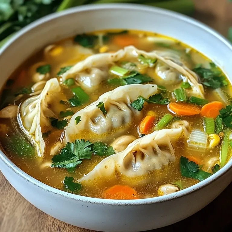 - 20 store-bought gyoza (potstickers) - 6 cups chicken or vegetable broth - 1 tablespoon sesame oil - 1 garlic clove, finely minced - 1-inch piece of fresh ginger, finely minced - 1 cup bok choy, roughly chopped - 1 cup mushrooms, thinly sliced - 1 medium carrot, julienned or thinly sliced - 2 green onions, finely chopped - 2 tablespoons soy sauce - Sea salt and freshly ground black pepper to taste - Fresh cilantro leaves for garnish (optional) For gyoza, I suggest using brands like Ling Ling or Trader Joe’s. They make tasty potstickers that cook well. For broth, look for low-sodium options from Pacific Foods or Swanson. These brands offer rich flavors without too much salt. In spring, add fresh peas or asparagus for a pop of color. In fall, try adding diced pumpkin or sweet potato for warmth. In winter, you can use hearty greens like kale for an extra boost. These variations keep your soup fresh and fun all year round! {{ingredient_image_2}} Start by heating sesame oil in a large pot over medium heat. Once it’s hot, add minced garlic and ginger. Sauté for about one minute until they are fragrant and lightly golden. This step fills your kitchen with a warm aroma. Next, carefully pour in six cups of chicken or vegetable broth. Stir it well and bring the broth to a gentle simmer. This helps the flavors mix perfectly. Add sliced mushrooms and julienned carrots. Let them cook for about five minutes, until they are tender. Then, gently add the gyoza to the pot. Cook them for six to eight minutes, ensuring they heat through and are soft. Now, add the chopped bok choy and green onions. Stir in two tablespoons of soy sauce. Cook for another two to three minutes, just until the bok choy wilts but stays bright green. Taste the soup and adjust the seasoning with sea salt and black pepper if needed. Finally, ladle the soup into bowls and garnish with fresh cilantro leaves if you wish. Enjoy your warm, comforting gyoza soup! To cook gyoza just right, follow these steps. First, heat the broth gently. Add the gyoza carefully to avoid breaking them. Cook them for 6-8 minutes. Check that they are hot and tender. Use a slotted spoon to lift them out. This helps keep their shape and texture. Taste is key in any dish. Start with the basic flavors of garlic and ginger. Add soy sauce for depth. If you want more heat, add a pinch of chili flakes. Fresh herbs like cilantro can brighten the soup. Always taste before serving. Adjust sea salt and pepper to your liking. When serving the soup, use deep bowls to show off the colors. Garnish with fresh cilantro leaves. A sprinkle of sesame seeds adds crunch. You can add a lime wedge for a zesty touch. These little details make your dish pop and look inviting. Enjoy your beautiful gyoza soup! Pro Tips Choose Fresh Ingredients: Always opt for fresh bok choy and mushrooms to enhance the flavor and texture of your soup. Customize Gyoza Filling: If you have time, consider making your own gyoza with a filling of your choice for a personalized touch. Adjust Seasoning to Taste: Before serving, taste the soup and adjust the soy sauce and pepper based on your preference for saltiness. Add a Kick: For a spicy twist, include some chili oil or fresh sliced chili peppers when serving the soup. {{image_4}} To make a vegetarian or vegan version of gyoza soup, swap the broth. Use vegetable broth instead of chicken broth. For gyoza, choose vegetable-filled types. You can find many options in stores. Mushrooms add a nice chew. Use shiitake or button mushrooms for great flavor. Bok choy and carrots bring color and crunch. If you love heat, spice up your gyoza soup! Add sliced fresh chili peppers to the broth. You can also mix in chili oil or sriracha for a kick. A dash of red pepper flakes works well, too. Adjust the amount based on your spice level. For a smoky flavor, try adding smoked paprika. To make this soup gluten-free, choose gluten-free gyoza. Some brands offer rice flour options. Be sure to use gluten-free soy sauce, also known as tamari. It tastes just as good! For the broth, check labels carefully. Many store-bought broths contain gluten. Making your own broth is a great option, too. This way, you control all the ingredients. To store leftovers, let the soup cool down. Then, pour it into a clean container. Make sure the lid fits tightly. You can keep the soup in the fridge for up to three days. If you notice any signs of spoilage, toss it out. When you want to eat the soup again, pour it into a pot. Heat it over medium heat. Stir it often to warm it evenly. If the soup is too thick, add a splash of broth or water. You can also use the microwave. Just heat it in a bowl for about two to three minutes. Stop to stir it halfway through for even warming. If you want to freeze the soup, let it cool completely first. Pour it into freezer-safe bags or containers. Leave some space at the top. This helps the soup expand when it freezes. You can freeze it for up to three months. When you’re ready to eat it, thaw it overnight in the fridge. Then reheat it on the stove or in the microwave. Enjoy your comforting gyoza soup anytime! Yes, you can use homemade gyoza. Just make sure they are cooked well. Fresh gyoza add a personal touch. They can enhance the flavor of your soup. Use your favorite filling for the gyoza. Chicken or vegetable broth works best for gyoza soup. Chicken broth gives a rich flavor. Vegetable broth is great for a lighter taste. Try low-sodium options for better control over salt. Homemade broth can enhance the soup even more. To spice up your gyoza soup, add chili oil or fresh chili. You can also use Sriracha for a kick. Try adding sliced jalapeños for freshness. A sprinkle of crushed red pepper works well too. Adjust the spice level to suit your taste. This post covered all you need for a tasty gyoza soup. We discussed key ingredients, cooking steps, and helpful tips. I shared variations for different diets and took you through storing leftovers properly. Remember, this soup is easy to make and adapt to your tastes. Don’t be afraid to experiment. Enjoy your cooking and share your own twist with friends and family!