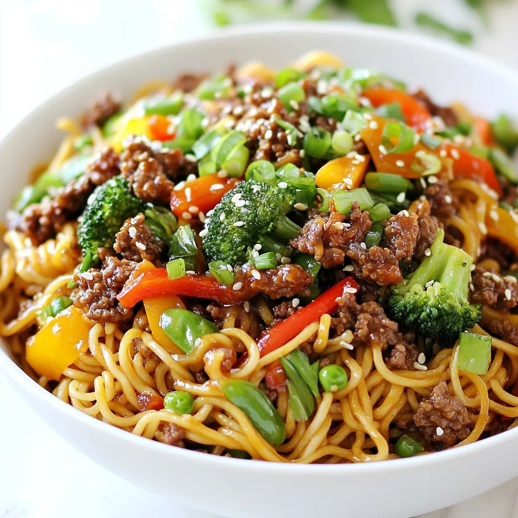 - 1 lb ground beef - 8 oz egg noodles - 2 tablespoons vegetable oil - 1 medium onion, finely chopped - 3 garlic cloves, minced - 1 inch ginger, grated - 2 green bell peppers, sliced - 1 cup broccoli florets - 1 cup snap peas - 3 tablespoons soy sauce - 1 tablespoon hoisin sauce - 1 tablespoon sesame oil - 1 tablespoon brown sugar - 1 teaspoon crushed red pepper flakes (optional) You will start your dish with ground beef and egg noodles. The beef adds rich flavor. The noodles give a nice, chewy texture. Next, you need fresh vegetables. I love using bell peppers, broccoli, and snap peas. They add color and crunch. For the sauce, soy sauce packs a salty punch. Hoisin sauce brings sweetness. Sesame oil adds a nutty flavor, while brown sugar balances it all. If you like heat, add crushed red pepper flakes. This mix of ingredients makes your Mongolian ground beef noodles truly delicious! {{ingredient_image_2}} To start, boil water in a large pot. Once it’s bubbling, add the egg noodles. Cook them according to the package instructions until they are al dente. This usually takes around 7-8 minutes. After cooking, drain the noodles well and set them aside. This step helps keep the noodles from becoming too soggy later. Next, grab a large skillet or wok and heat 2 tablespoons of vegetable oil over medium-high heat. Once the oil is hot, add 1 medium onion, finely chopped. Sauté the onion for about 2-3 minutes until it turns translucent. Then, add 3 minced garlic cloves and 1 inch of grated ginger. Cook for 1 more minute. This will make your kitchen smell amazing! Now, push the onion mixture to one side of the skillet. Add 1 pound of ground beef to the other side. Cook the beef for 5-7 minutes. Use a spatula to break it apart as it cooks. You want it to brown nicely and be fully cooked. Once it’s brown, mix it with the onion. After the beef is cooked, add 2 sliced green bell peppers, 1 cup of broccoli florets, and 1 cup of snap peas to the skillet. Stir everything together. Cook for about 4-5 minutes. This keeps the veggies tender yet crisp. You want them to stay colorful and bright! In a small bowl, whisk together 3 tablespoons of soy sauce, 1 tablespoon of hoisin sauce, 1 tablespoon of sesame oil, and 1 tablespoon of brown sugar. If you like spice, add 1 teaspoon of crushed red pepper flakes. Once combined, pour the sauce over the beef and veggies in the skillet. Stir well to coat everything evenly. Now it’s time to bring it all together! Add the drained egg noodles to the skillet. Toss everything gently to mix. Cook for another 2 minutes. This allows the noodles to soak up all the flavors from the sauce. After that, remove the skillet from heat. Taste the dish and add more soy sauce if you want extra flavor. Now you're ready to serve this tasty meal! Get the seasoning right for great taste. Use soy sauce and hoisin sauce to add depth. Brown sugar adds sweetness, while crushed red pepper gives a kick. Adjust these to your liking. Taste as you cook. This helps ensure a balanced flavor in your dish. Use a large skillet or a wok. These tools help you cook evenly and quickly. Heat the oil well before adding ingredients. This ensures the beef browns nicely. Make sure to keep stirring to avoid burning. It helps the flavors mix well. Serve your noodles in big, deep bowls. This adds a nice touch. Top with chopped green onions and sesame seeds. These add color and crunch. For extra flair, place a few snap peas on top. It makes your dish look inviting and fresh. Enjoy your meal! Pro Tips Use High Heat: Cooking at a higher temperature helps to brown the beef quickly while keeping it juicy. This also enhances the flavors of the other ingredients. Vegetable Variety: Feel free to mix and match your favorite vegetables. Carrots, mushrooms, or bok choy can add different textures and flavors to the dish. Prep Ahead: Chop your vegetables and measure out your sauces ahead of time to streamline your cooking process and make it more efficient. Adjust Spice Levels: Customize the heat by adjusting the amount of crushed red pepper flakes based on your preference. You can always add more spice later! {{image_4}} You can easily switch the ground beef for chicken or turkey. Both options cook well and keep the dish light. If you want a plant-based choice, try tofu. Tofu absorbs flavors well and offers a nice texture. Just crumble it into the mix when you add the vegetables. Feel free to mix up the vegetables. Carrots, zucchini, or bell peppers add a nice crunch. You can also use mushrooms for an earthy flavor. Spinach or kale can boost nutrients and color. Just remember to cook harder veggies longer than softer ones. Want to change the taste? Try adding more hoisin sauce for sweetness. A splash of rice vinegar can add a nice tang. If you like spicy, increase the red pepper flakes. You can even use different soy sauces for unique flavors. Experiment and find your perfect balance! To store leftovers, let the Mongolian ground beef noodles cool down. Place them in an airtight container. This helps keep the flavors fresh. Store in the fridge for up to three days. When you want to eat, just take it out and enjoy! If you want to freeze the noodles, pack them in a freezer-safe bag. Remove as much air as you can. Label the bag with the date. You can freeze them for up to three months. To reheat, let them thaw overnight in the fridge. To keep the noodles tasty, use a skillet or microwave. If using a skillet, add a little water or broth. Heat on low and stir often. If using a microwave, cover the bowl with a lid or wrap. This keeps moisture in. Heat until warm, stirring halfway. Enjoy your meal just like the first time! Mongolian Ground Beef Noodles is a tasty dish with roots in Asian cuisine. It features ground beef, egg noodles, and fresh veggies. The mix of soy sauce and hoisin sauce adds bold flavors. This dish is quick to cook and perfect for busy nights. Many people love it for its rich taste and colorful look. Yes, you can make this dish gluten-free! Here are some options: - Use gluten-free egg noodles or rice noodles. - Swap regular soy sauce for tamari or gluten-free soy sauce. - Check hoisin sauce for gluten-free labels. These changes will keep the dish tasty and safe for those who avoid gluten. Making Mongolian Ground Beef Noodles is quick and easy. Here’s a breakdown: - Prep time: 10 minutes - Cook time: 20 minutes - Total time: 30 minutes You can enjoy a delicious meal in just half an hour! In this post, we explored making Mongolian Ground Beef Noodles, focusing on key ingredients like beef, egg noodles, and flavorful sauces. I shared step-by-step instructions, tips for the best flavors, and ways to customize this dish. Remember, the balance of seasonings is crucial for taste. With the right techniques and a bit of creativity, you can make a delightful meal that suits your preferences. Enjoy experimenting and sharing your version of this tasty dish!