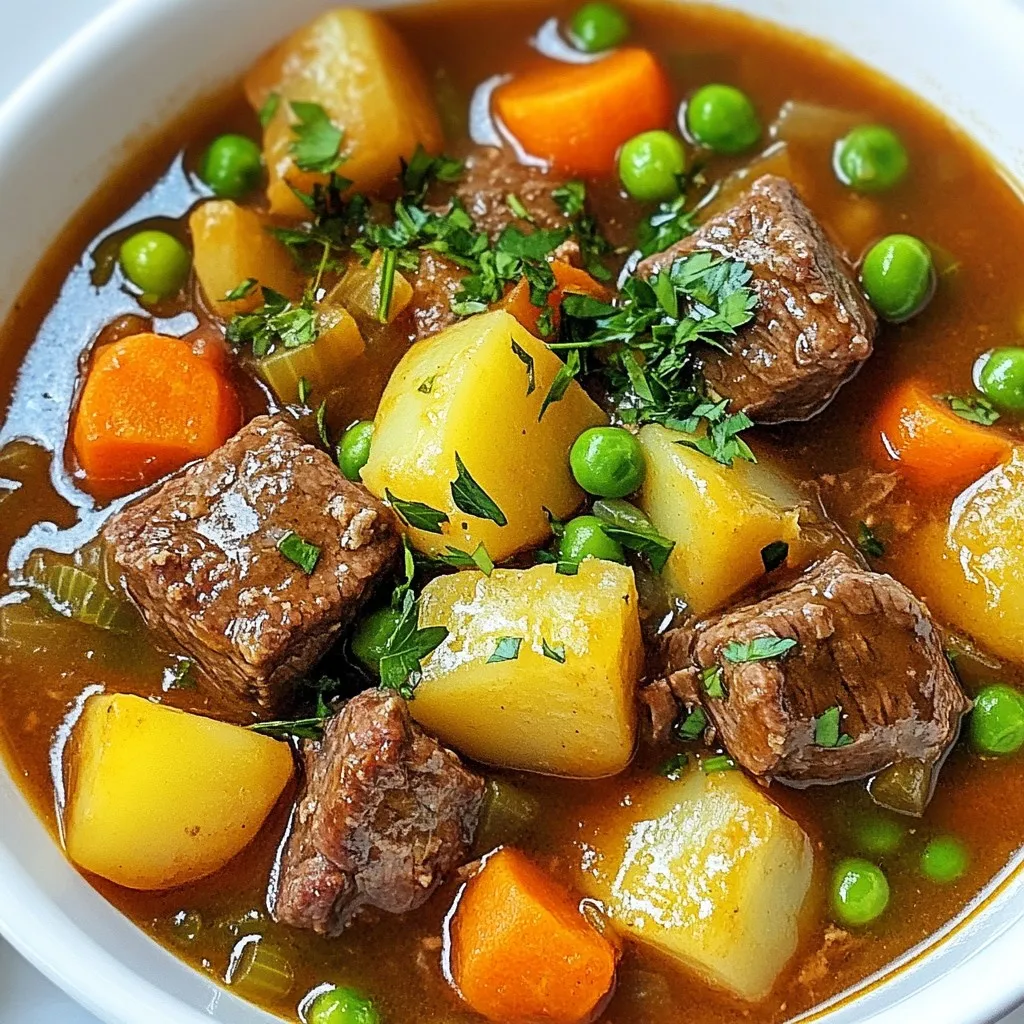- 2 lbs beef chuck, cubed into 1-inch pieces - 2 tablespoons olive oil - 1 large onion, chopped - 3 cloves garlic, finely minced - 4 medium carrots, sliced into rounds - 3 medium potatoes, peeled and diced - 1 cup green peas (fresh or frozen) - 4 cups beef broth (low-sodium recommended) - 2 tablespoons tomato paste - 1 teaspoon dried thyme - 1 teaspoon dried rosemary - 1 bay leaf - Salt and pepper to taste - 2 tablespoons cornstarch (optional, for thickening) - Fresh parsley, finely chopped (for garnish) Using good quality beef makes a big difference. I recommend beef chuck for its rich flavor. Choose meat that is bright red with some marbling. Fresh vegetables bring life to your stew. Look for firm, crisp carrots and smooth, blemish-free potatoes. Fresh herbs also add great taste, but dried herbs work too. If you can, use low-sodium beef broth. This way, you can control the salt in your dish. If you don't have beef chuck, try beef stew meat or brisket. For a veggie twist, swap beef with mushrooms or lentils. Olive oil is great, but you can use canola or avocado oil too. If you can't find fresh peas, frozen ones work just as well. For a thicker stew, you could use flour instead of cornstarch. Just mix it with water to make a slurry before adding it to the pot. {{ingredient_image_2}} First, set your Instant Pot to the sauté function. Pour in 2 tablespoons of olive oil. Once the oil is hot, add the cubed beef chuck in batches. Be careful not to crowd the pot. Brown the beef on all sides, which takes about 4 to 5 minutes for each batch. After browning, place the beef on a plate and set it aside. This step adds flavor and depth to your stew. Next, use the same pot to cook your aromatics. Add 1 large chopped onion to the pot. Sauté it for about 3 minutes until it becomes soft and clear. Then, add 3 cloves of finely minced garlic. Cook it for another minute until the garlic smells great. This mix makes your stew smell amazing and builds the base of flavor. Now, it's time to combine everything. Add the sliced carrots and diced potatoes to the pot with the onions and garlic. Stir them well to coat in the flavors. Return the browned beef to the pot, along with any juices. Pour in 4 cups of low-sodium beef broth. Make sure to scrape any tasty bits from the bottom. Stir in 2 tablespoons of tomato paste, 1 teaspoon each of dried thyme and rosemary, and 1 bay leaf. Season with salt and pepper to taste. Secure the Instant Pot lid, ensuring the steam vent is sealed. Cook on high pressure for 35 minutes. Once done, let it release pressure naturally for 10 minutes. Then, do a quick release for any remaining steam. This cooking method keeps the beef tender and the flavors rich. To get tender beef, choose chuck roast. It has the right fat and flavor. Cut it into 1-inch pieces. This helps it cook evenly. Always brown the beef first. This adds flavor and texture. Sauté it in batches. Overcrowding the pot can lead to steaming instead of browning. Different veggies need different cooking times. For carrots and potatoes, 35 minutes is perfect. However, if you add quick-cooking vegetables like peas, add them last. Stir them in for just 2-3 minutes. This keeps them bright and tender. Adjust the time based on what you like. Want a thicker stew? Use cornstarch. Mix it with cold water to form a slurry. After cooking, stir this into your stew. Switch to sauté mode to simmer it a bit longer. This will help it thicken nicely. If you prefer a thinner stew, just skip the cornstarch. The beef broth will keep it soupy and delicious. Pro Tips Choose the Right Cut: Using beef chuck is ideal for stew as it becomes tender and flavorful during cooking. Avoid lean cuts as they may dry out. Layer Flavors: Don’t skip browning the beef and sautéing the onions and garlic. This creates a rich base that enhances the overall flavor of the stew. Season Gradually: Taste your stew after cooking and adjust the seasoning. Adding salt gradually helps achieve the perfect flavor without over-salting. Let It Rest: For the best results, let the stew sit for about 15 minutes after cooking. This allows the flavors to meld and improves the final taste. {{image_4}} You can mix up the veggies in your beef stew. Try adding bell peppers for sweetness. Zucchini adds a nice texture without being too heavy. You can even toss in mushrooms for an earthy flavor. Just remember to cut your veggies into similar sizes. This way, they cook evenly. Want to change the flavor profile? Swap out thyme and rosemary for cumin and chili powder. This gives a warm, spicy kick. You can also use a splash of Worcestershire sauce for extra depth. Don't forget to taste as you go. Adjust the seasonings to match your taste. If you want a low-carb stew, replace potatoes with cauliflower. It cooks up soft and absorbs flavors well. You can also add more green beans or spinach for added nutrients. Use beef broth without added sugars. This keeps it hearty and satisfying without the carbs. To store leftovers, let the beef stew cool first. Transfer it to an airtight container. Keep it in the fridge for up to three days. This helps keep the flavors fresh. Label the container with the date. That way, you won't forget it. If you want to freeze the stew, use freezer-safe containers. Let the stew cool completely before packing it. This prevents ice crystals from forming. You can freeze it for up to three months. When you're ready to eat, thaw it overnight in the fridge. To reheat, use the stove or microwave. If using the stove, heat it on medium-low. Stir occasionally to avoid burning. For the microwave, heat in short bursts. Stir in between to ensure even heating. If the stew is too thick, add a splash of broth or water. This will help bring it back to life. Enjoy your warm, hearty meal! Yes, you can make this stew in a slow cooker. Start by browning the beef in a pan first. This step adds great flavor. Then, place the browned beef and all other ingredients into your slow cooker. Cook on low for 6 to 8 hours or on high for 3 to 4 hours. The result will be a warm and hearty stew, but it may not be as quick as the Instant Pot method. To make this stew without tomatoes, simply skip the tomato paste. You can add more broth to keep the stew flavorful. Another option is to use a splash of red wine for depth. Just remember to adjust the seasonings to match your taste. The other ingredients will still bring out the rich flavors of the beef and veggies. Beef stew pairs well with many sides. Here are some great options: - Crusty bread for dipping - Mashed potatoes for extra creaminess - Rice to soak up the sauce - A fresh green salad for crunch Choose one or mix a few to make your meal more filling and fun! In this article, I covered the key ingredients, step-by-step cooking, and helpful tips for beef stew. I shared how to choose quality items and recommended substitutes. You learned the best practices to ensure tender meat and sauce consistency. Finally, I highlighted variations and proper storage methods. Enjoy your cooking adventure, and feel free to experiment with flavors. You now have the tools to create your perfect beef stew!