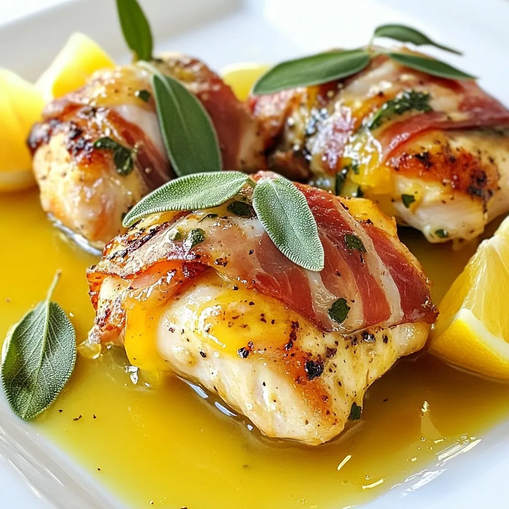 - 4 boneless, skinless chicken breasts - 8 slices of prosciutto - 8 fresh sage leaves - 1 cup all-purpose flour - 1/2 teaspoon salt - 1/4 teaspoon black pepper - 2 tablespoons olive oil - 2 tablespoons unsalted butter - 1 cup chicken broth - Zest of 1 lemon - Juice of 1 lemon The main ingredients for Italian Chicken Saltimbocca are simple yet flavorful. You start with chicken breasts, which are tender and juicy. Prosciutto adds a salty, savory kick. Fresh sage leaves bring a nice herbal note that pairs well with the chicken. You also need flour, salt, and pepper for a crispy coating. Olive oil and butter help cook the chicken to perfection. Chicken broth adds depth to the sauce, while lemon zest and juice give it a bright, fresh flavor. - Meat mallet - Shallow dish for coating - Large skillet Using the right tools makes cooking easier. A meat mallet helps pound the chicken to an even thickness. This step is key for cooking the meat evenly. You will need a shallow dish to coat the chicken in flour. A large skillet is essential for searing and making the sauce. With these ingredients and tools, you are ready to make a delicious Italian Chicken Saltimbocca. Each bite will burst with flavor, making it a dish you and your loved ones will enjoy! {{ingredient_image_2}} To start, take your chicken breasts and place them between two sheets of plastic wrap. Use a meat mallet to pound the chicken until it is about 1/2 inch thick. This step helps to tenderize the chicken and ensures even cooking. Once you finish pounding, lay 2 slices of prosciutto and 2 fresh sage leaves on each chicken breast. Secure them with toothpicks. This adds great flavor and keeps everything in place. Next, prepare your coating. In a shallow dish, mix the all-purpose flour, salt, and black pepper. Dredge each piece of chicken in this mixture. Make sure to shake off any extra flour for a light and crispy finish. Now, heat olive oil and butter in a large skillet over medium-high heat. Once the butter melts and shimmers, add the chicken. Cook for 4-5 minutes on each side until golden brown and cooked through. Transfer the chicken to a plate when done. In the same skillet, pour in the chicken broth. Use a wooden spoon to scrape the bottom of the pan. This will deglaze it and gather all the tasty bits. Stir in the lemon zest and juice. Let the sauce simmer for about 2-3 minutes until it thickens slightly. This adds a bright flavor that complements the chicken perfectly. Return the chicken to the skillet, spooning the lemon sauce over each piece. Cook everything together for an additional minute to heat the chicken through and infuse it with flavor. When ready to serve, remove the toothpicks for safety. For a nice touch, arrange the chicken on a large dish. Drizzle the vibrant lemon sauce over the top. Garnish with fresh sage leaves and lemon wedges for an appealing presentation. Pounding the chicken is key for great texture. It makes the meat tender. Use a meat mallet and place the chicken between plastic wrap. Aim for about 1/2 inch thickness. This helps it cook evenly. It also keeps the chicken juicy. Cook the chicken for 4-5 minutes on each side. This timing gives a nice golden color. Be careful not to overcook it. Dry chicken is not tasty. Fresh ingredients shine in this dish. Use fresh sage leaves instead of dried ones. Fresh prosciutto adds a rich flavor too. Freshness makes the dish brighter and more vibrant. When seasoning, remember that less is more. A little salt and pepper go a long way. Focus on the prosciutto and sage for flavor. They are the stars of the dish. You can bake the chicken if you prefer. Preheat your oven to 400°F (200°C). Bake for about 20-25 minutes. This method can be healthier and still tasty. Frying gives a nice crispy texture. However, grilling is another fun option. Grilling adds a smoky flavor. It pairs well with the lemon sauce. Try each method to see what you like best. Pro Tips Use Fresh Ingredients: Always opt for fresh sage and high-quality prosciutto. Fresh ingredients enhance the overall flavor of the dish and bring authenticity to your saltimbocca. Don’t Skip the Deglazing: Make sure to deglaze the pan after cooking the chicken. Scraping up the browned bits will add depth and richness to your sauce. Adjust the Thickness of the Sauce: If you prefer a thicker sauce, let it simmer a little longer. Conversely, for a lighter sauce, add more chicken broth until you reach your desired consistency. Garnish Creatively: Elevate your presentation by garnishing with additional fresh sage leaves and lemon wedges. A beautiful presentation enhances the dining experience. {{image_4}} You can switch up the herbs in this dish. Adding rosemary or thyme gives new flavors. Simply chop the herbs finely and sprinkle them over the chicken. You can also change the amount of sage. Use more or less based on your taste. If you want to try something different, use turkey or veal instead of chicken. They will still taste great with the prosciutto and sage. For a vegetarian option, try using eggplant. Cut the eggplant into thin slices and follow the same steps as the chicken. You can make a creamy mushroom sauce too. Just add some sautéed mushrooms to the chicken broth. This will make the dish richer. Another idea is to add white wine to the sauce. It adds depth and a unique flavor to the dish. To keep your Italian Chicken Saltimbocca fresh, store leftovers right away. Place the chicken in an airtight container. Make sure the lid seals well. You can keep it in the fridge for up to three days. Before you store, let it cool to room temperature. This helps prevent moisture build-up. Recommended containers include glass or BPA-free plastic. Glass containers are great for reheating. They don’t stain or hold smells. If you use plastic, choose ones labeled microwave-safe. If you want to save your Chicken Saltimbocca for later, freezing works well. First, let the chicken cool completely. Then, wrap each piece tightly in plastic wrap. After that, place them in a freezer bag. Try to remove as much air as possible. This helps avoid freezer burn. For best results, use the chicken within three months. To thaw, place it in the fridge overnight. If you’re in a hurry, use the microwave on the defrost setting. When reheating, make sure the chicken is heated all the way through. A good way to check is with a food thermometer. It should reach at least 165°F. Chicken Saltimbocca is a classic Italian dish. It features chicken breasts, prosciutto, and sage. The dish comes from Rome, Italy. "Saltimbocca" means "jump in the mouth," hinting at its amazing taste. The chicken is tender and juicy, with rich flavors from the prosciutto and sage. This dish is often served with a lemon sauce that adds brightness. It’s a beautiful blend of simple ingredients that create a delightful meal. Yes, you can prepare Chicken Saltimbocca in advance. Start by pounding the chicken and layering with prosciutto and sage. Use toothpicks to hold the layers in place. You can coat the chicken in flour and store it in the fridge. Just make sure to cover it well. When ready to cook, heat your skillet and follow the cooking steps. This saves time and lets you enjoy a delicious meal with less stress. You have many great options for side dishes. Here are a few suggestions: - Garlic Mashed Potatoes: Creamy and flavorful, they pair well. - Sautéed Spinach: Adds a nice green touch to your plate. - Roasted Vegetables: Carrots and zucchini work well. - Pasta: A light pasta with olive oil complements the dish. - Arugula Salad: Toss with lemon vinaigrette for a fresh bite. These sides create a balanced and colorful meal, making your dining experience even better. To make Italian Chicken Saltimbocca, we covered its key ingredients like chicken and prosciutto. I shared tips for preparing, cooking, and serving this dish. You can also play with herbs or proteins to suit your taste. Remember to store and freeze leftovers correctly to enjoy later. With these steps, you'll impress anyone at your table. Enjoy the process, and savor every bite of your delicious creation!