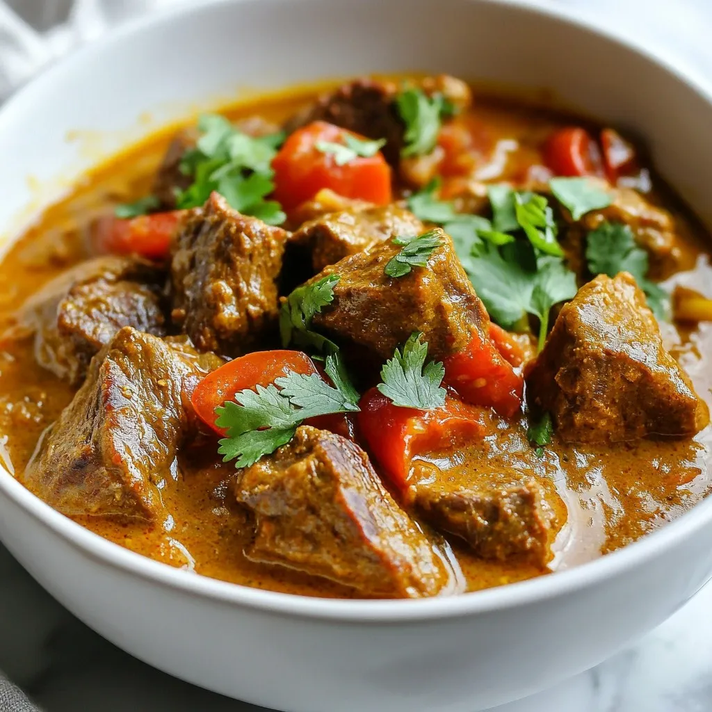 - 2 lbs beef chuck, cut into 1-inch cubes - 1 large onion, finely chopped - 3 cloves garlic, minced - 1 tablespoon ginger, freshly grated - 1 can (14 oz) diced tomatoes, undrained - 1 cup coconut milk - 2 tablespoons curry powder - 1 tablespoon garam masala - 1 teaspoon turmeric powder - 1 teaspoon ground cumin - 1 teaspoon ground coriander - 1/2 teaspoon chili powder (or adjust to taste for heat) - Salt and freshly ground black pepper to taste - 2 tablespoons vegetable oil (such as canola or sunflower) - Fresh cilantro leaves for garnish To make a truly authentic Indian beef curry, use a mix of spices. The key spices are curry powder, garam masala, turmeric, cumin, coriander, and chili powder. Each spice brings its own unique flavor. Curry powder adds warmth, while garam masala gives depth. Turmeric lends a golden hue. Cumin and coriander provide earthiness, and chili powder can add heat. Adjust the chili powder to your taste. This spice blend creates the rich, bold flavors that define Indian cuisine. Garnishes make your dish pop. Fresh cilantro leaves are a must for color and flavor. You can add a wedge of lime for a zesty kick. Serve the curry with warm naan or fluffy basmati rice. These sides are perfect for scooping up the curry. For extra flavor, consider a dollop of yogurt on top. This helps balance the spices and adds creaminess to each bite. {{ingredient_image_2}} Start by heating vegetable oil in a large skillet over medium-high heat. Once the oil is hot, add your chopped onion. Sauté the onion for about 5 minutes. You want it to become translucent and a little golden. Next, add minced garlic and freshly grated ginger. Cook this mix for 1-2 minutes. The aroma will fill your kitchen. It’s a sign you’re on the right track! Now it’s time to add the beef cubes to the skillet. Sear the beef for about 5-7 minutes. You want it to brown on all sides. As the beef cooks, season it with salt and pepper. This step helps enhance the beef's flavor. Once browned, transfer the mixture to your slow cooker. In your slow cooker, pour in the undrained diced tomatoes and creamy coconut milk. Sprinkle in the curry powder, garam masala, turmeric, cumin, coriander, and chili powder. Stir everything well to mix all the spices and ingredients. Cover your slow cooker with its lid. Set it to cook on low for 7-8 hours or high for 4-5 hours. This slow cooking is key! The beef will become tender and soak up those rich spices. Before serving, taste the curry. Adjust the seasoning if needed. If you want a thicker sauce, mash a few pieces of beef with a fork. Serve the curry hot. Add fresh cilantro leaves on top for color and flavor. Enjoy this hearty meal! To change the heat level, you can control the chili powder. Start with 1/2 teaspoon. If you like it spicier, add more. You can also swap chili powder for fresh chilies. Remove the seeds for less heat. Taste as you go to find the right balance. Use beef chuck for the best results. This cut has good fat, which adds flavor. Searing the beef before slow cooking helps lock in juices. Cook the beef on low for 7-8 hours. The longer it cooks, the more tender it becomes. If you are short on time, cooking on high for 4-5 hours works too. If you want a thicker sauce, you can mash some beef pieces. Use a fork to break them up. This adds body to the curry. Another method is to add a cornstarch slurry. Mix 1 tablespoon of cornstarch with 2 tablespoons of water. Stir it in during the last hour of cooking. Pro Tips Marinate for Depth: Consider marinating the beef in yogurt and spices for a few hours or overnight. This will tenderize the meat and infuse it with deeper flavors. Layering Spices: Add spices at different stages of cooking. For instance, adding a pinch of garam masala just before serving can enhance the aroma and flavor of the dish. Adjust Heat Levels: Control the spice level by adjusting the amount of chili powder. Start with less and add more to suit your heat preference. Thicker Sauce Tip: If you prefer a thicker sauce, blend a portion of the curry before serving or mash some of the beef pieces to achieve the desired consistency. {{image_4}} You can swap out beef for other meats. Lamb works great in this curry. It has a rich taste that blends well with spices. Chicken is another good choice. Use boneless chicken thighs for juicy bites. Just cut the meat into similar sizes. Cook the curry the same way. Adjust the cooking time if needed. Chicken cooks faster than beef, so check it after 3 hours on high. If you want a meat-free dish, try chickpeas or tofu. Chickpeas add protein and fiber. Use one can of drained chickpeas. Add them to the slow cooker just like the beef. Tofu absorbs flavor well. Use firm tofu, cut into cubes. Sauté it in oil before adding to the slow cooker. This gives it a nice texture. Both options work well with the spices. Coconut milk gives a creamy taste to the curry. If you want to change it, try yogurt or cashew cream. Yogurt adds a tangy flavor. Mix it in at the end of cooking. This keeps it creamy without curdling. Cashew cream offers a nutty twist. Blend soaked cashews with water until smooth. Stir it in right before serving. Each option adds a unique taste to your curry. You can store leftover Slow Cooker Indian Beef Curry in the fridge. Place it in an airtight container. It will stay fresh for about 3 to 4 days. Make sure it cools to room temperature before sealing it up. Always label the container with the date, so you know when to use it. If you want to keep it longer, freezing is a great option. Transfer the cooled curry to a freezer-safe container. Leave some space at the top for expansion. You can freeze it for up to 3 months. When you're ready to eat, just take it out and let it thaw in the fridge overnight. Reheating is easy! You can do it on the stove or in the microwave. If using the stove, heat it in a pot over medium heat. Stir it often to avoid sticking. If you use the microwave, cover the bowl to keep moisture in. Heat in 1-minute intervals, stirring in between, until it’s hot. Always check the temperature before serving to ensure it's heated evenly. To make your Slow Cooker Indian Beef Curry spicier, add more chili powder. Start with an extra half teaspoon. Taste as you go. You can also use fresh green chilies. Slice them and add to the curry. For a deeper heat, try adding cayenne pepper. Just a pinch can enhance the spice. Yes, you can use frozen beef. Just remember to thaw it before cooking. Slow cooking frozen beef can take longer. It can also lead to uneven cooking. Ideally, defrost it in the fridge overnight. This step ensures your beef cooks evenly and remains tender. Several side dishes go well with Indian Beef Curry. Here are some favorites: - Warm naan bread for scooping up the curry. - Fluffy basmati rice to absorb the sauce. - Raita, a yogurt-based dish, to cool the spice. - Steamed vegetables for added color and nutrition. - A fresh salad with cucumber and tomatoes for crunch. These sides will enhance your meal and provide balance to the curry’s rich flavors. This blog post covered the key ingredients and steps for making Slow Cooker Indian Beef Curry. We looked at spice blends, cooking methods, and helpful tips to ensure great results. You can switch meats or make a vegetarian version too. Remember to store your curry properly for later enjoyment. With clear instructions and flavorful options, you can create a dish that impresses everyone. Dive in and make your kitchen the place for this delightful meal. Enjoy the process and savor the rewards!