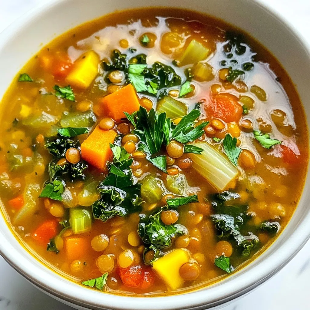 For a cozy bowl of Easy Comforting Lentil Soup, you will need: - 1 cup green or brown lentils, thoroughly rinsed - 1 medium onion, finely chopped - 2 medium carrots, diced - 2 celery stalks, finely diced - 3 cloves garlic, minced - 1 teaspoon ground cumin - 1 teaspoon smoked paprika - 1/2 teaspoon turmeric - 6 cups vegetable broth or stock - 1 can (14 oz) diced tomatoes, with their juices - 2 cups kale or spinach, roughly chopped - 2 tablespoons extra virgin olive oil - Sea salt and freshly ground black pepper to taste - Fresh parsley, finely chopped, for garnish (optional) Using fresh, high-quality ingredients makes a big difference. Look for lentils that are firm and free from debris. Choose vegetables that are vibrant and crisp. Fresh herbs add great flavor and color. For the best taste, use low-sodium vegetable broth. You can adapt this soup to fit your needs. If you want a different flavor, try using red lentils. They cook faster and give a creamy texture. For a heartier soup, add diced potatoes or sweet potatoes. For those with dietary needs, substitute the vegetable broth with water or low-sodium broth. If you want to add protein, toss in cooked chicken or sausage. You can also add a squeeze of lemon juice for brightness. Feel free to get creative! Add in your favorite spices or vegetables. There are many ways to make this soup your own. {{ingredient_image_2}} 1. Start by gathering all your ingredients. This makes cooking smoother and more fun. 2. Heat the olive oil in a large pot over medium heat. Wait until it shimmers before adding veggies. 3. Add the chopped onion, carrots, and celery. Sauté them for 5-7 minutes until soft and fragrant. The onion should look clear. 4. Stir in minced garlic and spices. Add cumin, smoked paprika, and turmeric. Cook for one more minute. 5. Add rinsed lentils and tomatoes. Pour in the vegetable broth and mix well. Bring this to a boil. 6. Once boiling, reduce heat. Cover the pot and let it simmer for about 25-30 minutes. The lentils should be soft. 7. Fold in kale or spinach. Cook for another 5 minutes until the greens are bright and tender. 8. Season with salt and pepper. Taste your soup and adjust the flavors as you like. 9. Let it cool a bit. This makes serving easier and safer. *Tip: To save time, prep your veggies while the lentils cook. This keeps things efficient.* - Watch the simmering. Keep it low and slow for perfect texture. You want lentils soft but not mushy. - Seasoning is key. Add salt and pepper at different stages. This layers the flavor and makes the soup shine. - Taste as you go. Adjust seasonings throughout cooking. This helps you find that perfect balance. To make your lentil soup really shine, try these tips: - Add fresh herbs: Toss in some thyme or bay leaves while cooking for extra depth. - Use a splash of acid: A squeeze of lemon juice or a splash of vinegar brightens the flavors. - Experiment with spices: Try adding a pinch of cinnamon or a dash of chili powder for warmth. Common mistakes can spoil your soup: - Overcooking the lentils: Keep an eye on them. You want them tender, not mushy. - Skipping the seasoning: Don’t forget to add salt and pepper. Taste as you go! - Not sautéing the veggies: This step builds flavor. Always start with sautéed onions, carrots, and celery. What to serve with your soup? Here are my favorites: - Crusty bread: A warm baguette or sourdough pairs perfectly with the soup. - Salad: A light green salad with a tangy dressing balances the meal well. For drinks, consider these options: - Herbal tea: Chamomile or mint tea complements the soup's warmth. - Red wine: A light-bodied red wine, like Pinot Noir, enhances the flavors beautifully. Pro Tips Soak the Lentils: Soaking the lentils for a few hours before cooking can reduce their cooking time and help them cook more evenly. Add Depth with Herbs: Consider adding fresh herbs like thyme or bay leaves during cooking for an extra layer of flavor. Adjust Consistency: If you prefer a creamier soup, use an immersion blender to puree a portion of the soup before serving. Serve with a Twist: Add a squeeze of lemon juice or a splash of balsamic vinegar right before serving for a bright finish. {{image_4}} You can make this lentil soup your own. Start with different veggies. Try zucchini, bell peppers, or mushrooms. These add great taste and texture. You can also toss in some greens. Spinach and kale work well. They add color and nutrients. For spice lovers, consider adding heat. A pinch of red pepper flakes or a dash of hot sauce adds a nice kick. If you like acidity, a squeeze of lemon juice brightens the flavor. You can also add vinegar for a tangy twist. This soup is easy to adapt for different diets. It's naturally vegan and gluten-free. Just check the broth for gluten. You can add protein if you want. Chicken or sausage gives a tasty boost. If you prefer plant-based protein, add beans like chickpeas or black beans. These options let you create a dish that fits your needs. Feel free to mix and match ingredients. This keeps the soup fresh and exciting! To store lentil soup, let it cool first. Then, pour it into airtight containers. You can also use freezer bags. Make sure to remove excess air from bags. This helps prevent freezer burn. Label each container with the date. When you are ready to eat, thaw the soup overnight in the fridge. For reheating, use a pot on low heat. Stir often to avoid sticking. If the soup is too thick, add a splash of broth or water. Heat until it is hot throughout. You want to keep the taste fresh and the texture nice. In the fridge, lentil soup lasts about 4 to 5 days. If you freeze it, it can last up to 6 months. When you check for signs of spoilage, look for any off smells or mold. If the soup has changed color or smells bad, it’s best to toss it. Always trust your senses when it comes to food safety. I prefer using green or brown lentils for this soup. They hold their shape well when cooked. Their mild flavor blends perfectly with spices and veggies. Red lentils can also work, but they cook down more. They create a creamier texture, which some may enjoy. Ultimately, choose the lentil that fits your taste! Yes, you can make lentil soup ahead of time. This soup keeps well in the fridge for about five days. Store it in an airtight container for the best results. If you want to freeze it, use a freezer-safe container. It can last for up to three months in the freezer. Just remember to let it cool before storing. Reheat it on the stove or in the microwave. Add a splash of broth if it seems too thick. Lentil soup is very healthy! Lentils are packed with protein, fiber, and iron. They help keep you full and support digestion. This soup also includes vegetables like carrots and kale, which add vitamins. Plus, it has healthy fats from olive oil. Overall, it's a balanced meal that is kind to your body and your taste buds. This blog gave you all the details to make Easy Comforting Lentil Soup. We covered the best ingredients, cooking steps, and tips for flavor. Remember to customize it to fit your taste and dietary needs. Store it well to enjoy later. With these techniques, you will make a delicious, healthy soup that warms your heart. Dive in, and enjoy every bowl!