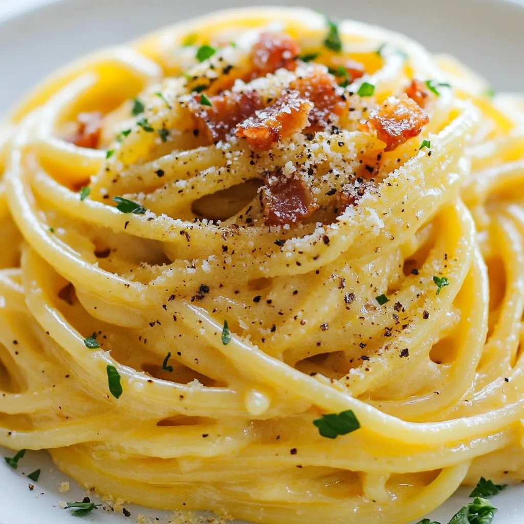 - 400g spaghetti - 150g pancetta (or guanciale), diced into small pieces - 3 large eggs - 100g Parmesan cheese, finely grated - 2 cloves garlic, minced - 1 tablespoon olive oil - Salt and freshly ground black pepper, to taste - Fresh parsley, finely chopped for garnish You can switch meats in this dish. If you cannot find pancetta or guanciale, bacon works well. Bacon gives a smoky flavor but is not as rich. For cheese, you might try Pecorino Romano. It has a strong flavor and adds creaminess. If you want a dairy-free option, use nutritional yeast mixed with cashew cream for a creamy feel. If you need gluten-free options, look for spaghetti made from brown rice or chickpeas. These alternatives can give you a nice texture without the gluten. {{ingredient_image_2}} To start, bring a large pot of salted water to a rolling boil. Add the spaghetti and cook it for about 8-10 minutes. You want it to be al dente, which means it should be firm but cooked through. Check the package for specific times. When the pasta is ready, reserve one cup of that starchy pasta water. This water helps make the sauce creamy later. Drain the spaghetti, but don’t rinse it. Set it aside while you work on the sauce. In a medium bowl, whisk together three large eggs and 100g of finely grated Parmesan cheese. Add a pinch of salt and a generous amount of black pepper. You want the mixture to be smooth and well combined. This will be your creamy sauce, so mixing well is key. Seasoning is very important; it brings out the flavors in the dish. Grab a large skillet and heat one tablespoon of olive oil over medium heat. Once it shimmers, add 150g of diced pancetta. Cook it for about 5-7 minutes, stirring occasionally. You want it crispy and golden brown. After that, add two minced garlic cloves. Sauté for another minute until the garlic smells great. This step adds a lot of flavor to your dish. Now, let’s combine everything. Lower the heat to a gentle simmer. Carefully add the drained spaghetti to the skillet with the crispy pancetta and garlic. Toss them together until they mix well. Remove the skillet from the heat. This is crucial to keep the eggs from scrambling in the next step. While the spaghetti is still hot, quickly pour the egg and cheese mixture over the pasta. Toss gently to coat the spaghetti evenly. The heat from the pasta will cook the eggs gently, making a silky sauce. If the sauce is too thick, add some of that reserved pasta water a little at a time. Keep mixing until you achieve your preferred creamy consistency. To serve, divide the creamy carbonara among warmed plates. For a nice touch, twirl the pasta into nests using a fork and place them in the center. Sprinkle some extra grated Parmesan cheese on top, along with freshly cracked black pepper. Add a handful of finely chopped parsley for color. This not only looks great but also adds freshness to the dish. Enjoy your delicious carbonara! To get that smooth, creamy texture, use the heat from your pasta. When you mix the egg and cheese with the hot spaghetti, the heat will cook the eggs gently. This is key to avoiding scrambled eggs. If the sauce is too thick, add pasta water bit by bit until it looks perfect. Avoid common mistakes like adding the egg mixture while the pan is still on the heat. This can lead to clumps instead of a creamy sauce. Always turn off the heat before adding the eggs. Fresh herbs can boost the flavor of your carbonara. Parsley is a great choice, but you can also try basil or chives. Just sprinkle them on top before serving. Want to spice it up? Consider adding a pinch of red pepper flakes or a dash of nutmeg. These spices can add warmth and depth to your dish without overpowering it. Using the right tools makes cooking easier. A non-stick skillet is perfect for this recipe. It helps prevent the pancetta from sticking and makes cleanup a breeze. For mixing, a medium bowl and a whisk will work well. A pasta pot and colander are also essential for cooking and draining your spaghetti. Keep these handy for a smooth cooking process. Pro Tips Use Fresh Ingredients: Always opt for the freshest eggs and high-quality cheese to enhance the flavor of your carbonara. Temperature Matters: Make sure the pasta is hot when adding the egg mixture, as this will help create a creamy sauce without scrambling the eggs. Customize Your Meat: While traditional carbonara uses pancetta or guanciale, feel free to experiment with other cured meats like bacon for a different flavor. Don’t Skip the Pasta Water: The reserved pasta water is key to adjusting the sauce’s consistency, making it perfectly creamy without being too thick. {{image_4}} You can make a tasty vegetarian carbonara by using mushrooms or vegetables. Mushrooms, like shiitake or cremini, can add depth and umami. You can also use zucchini, asparagus, or spinach for a fresh taste. To keep it creamy without meat, use a mix of eggs and cheese. The heat from the pasta will create a rich sauce. Adding a bit of vegetable broth can also help boost flavor if you want more moisture. While spaghetti is classic, you can try other pasta shapes like fettuccine or penne. Each type gives a unique texture. Cooking times will vary by shape. For example, fettuccine takes about 10-12 minutes, while penne cooks in about 11-13 minutes. Always check the package for the best guidance. Don't be afraid to add new flavors! Try using different cheeses, such as pecorino or ricotta, for variety. Each cheese brings its own character to the dish. Adding fresh herbs like basil or thyme can brighten the taste. You can also incorporate lemon juice or zest for a zesty twist. This will give your carbonara a refreshing kick that sets it apart! To keep your carbonara fresh, store it in an airtight container. Let it cool first to avoid steaming. Place it in the fridge within two hours. This helps prevent bacteria growth. When you want to reheat, do it gently. Use a skillet over low heat. Add a splash of reserved pasta water to keep it creamy. Stir often to avoid drying out. You can freeze carbonara, but it may change the texture. First, let it cool completely. Use a freezer-safe container or zip-top bag. Remove excess air to prevent freezer burn. To thaw, move it to the fridge for a day. Reheat slowly in a skillet with a bit of water. This helps restore some creaminess. You can store carbonara in the fridge for about 3 days. After that, the flavors may dull. Watch for signs of spoilage, such as an off smell or mold. If it looks or smells strange, throw it away. Trust your senses; they are your best guide. Authentic carbonara gets its creaminess from eggs and cheese. When you mix them with hot pasta, they form a silky sauce. The key is to use fresh eggs and finely grated Parmesan. This ensures a smooth texture. Traditional recipes do not use cream. The heat from the pasta cooks the eggs gently. This method keeps the sauce light and rich. Yes, you can use bacon, but it changes the taste. Bacon is often smoky and salty. Pancetta has a more subtle flavor. It also has a different texture. Pancetta is fattier and gives a nice bite. If you use bacon, you might need to adjust the salt. Yes, reserved pasta water is very important. It helps adjust the sauce's thickness. The starch in the water makes the sauce cling to the pasta. This gives a nice creamy finish. If your sauce feels too thick, add a little pasta water. This will help achieve the right creamy consistency. To make a dairy-free carbonara, use plant-based cheese. You can also use nutritional yeast for a cheesy flavor. For creaminess, try using cashew cream or blended silken tofu. These options create a smooth texture. Enjoy the same rich taste without dairy! In this article, we explored how to make a delicious carbonara. We covered key ingredients, cooking methods, and helpful tips. You can swap ingredients for different flavors or dietary needs. Remember to reserve pasta water for a creamy sauce. The right utensils make the cooking process easier. Whether you prefer a classic or a unique twist, carbonara is a dish worth mastering. Enjoy the journey of cooking, and don't hesitate to experiment!