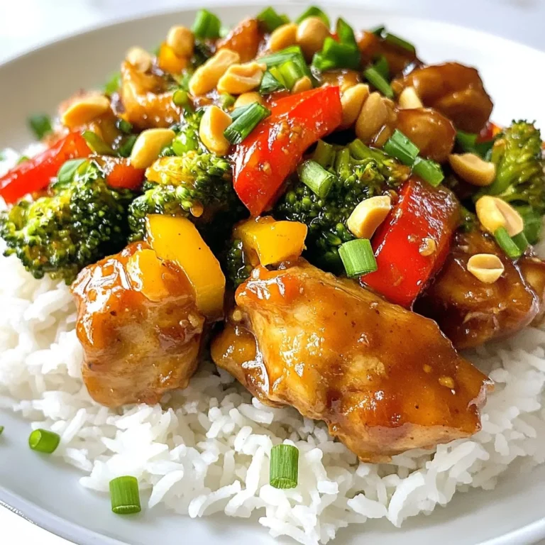 - 1.5 lbs boneless, skinless chicken thighs, cut into bite-sized pieces - 1/4 cup low-sodium soy sauce - 2 tablespoons rice vinegar For this dish, I always choose boneless, skinless chicken thighs. They stay juicy and tender, making each bite delightful. Low-sodium soy sauce is a must. It gives flavor without too much salt. Rice vinegar adds a nice tang. This balance of flavors is key. - 1 tablespoon hoisin sauce - 2 tablespoons sesame oil - 3 cloves garlic, finely minced - 1 inch fresh ginger, grated Hoisin sauce brings a sweet, rich taste. Sesame oil adds a nutty aroma. Fresh garlic and ginger amp up the flavor. Their brightness makes this Kung Pao Chicken pop. I love how these ingredients work together to create depth. - 1 bell pepper (choose red or green), diced - 1 cup broccoli florets - 1/2 cup roasted unsalted peanuts For veggies, I add bell pepper and broccoli. They add color and crunch. The roasted peanuts give your dish that perfect crunch. They also add healthy fats. These add-ins make the meal not only tasty but also nutritious. {{ingredient_image_2}} Whisk together the following sauce ingredients in a large bowl: - 1/4 cup low-sodium soy sauce - 2 tablespoons rice vinegar - 1 tablespoon hoisin sauce - 2 tablespoons sesame oil - 3 cloves garlic, finely minced - 1 inch fresh ginger, grated - 1/4 teaspoon red pepper flakes Mix until you have a smooth sauce. Next, add the chicken pieces to the bowl. Make sure each piece is covered in the marinade. Cover the bowl and let it rest for at least 30 minutes. To get the best flavor, marinate it overnight in the fridge. After marinating, it's time to transfer everything to the crockpot. Pour the chicken and marinade into the pot. Then, add: - 1 diced bell pepper (red or green) - 1 cup broccoli florets - 1/2 cup chopped green onions Stir gently to mix the ingredients well. Secure the lid on the crockpot. Set it to cook on low for 6-7 hours or on high for 3-4 hours. This ensures the chicken becomes tender and tasty. About 30 minutes before you plan to eat, stir in: - 1/2 cup roasted unsalted peanuts This adds a nice crunch. Taste your dish and adjust with salt and pepper if needed. Once done, serve your Kung Pao Chicken over fluffy jasmine rice. Garnish with extra chopped green onions for a fresh touch. Enjoy your meal! Marinating is key to great flavor. Start by mixing your sauce well. Use a bowl and whisk the soy sauce, rice vinegar, hoisin sauce, sesame oil, garlic, ginger, and red pepper flakes together. Make sure it is fully blended. I recommend marinating the chicken for at least 30 minutes. For the best taste, marinate overnight in the fridge. This helps the chicken soak up all those tasty flavors. The longer you marinate, the better it gets! To get tender chicken, cut it into small, bite-sized pieces. This ensures even cooking. When you cook your chicken, use low heat for a long time. This helps keep it juicy and tender. Always check for doneness. Chicken should reach 165°F inside. You can use a meat thermometer for accuracy. If you can’t find one, cut a piece open. The meat should be white with no pink. For sides, serve your Kung Pao Chicken over fluffy jasmine rice. It absorbs the sauce well. You can also add steamed veggies for more color and nutrients. Garnishing adds flair. Use chopped green onions on top for brightness. Fresh cilantro sprigs and lime wedges also work great. They give an extra burst of flavor and make your dish look beautiful! Pro Tips Marinate Longer for More Flavor: For the best taste, let the chicken marinate in the refrigerator overnight. This allows the flavors to penetrate deeply into the meat. Use Fresh Ingredients: Fresh garlic and ginger will enhance the flavor profile significantly compared to dried alternatives. Always opt for the freshest ingredients available. Adjust Spice Levels: If you prefer a milder dish, reduce the amount of red pepper flakes or omit them entirely. You can always add heat later if desired. Garnish for Presentation: A sprinkle of chopped green onions and fresh cilantro adds a pop of color and freshness, elevating both the presentation and flavor of the dish. {{image_4}} You can change the protein in this dish. Use chicken, tofu, or shrimp. Each option brings its own taste. I love using tofu for a meatless meal. For veggies, try snap peas or carrots. They add color and crunch. Feel free to mix in what you have on hand. If you love heat, add more red pepper flakes. Start with a small amount and taste. You can also use chili paste for a different kick. It gives great flavor and spice. If you prefer milder dishes, cut the flakes. Everyone's taste is different, so adjust to your liking. For gluten-free, use tamari instead of soy sauce. It tastes just as good! If you want low-carb options, skip the rice. Serve the chicken with cauliflower rice or greens. These swaps keep the dish tasty while meeting your needs. Always check labels to ensure they fit your diet. Crockpot Kung Pao Chicken stays fresh in the fridge for about 3 to 4 days. Store it in a strong container with a tight lid. Glass or plastic containers work well. Label the container with the date to keep track. You can freeze this dish for up to 3 months. Use freezer-safe bags or containers. Be sure to remove as much air as possible from bags before sealing. To thaw, place it in the fridge overnight. Reheat it in the microwave or on the stove until hot. Leftovers are great for new meals! Use them in fried rice or in wraps. You can also toss them into a salad for a tasty lunch. Mixing in some extra veggies can add freshness and crunch. Yes, you can use frozen chicken! Just be aware that it will take longer to cook. If you use frozen chicken, set your crockpot to high for around 4-5 hours. Make sure the chicken reaches 165°F for safety. This method is great if you forget to thaw your meat. If you don’t have a crockpot, no problem! You can use a large pot or a Dutch oven. Start by heating your pot over medium heat. Add the marinated chicken and other ingredients. Cover the pot and let it simmer for about 30-40 minutes. Stir occasionally to keep everything from sticking. To enhance the authentic flavor, use Sichuan peppercorns. These add a unique, spicy flavor. You can also toss in diced water chestnuts for extra crunch. For a richer taste, use dark soy sauce instead of regular soy sauce. Serve with jasmine rice for a true experience! In this blog post, I covered a simple and tasty crockpot recipe. We explored essential ingredients like chicken thighs, soy sauce, and rice vinegar. I outlined the step-by-step cooking process and offered tips for perfect flavor. You can also try variations with different proteins and veggies. Storing and using leftovers creatively can save you time. Remember, understanding these basics will help you cook delicious meals with ease. Enjoy experimenting in your kitchen!