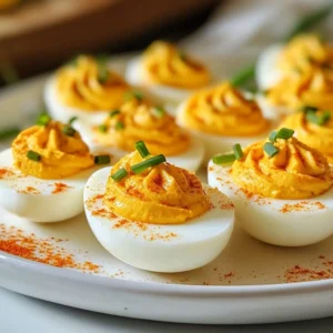 - 6 large eggs - 1/4 cup canned pumpkin puree - 2 tablespoons mayonnaise - 1 teaspoon Dijon mustard - 1/2 teaspoon pumpkin pie spice - 1/4 teaspoon sea salt - 1/8 teaspoon black pepper - 1 tablespoon fresh chives, finely chopped - Paprika To make Pumpkin Patch Deviled Eggs, you need simple yet tasty ingredients. Start with six large eggs. The eggs provide a creamy base. Next, add 1/4 cup of canned pumpkin puree. This gives the dish its fall flavor. For creaminess, use two tablespoons of mayonnaise. One teaspoon of Dijon mustard adds a nice zing. For the perfect taste, season with 1/2 teaspoon of pumpkin pie spice. This spice mix brings warmth and comfort. You will also need 1/4 teaspoon of sea salt and 1/8 teaspoon of black pepper for balance. For garnishing, chop one tablespoon of fresh chives. They add a pop of color and freshness. Finally, a sprinkle of paprika gives the eggs a lovely finish. Each ingredient plays a key role in making these deviled eggs special. {{ingredient_image_2}} Start by placing the eggs in a saucepan. Ensure they are covered with water by about one inch. Set the pot on medium-high heat and bring the water to a rolling boil. Once boiling, cover the pot with a lid and remove it from the heat. Let the eggs sit undisturbed for 12 minutes. This method helps them cook evenly. After the eggs steep, transfer them to a bowl filled with ice water. This ice bath stops the cooking process quickly. Let the eggs sit in the ice water for about 5 minutes until they are cool. Cooling them helps with peeling later. To peel the eggs, gently tap each one against a hard surface to create small cracks. Peel the shells under running water. This trick makes the shells come off easier and leaves smooth egg whites. After peeling, slice each egg in half lengthwise. Carefully separate the yolks from the whites and place the yolks in a mixing bowl. - Use room temperature eggs for easier peeling. Cold eggs can stick to the shell. - Experiment with steeping times for desired yolk firmness. Twelve minutes gives a nice soft yolk. - Use a piping bag for a neat presentation. This helps create a fun look. - Adjust thickness of filling for personal preference. Add more pumpkin or mayo for creaminess. Pro Tips Fresh Eggs for Easier Peeling: Use eggs that are at least a week old for easier peeling. Fresh eggs tend to stick to the shell, making them harder to peel smoothly. Customize the Spice Level: Adjust the amount of pumpkin pie spice to your taste. For a bolder flavor, add a pinch of cayenne pepper or more spice blend. Presentation Matters: Use a piping bag to fill the egg whites for a professional look. This creates a beautiful mound that is visually appealing. Chill Before Serving: Allow the deviled eggs to chill in the refrigerator for at least 30 minutes before serving. This helps the flavors meld together and enhances the overall taste. {{image_4}} You can easily change up the flavor of your pumpkin patch deviled eggs. One fun option is to add bacon bits. This gives a nice savory twist that pairs well with the pumpkin. The crunch of bacon adds a great texture too. Another option is to use smoked paprika. It brings a deeper, smokier flavor to the dish. Just a sprinkle can transform your deviled eggs into something special. If you're looking for a healthier choice, swap out mayonnaise for Greek yogurt. This change keeps the creaminess while lowering fat. Greek yogurt also adds a nice tang that balances the sweetness of the pumpkin. For a plant-based version, try using vegan mayonnaise. This option works well if you want a dish that everyone can enjoy. It keeps the flavor rich while meeting dietary needs. To keep your Pumpkin Patch Deviled Eggs fresh, refrigerate them. Place the eggs in an airtight container and cover them well. They will stay tasty for up to three days. This method helps maintain their creamy texture and bright colors. You can make the filling ahead of time. Prepare the pumpkin yolk mix and store it in the fridge. Just be sure to fill the egg whites right before serving. This keeps the egg whites from getting soggy. For best results, peel the eggs and store them in water. This can help keep them moist until you are ready to assemble your dish. Deviled eggs can last in the fridge for about three days. To keep them fresh, store them in an airtight container. This helps prevent them from absorbing other smells. Always check for any changes in smell or texture before eating leftovers. Yes, you can use fresh pumpkin. To prepare fresh pumpkin, peel and cut it into cubes. Boil or steam the pumpkin until it's soft, then mash it. Fresh pumpkin has a lighter taste than canned. It can add a unique twist to your deviled eggs. There are many spices to try! You could add: - Smoked paprika for a smoky taste - Garlic powder for a savory kick - Cayenne pepper for heat - Fresh herbs like dill or parsley for freshness These additions can change the flavor and make your deviled eggs more exciting! You've learned how to make tasty deviled eggs with pumpkin. We covered key ingredients, step-by-step instructions, and helpful tips. Experiment with flavors and find your favorites. Store leftovers properly to keep them fresh. With these techniques, you can enjoy a fun twist on a classic dish. Now, gather your ingredients and get cooking!