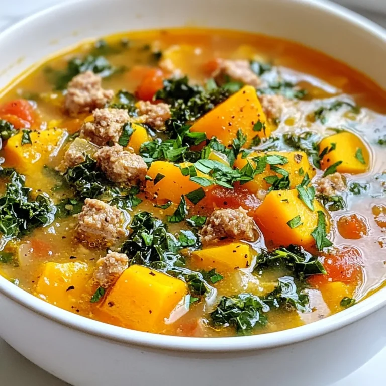 To make sweet potato sausage soup, you need these key ingredients: - 2 medium sweet potatoes, peeled and diced into bite-sized cubes - 1 pound Italian chicken sausage (or plant-based sausage), casings removed and crumbled - 1 large onion, diced finely - 2 cloves garlic, minced - 4 cups vegetable broth (low-sodium recommended) - 2 cups kale, chopped, stems removed - 1 can (15 oz) diced tomatoes, including their juices - 1 teaspoon smoked paprika - 1 teaspoon dried thyme, or 1 tablespoon fresh thyme if available - Salt and freshly ground black pepper to taste - 2 tablespoons olive oil for sautéing These ingredients work together to create a soup that is both tasty and filling. The sweet potatoes add a natural sweetness. The sausage gives it a hearty texture. The spices bring warmth and depth. You can change the soup to fit your taste. Here are some optional ingredients to consider: - Fresh parsley, roughly chopped, for garnish - Red pepper flakes for heat - Additional vegetables such as carrots or bell peppers - Beans for extra protein and fiber Feel free to mix and match based on what you have at home. This flexibility makes the soup fun to make and enjoy. Each serving of sweet potato sausage soup offers a healthy blend of nutrients. Here is the breakdown: - Calories: Approximately 300 - Protein: 20g - Carbohydrates: 40g - Fiber: 8g - Fat: 10g This soup is rich in vitamins and minerals, thanks to the sweet potatoes and kale. It's a well-rounded meal that satisfies your hunger while keeping you healthy. {{ingredient_image_2}} - Peel and dice 2 medium sweet potatoes into bite-sized cubes. - Dice 1 large onion finely. - Mince 2 cloves of garlic. - Chop 2 cups of kale, removing the stems. - Open 1 can of diced tomatoes (15 oz) and keep the juices. 1. In a large pot or Dutch oven, heat 2 tablespoons of olive oil over medium heat. 2. Add the diced onion, sautéing for 3-4 minutes until it softens. 3. Stir in the minced garlic and cook for 1 minute, allowing the aroma to fill the air. 4. Crumble the Italian chicken sausage into the pot. Cook for 6-8 minutes until it is browned. 5. Add the diced sweet potatoes, 1 teaspoon of smoked paprika, and 1 teaspoon of dried thyme. Mix well. 6. Pour in 4 cups of vegetable broth and add the can of diced tomatoes. Bring to a boil. 7. Once boiling, lower the heat. Cover and let it simmer for 15-20 minutes until sweet potatoes are tender. 8. Fold in the chopped kale and cook for another 5 minutes until it wilts. 9. Taste the soup and add salt and pepper as needed. - Preparation takes about 15 minutes. - Cooking the sausage and vegetables takes about 20 minutes. - Simmering the soup takes 15-20 minutes. - Total time is roughly 40 minutes. This simple method brings out the rich flavors in your sweet potato sausage soup. Enjoy each step as you craft this hearty meal! To make the best sweet potato sausage soup, start with fresh ingredients. Fresh sweet potatoes and herbs bring out great flavors. Use low-sodium broth to control the salt level. This keeps the soup healthy and tasty. Always sauté the onions until they are soft. This step adds depth to the soup's taste. Stir the sausage well to break it apart. This ensures even cooking and flavor. To boost the flavor, consider adding spices. Besides smoked paprika, try a pinch of cayenne for heat. A squeeze of lemon juice at the end brightens the flavors. Fresh herbs like basil or cilantro can add a fresh note. If you enjoy a little sweetness, maple syrup works well with sweet potatoes. Remember, taste as you go. Adjust seasoning to fit your palate. One common mistake is overcooking the sweet potatoes. They should be tender but not mushy. Avoid adding all the kale at once; it cooks down quickly. If you add too much at once, it may not wilt properly. Another mistake is skipping the sautéing step. This can lead to bland soup. Lastly, don't forget to taste it before serving. This ensures that all the flavors meld together nicely. Pro Tips Choose the Right Sausage: For a flavor boost, consider using spicy Italian sausage or add some chili flakes for heat. Texture Matters: Ensure your sweet potatoes are diced evenly for uniform cooking; this will enhance the soup's texture. Fresh Herbs for Flavor: Using fresh thyme instead of dried can elevate the soup’s flavor profile significantly. Make it Ahead: This soup tastes even better the next day as the flavors meld; make a big batch and enjoy leftovers! {{image_4}} You can switch the Italian chicken sausage for other types. Try turkey sausage for a leaner option. Pork sausage brings a rich flavor to the pot. You can even use spicy sausage for a kick. This gives you many ways to make the soup your own. To make this soup meat-free, use plant-based sausage. There are many great options in stores now. You can also skip the sausage and add more veggies. Use mushrooms for a hearty texture. Lentils or beans work well too, adding protein and fiber. Feel free to add other vegetables you have. Carrots and celery add nice crunch and color. Zucchini or bell peppers can also blend well. If you like greens, spinach or Swiss chard are tasty choices. Just chop them and add them when you stir in the kale. This soup is all about using what you love! After enjoying your soup, let it cool. Pour the soup into an airtight container. You can store it in the fridge for up to five days. Make sure to cover it well to keep it fresh. If you want to save some soup for later, freezing works great. Use freezer-safe containers or bags, leaving some space for expansion. The soup can last up to three months in the freezer. Remember to label each container with the date. To reheat, take the soup out of the fridge or freezer. If frozen, let it thaw overnight in the fridge. You can warm it on the stove over medium heat. Stir it often to heat evenly. If you want, add a splash of broth or water to keep it from getting too thick. Microwave reheating is also fine. Just heat in short bursts, stirring in between, until hot. Enjoy your warm, hearty soup! Yes, you can use other types. Orange-fleshed sweet potatoes work well here. You can also try purple sweet potatoes for a fun color. They have a different taste but will still taste great in the soup. To add spice, try these options: - Add red pepper flakes during cooking. - Stir in diced jalapeños or serrano peppers. - Use spicy Italian sausage instead of mild. Each option gives a nice kick without hiding the other flavors. Yes, this soup is gluten-free. The main ingredients, sweet potatoes, sausage, and broth, contain no gluten. Always check your broth label to ensure it’s gluten-free. This soup is safe for those with gluten intolerance. This soup pairs well with: - Crusty bread for dipping. - A simple green salad for freshness. - Grilled cheese sandwiches for comfort. Each option adds a nice touch to your meal and makes it more filling. We explored the key ingredients for Sweet Potato Sausage Soup and how to customize it. I shared preparation steps, cooking directions, and timing to make it easy for you. We covered tips to enhance flavors and avoid common mistakes. You learned about variations for different diets and how to store leftovers properly. In the end, this soup is versatile and packed with nutrition. Feel free to experiment and make it your own!