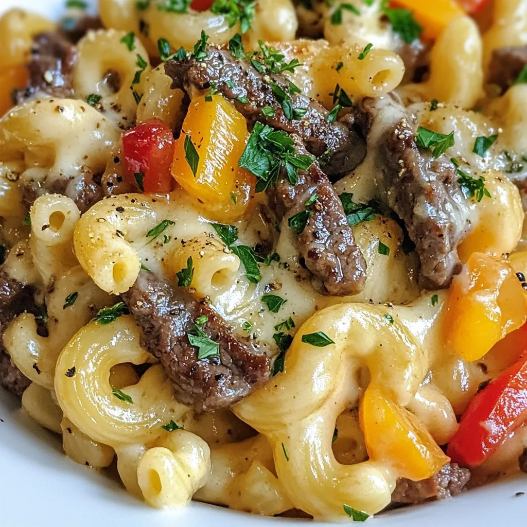 To whip up a delicious Protein Philly Cheesesteak Mac and Cheese, you need some simple and tasty ingredients. Here’s what you’ll need: - 8 oz elbow macaroni - 1 lb lean sliced beef (sirloin) - 1 cup diced bell peppers (red and green) - 1 cup diced onions - 2 cloves garlic, minced - 2 tablespoons olive oil - 2 cups shredded provolone cheese - 1 cup shredded sharp cheddar cheese - 2 cups chicken or beef broth - 1 cup milk - 1/4 cup all-purpose flour - 1 teaspoon salt - 1/2 teaspoon black pepper - Optional: finely chopped fresh parsley for garnish Each ingredient brings its own flavor and texture to the dish. The lean beef adds protein, while the cheeses create a creamy sauce. The bell peppers and onions give the dish a nice crunch and sweetness. You can use either chicken or beef broth, depending on your taste. Don’t forget the garlic for that extra kick! {{ingredient_image_2}} First, bring a large pot of water to a rapid boil. Add 8 oz of elbow macaroni. Cook it until it is al dente, following the package instructions. When done, drain the pasta well. Set it aside for later. Next, heat 2 tablespoons of olive oil in a large skillet over medium-high heat. When the oil shimmers, add 1 lb of lean sliced beef, like sirloin. Cook it for about 5-7 minutes. Stir occasionally until the beef is browned. Once done, remove the beef from the skillet and cover it to keep warm. In the same skillet, add 1 cup of diced onions and 1 cup of diced bell peppers. Sauté these for about 3-4 minutes until they soften. After that, add 2 cloves of minced garlic. Sauté for another minute, letting the garlic release its strong smell. Now, lower the heat to medium. Sprinkle 1/4 cup of all-purpose flour over the veggies. Stir it well to combine. Cook for 1 minute to remove the raw flour taste. Slowly pour in 2 cups of chicken or beef broth and 1 cup of milk while whisking. Keep cooking until the mix thickens, about 3-5 minutes. Add 1 teaspoon of salt and 1/2 teaspoon of black pepper to taste. Remove the skillet from heat. Gradually stir in 2 cups of shredded provolone cheese and 1 cup of shredded sharp cheddar cheese. Mix it until all the cheese melts and blends into the sauce. Now, add the cooked elbow macaroni and the reserved beef back into the cheese sauce. Stir gently but thoroughly. Make sure every piece is coated in the creamy sauce. If you want a baked version, preheat your oven to 350°F (175°C). Transfer the mac and cheese mix into a greased baking dish. Feel free to sprinkle more cheese on top for an extra cheesy crust. Bake for 15-20 minutes, until the top is bubbly and golden brown. Spoon generous portions onto plates. For a lovely touch, garnish with finely chopped fresh parsley. This adds color and freshness to the dish. Enjoy your Protein Philly Cheesesteak Mac and Cheese! For this dish, I recommend using lean sliced beef, like sirloin. Sirloin is tender and flavorful. It cooks quickly and pairs well with cheese. You can also use ribeye for more fat and flavor. Just remember, the beef should be thinly sliced. This helps it cook fast and stay juicy. You can get creative with cheese choices! Provolone and sharp cheddar work well. But, feel free to mix in mozzarella or pepper jack for a spicy kick. Mixing different cheeses adds depth and creaminess. Just make sure they melt well for that gooey texture. If you like heat, try adding some cayenne pepper or hot sauce. You can also use spicy cheese options. If you prefer milder flavors, skip the heat altogether. Taste your cheese sauce and adjust the spices to your liking. The key is to find the right balance for your palate. To keep your mac and cheese creamy, avoid overcooking the pasta. Drain it well, but don’t rinse. The starch helps the sauce stick. If the cheese sauce gets too thick, add a splash of milk or broth. Stir it in gently until you reach your desired creaminess. Pro Tips Choose Quality Beef: Opt for high-quality, lean cuts like sirloin or ribeye for a tender and flavorful cheesesteak experience. Vegetable Variations: Feel free to mix in other vegetables like mushrooms or jalapeños for added flavor and texture. Cheese Options: Experiment with different cheese blends such as mozzarella or gouda for a unique twist on the classic flavors. Make Ahead: Prepare the mac and cheese ahead of time and store it in the refrigerator. Just reheat before serving for a quick meal. {{image_4}} You can easily make a vegetarian version of this dish. Simply swap the beef for mushrooms or tempeh. Both options add great texture and flavor. Use a mix of bell peppers and onions to keep it colorful. You can still enjoy the rich cheese sauce with your favorite cheese varieties. If you want a lighter option, try using chicken or turkey instead of beef. Thinly slice the meat and follow the same cooking steps. Both proteins will soak up the flavors of the sautéed veggies and cheese sauce. They make a great substitute while keeping the dish hearty and satisfying. Get creative with your cheese choices! You can mix provolone with mozzarella for a milder taste. Cheddar gives a sharp kick, but you can try gouda for a smoky flavor. Experiment with different cheeses to find your favorite blend. This way, you can customize the dish to your liking! After you enjoy your Protein Philly Cheesesteak Mac and Cheese, store leftovers in an airtight container. This keeps the dish fresh for later. You can keep it in the fridge for up to three days. If you want to enjoy it beyond that, freezing is the way to go. To reheat, place your mac and cheese in a pot over low heat. Stir it gently and add a splash of milk if it seems dry. Heat until warm throughout. You can also use the microwave. Just cover it and heat in short bursts, stirring in between. If you freeze your mac and cheese, use a freezer-safe container. Let it cool first, then cover it well. It can last up to three months in the freezer. When ready to eat, thaw it overnight in the fridge before reheating. This way, you keep the flavors and texture nice. You can lower the calories by using less cheese. Try using low-fat cheese instead of regular cheese. You can also use less olive oil when cooking the beef and veggies. Lastly, swap the elbow macaroni for a whole grain or veggie pasta. This keeps the dish filling but cuts down on calories. Yes, you can use gluten-free pasta. Just make sure the brand you choose cooks well. Follow the cooking time on the package. This way, your mac and cheese will still be creamy and delicious. You can store leftovers in the fridge for about 3 to 4 days. Just put them in an airtight container. When you’re ready to eat, reheat them in the microwave or on the stove. This dish pairs well with a fresh salad. A simple green salad adds crunch and balance. You can also serve it with garlic bread or roasted veggies for extra flavor. This blog post covered a delicious recipe for Protein Philly Cheesesteak Mac and Cheese. You learned the ingredients, step-by-step instructions, and helpful tips for success. We also explored variations that suit different diets and preferences. Remember that cooking can be fun and flexible. Feel free to experiment with the ingredients and spices. Your meal can be a tasty experience for you and anyone you share it with. Enjoy your cooking journey!