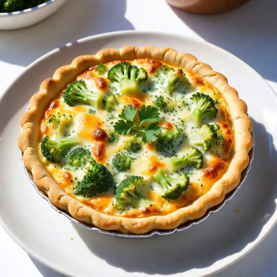 To make a delicious broccoli cheddar quiche, you'll need: - 1 pre-made pie crust - 2 cups broccoli florets, blanched - 1 cup shredded sharp cheddar cheese - 4 large eggs - 1 cup whole milk - 1/2 cup grated Parmesan cheese These main ingredients create a rich and creamy quiche. The cheese adds flavor, while the broccoli gives it a nice crunch. For flavor, you'll want to include: - 1/2 teaspoon garlic powder - 1/2 teaspoon onion powder - 1/4 teaspoon ground nutmeg - Salt and freshly ground black pepper to taste These spices bring out the best in your quiche. Garlic powder adds depth, while nutmeg gives it a warm touch. You can enhance your quiche by adding: - 1 tablespoon olive oil - Fresh parsley, chopped (for garnish, optional) If you want to switch things up, consider using other cheeses or vegetables. Spinach or bell peppers can be great additions. These options keep your quiche fresh and exciting. {{ingredient_image_2}} First, preheat your oven to 375°F (190°C). This step is key for a great bake. While it heats up, grab your pre-made pie crust. Place it in a pie dish, making sure it fits snugly. Next, heat 1 tablespoon of olive oil in a medium skillet over medium heat. Once the oil is warm, add 2 cups of blanched broccoli florets. Sauté for about 3-4 minutes. You want the broccoli to be tender but still bright green. This keeps it crunchy and tasty. After cooking, take it off the heat and let it cool for a few minutes. Now, grab a large mixing bowl. Crack 4 large eggs into the bowl and beat them lightly. Then, pour in 1 cup of whole milk. Add 1/2 teaspoon of garlic powder, 1/2 teaspoon of onion powder, and 1/4 teaspoon of ground nutmeg. Don’t forget a pinch of salt and black pepper. Whisk everything together until it’s well mixed and smooth. Fold in 1 cup of shredded sharp cheddar cheese and 1/2 cup of grated Parmesan cheese. Make sure the cheese is spread evenly in the egg mixture. Once the broccoli has cooled, gently fold it into your egg and cheese mix. Be careful not to break the florets. Now, pour this mixture into your pie crust. Spread it out evenly so every slice has a bit of everything. Place the quiche in your preheated oven. Bake it for 35-40 minutes. You’ll know it’s ready when the egg is set in the center and the top is golden brown. It’s okay if there’s a slight jiggle in the middle. After baking, take it out and let it cool for about 10 minutes. This step helps with slicing and makes the flavors pop. To get a perfectly set quiche, use fresh eggs. Fresh eggs help the quiche rise well. Whisk the eggs and milk until smooth. Don’t rush this step; a good mix makes a big difference. Bake at 375°F for 35-40 minutes. You want the center to jiggle slightly, but it should not be runny. If you like a firmer texture, bake it a bit longer. Let it rest for 10 minutes before slicing. This helps it hold its shape. For extra flavor, try adding fresh herbs like thyme or basil. You can also add a splash of hot sauce for a kick. Use smoked cheddar instead of sharp cheddar for a deeper taste. Adjust your spices too. If you like garlic, add more garlic powder. A pinch of cayenne pepper can add a nice warmth. Remember to taste your egg mixture before pouring it into the crust. This way, you can adjust the salt and pepper to your liking. A common mistake is overcooking the quiche. Keep an eye on it as it bakes. Another mistake is not letting it cool. Slicing too soon can make a mess. Avoid using frozen broccoli; fresh or blanched broccoli works best. Do not skip the resting time after baking. This makes slicing easy and keeps the filling together. Lastly, don’t forget to preheat your oven. Baking in a cold oven can ruin the texture. Pro Tips Choose Fresh Broccoli: Fresh broccoli will give your quiche a vibrant color and better texture compared to frozen. Look for firm, bright green florets. Let It Rest: Allowing the quiche to rest for 10 minutes after baking helps it set and makes it easier to slice cleanly without falling apart. Experiment with Cheeses: Feel free to mix different types of cheese such as Gruyère or feta for a unique flavor profile and texture in your quiche. Customize Your Veggies: Add other vegetables like spinach, bell peppers, or mushrooms to enhance the flavor and nutrition of your quiche. {{image_4}} You can boost the flavor of your quiche by adding more veggies. Spinach, bell peppers, or mushrooms work well. Just chop them small and sauté them like the broccoli. This way, they stay tender. Mix them into the egg and cheese mixture. Each veggie adds a new taste and color. For meat lovers, adding cooked bacon or ham can enhance your quiche. Cook the meat first, then chop it into small pieces. Fold it into the egg mixture with the cheese and broccoli. This adds a savory punch to your dish. You can also use cooked sausage for a spicy kick. If you need a gluten-free option, use a gluten-free crust. You can find these in stores, or make your own. For a dairy-free twist, replace the milk and cheese with almond milk and vegan cheese. This keeps the quiche creamy without the dairy. Just make sure to adjust the baking time slightly. Each variation gives you a new take on this classic dish! To keep your leftover quiche fresh, let it cool first. Wrap it well with plastic wrap or foil. You can also use an airtight container. Store it in the fridge for up to three days. Keeping it sealed helps prevent it from drying out. When you're ready to enjoy leftover quiche, preheat your oven to 350°F (175°C). Place the quiche on a baking sheet. Heat it for about 15-20 minutes. You can also microwave it. Heat each slice for 1-2 minutes. Just be careful, as the crust may get soggy in the microwave. If you want to save quiche for later, freezing is a good option. Wrap each slice in plastic wrap first. Then, place them in a freezer bag. Quiche can last up to three months in the freezer. To thaw, move the slices to the fridge overnight. Reheat as described above to enjoy a creamy, cheesy treat. A broccoli cheddar quiche lasts about 3 to 4 days in the fridge. To keep it fresh, store it in an airtight container. This helps keep moisture in while keeping other smells out. If you want to enjoy it later, just reheat it in the oven or microwave. Yes, you can use a homemade crust for your quiche. Making your own crust adds a personal touch and can taste even better. Just be sure to roll it out flat and fit it into your pie dish before filling it with the quiche mix. You can serve your quiche with a fresh side salad or some fruit. A light salad adds color and crunch, while fruit brings sweetness. Some people also enjoy serving it with a dollop of sour cream or hot sauce for extra flavor. Yes, you can make this quiche ahead of time. Prepare it the day before and store it in the fridge. When you are ready to serve, just bake it according to the instructions. This makes for an easy breakfast or brunch option when you have guests. Broccoli cheddar quiche is a simple but tasty dish. You learned about key ingredients, spices, and substitutes. We covered step-by-step cooking methods to get it right. I shared tips to avoid common mistakes and how to store leftovers well. You can even try fun variations with other veggies or meats. Enjoy this dish any time you want a warm meal. It's versatile, easy to make, and great for sharing. Happy cooking!