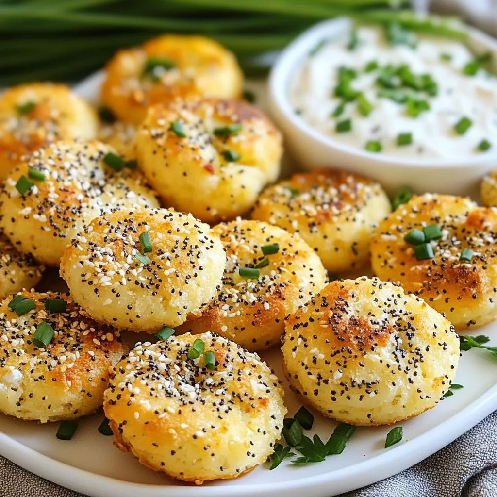 To make Keto Everything Bagel Bites, you need the right ingredients. Here’s what you’ll need: - 2 cups almond flour - 1 tablespoon baking powder - 1 teaspoon garlic powder - 1 teaspoon onion powder - 1 teaspoon ground sea salt - 2 large eggs - 1 cup shredded mozzarella cheese - 2 tablespoons cream cheese, softened - 2 tablespoons everything bagel seasoning These ingredients work together to create a tasty, low-carb snack that captures the delicious flavors of a classic bagel. If you want to make this recipe even lighter, try these substitutes: - Use coconut flour instead of almond flour. - Swap cream cheese with a dairy-free alternative, like cashew cream. - Replace mozzarella with a low-fat cheese option. These swaps can help you adjust the recipe to fit your dietary needs while keeping it low-carb. To prepare these bagel bites, you’ll want to gather a few tools: - Mixing bowls (large and medium) - Whisk for blending ingredients - Baking sheet - Parchment paper for easy clean-up - Measuring cups and spoons for accuracy Having these items ready makes cooking smooth and fun! {{ingredient_image_2}} First, set your oven to 375°F (190°C). This helps the bagel bites cook evenly. While it heats, grab a baking sheet. Line it with parchment paper to stop the bites from sticking. This step is key for easy cleanup. In a large bowl, combine 2 cups of almond flour, 1 tablespoon of baking powder, 1 teaspoon of garlic powder, 1 teaspoon of onion powder, and 1 teaspoon of ground sea salt. Use a whisk to mix well. Make sure no clumps are left. A good mix ensures every bite has flavor. In another bowl, crack two large eggs. Whisk them until blended. Then, add 1 cup of shredded mozzarella cheese and 2 tablespoons of softened cream cheese. Mix until smooth. This creamy blend adds richness to your bagel bites. Now, slowly add the dry mix to the wet mix. Stir continuously. You want all the ingredients to combine into a sticky dough. If it feels too sticky, wet your hands slightly. This helps when you shape the dough. With your hands, take small portions of dough. Roll them into balls, about 1 inch wide. Place each ball on the baking sheet, leaving 1-2 inches of space between them. This space allows the bites to puff up as they bake. Sprinkle everything bagel seasoning on top of each ball. Make sure they are coated well for that classic taste. Then, place the baking sheet in the oven. Bake for 12-15 minutes. Look for a golden brown color. When done, take them out and let them cool on the sheet for a few minutes. This cooling time helps them firm up before you enjoy them. To get the dough just right, mix well. Start with the dry ingredients. Whisk them until they blend. Then, combine wet ingredients slowly. Mix until it forms a sticky dough. If the dough sticks too much, wet your hands. This helps shape the bites easily. You can store the bagel bites in an airtight container. Keep them in the fridge for up to three days. For reheating, use your oven for the best results. Place the bites on a baking sheet. Heat them at 350°F (175°C) for about 5-7 minutes. This keeps them crispy on the outside. Serve your bagel bites on a nice platter. Add some color with fresh herbs like chives or parsley. For extra flavor, pair them with a creamy dip. A keto-friendly cheese spread works great too. Enjoy these bites at parties or as a snack! Pro Tips Use Room Temperature Ingredients: Allow your cream cheese and eggs to come to room temperature before mixing. This helps create a smoother dough and ensures even baking. Experiment with Seasonings: Feel free to customize the seasoning blend! Add sesame seeds, poppy seeds, or even a dash of cayenne pepper for a spicy kick. Check for Doneness: Keep an eye on your bagel bites as they bake. If they start to brown too quickly, you can cover them loosely with foil to prevent burning while they finish cooking. Storage Tips: Store any leftovers in an airtight container in the fridge for up to 3 days. Reheat in the oven for a few minutes to regain their crispiness. {{image_4}} You can change the flavors of your bagel bites easily. Try adding fresh herbs like dill or chives for a bright taste. You can also add sundried tomatoes or olives for a Mediterranean twist. Want something sweet? A touch of cinnamon and a few drops of vanilla can make a fun dessert version. Experiment with different spices to find your favorite mix! If you want to try different cheeses, feel free to swap them! Cream cheese can be replaced with goat cheese for a tangy taste. Cheddar cheese works well too, adding a sharp flavor. For a creamier texture, use ricotta. Each cheese brings a new character to the bites and keeps things exciting. For those who love heat, make spicy everything bagel bites! Add a dash of red pepper flakes to the dough. You can also mix in jalapeños for a kick. Top with spicy everything bagel seasoning to intensify the heat. These bites will wake up your taste buds and add a fun twist to your snack! Keto Everything Bagel Bites are perfect for low-carb diets. Each bite has about 100 calories. This makes them a great snack without guilt. You can enjoy them while staying on track with your keto goals. These bagel bites provide a good balance of fats, proteins, and carbs. Each serving has roughly: - Fat: 6 grams - Protein: 7 grams - Net Carbs: 2 grams This profile helps maintain energy without spiking your blood sugar. The ingredients in these bagel bites offer great health perks: - Almond Flour: This is low in carbs and high in healthy fats. It also has fiber, which aids digestion. - Eggs: Packed with protein and nutrients, they help keep you full longer. - Mozzarella Cheese: This cheese is low in carbs and a good source of calcium. It adds flavor and texture. - Everything Bagel Seasoning: This mix adds flavor and includes onion and garlic, which may boost heart health. These ingredients come together to make a tasty snack that fits into a healthy lifestyle. Yes, you can freeze these bagel bites. After baking, let them cool completely. Then, place them in a freezer-safe bag or container. They will stay fresh for up to three months. When you want to eat them, just thaw them in the fridge overnight. You can also reheat them in the oven for a few minutes at 350°F. This keeps them soft and tasty. To make these bagel bites dairy-free, you can swap the mozzarella and cream cheese. Use dairy-free cheese alternatives that melt well. Look for brands made from nuts or soy. You can also try using cashew cream instead of cream cheese. This will help you keep the creamy texture while staying dairy-free. These bagel bites pair well with many dips and spreads. Some great options include: - Creamy avocado dip - Keto-friendly ranch dressing - Hummus (check for low-carb versions) - Cream cheese (plain or flavored) - A side of fresh veggies for crunch You can also serve them with fresh herbs on top for added flavor. You learned how to make tasty Keto Everything Bagel Bites. We covered ingredients, tools, and detailed steps to create them. You now know tips for perfect dough and fun serving ideas. Many variations can spice things up too. Plus, understanding the nutrients helps you enjoy these bites guilt-free. With this guide, you can bake delicious snacks while sticking to your diet. Happy cooking!