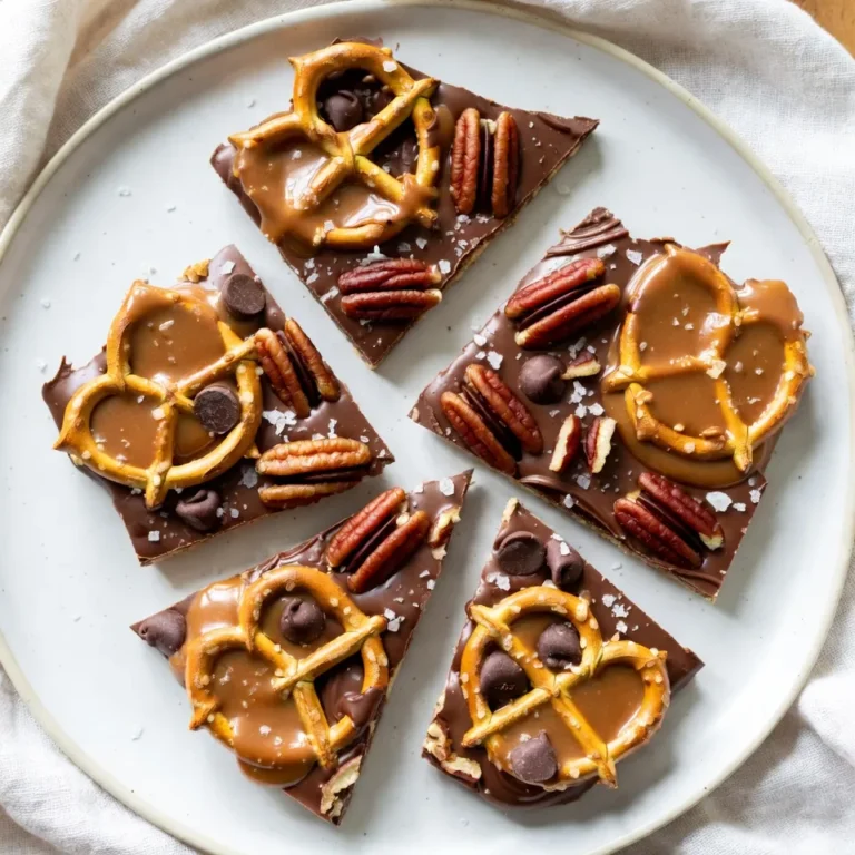 To make Salted Caramel Pretzel Bark, you need the right ingredients. Gather these items for a sweet and salty delight: - 2 cups pretzel twists - 1 cup semi-sweet chocolate chips - 1 cup caramel candies (20-25 candies) - 2 tablespoons heavy cream - 1 teaspoon sea salt - Optional toppings: 1/4 cup chopped pecans, mini chocolate chips, or colorful sprinkles Each ingredient plays a vital role in the final flavor and texture. The pretzels give that perfect crunch. The chocolate adds rich sweetness. The caramel brings a smooth, gooey layer that ties it all together. Don't skip the sea salt! It enhances the taste and balances the sweetness. Feel free to mix in any optional toppings you like. Chopped pecans add a nutty crunch. Mini chocolate chips or sprinkles can make it look fun and festive. This recipe is flexible, so you can adjust it to your taste! {{ingredient_image_2}} - Preheat your oven to 350°F (175°C). - Line a baking sheet with parchment paper to prevent sticking. - Spread pretzel twists evenly on the baking sheet in a single layer. - Bake the pretzels for 5 minutes. - Remove them from the oven and let them cool for a few minutes. - In a microwave-safe bowl, mix caramel candies and heavy cream. - Heat in 30-second bursts, stirring in between. Wait until the caramel is smooth. - Pour the hot caramel over the cooled pretzels, spreading it evenly. - In the same bowl, melt the semi-sweet chocolate chips using the same method. - Drizzle the melted chocolate over the caramel. Spread it if needed. - Evenly sprinkle sea salt over the chocolate layer. - Add any optional toppings like chopped pecans or mini chocolate chips. - Let the bark cool at room temperature for at least 30 minutes. - For faster cooling, place it in the fridge for 15 minutes. - Once set, break the bark into pieces and enjoy your treat! - Ensure even melting of caramel and chocolate: Melt caramel candies with heavy cream in 30-second bursts. Stir well after each burst. This keeps the caramel smooth and creamy. For chocolate, use the same method. Stir until it’s silky and fully melted. - How to prevent pretzels from burning: Bake pretzel twists for just five minutes. Keep an eye on them to avoid burning. Once baked, let them cool before adding caramel. This helps keep them crunchy. - Serving suggestions with a decorative platter: For a lovely display, arrange the bark on a fun platter. Use bright colors to make it pop. This adds a nice touch for parties or gatherings. - Creative packaging ideas for gifting: Package the bark in clear bags. Tie them with ribbons for a special touch. You can also use small boxes for a more elegant gift. This makes your treat look as good as it tastes! Pro Tips Use Fresh Ingredients: For the best flavor, ensure your caramel candies and chocolate chips are fresh and within their expiration dates. Experiment with Toppings: Don't hesitate to try different toppings like crushed pretzels, sea salt caramel drizzle, or even a sprinkle of sea salt for an extra kick. Storage Matters: Store your pretzel bark in an airtight container at room temperature to maintain its crispness and flavor for longer. Customize Your Chocolate: Feel free to mix and match chocolate types; dark chocolate or white chocolate can add exciting flavors to your pretzel bark. {{image_4}} You can make this treat even more fun! Swap semi-sweet chocolate for milk or dark chocolate. Each kind gives a different taste and texture. If you want a nutty crunch, use different types of nuts. Chopped almonds or cashews work great. You can also add toppings like mini chocolate chips or colorful sprinkles. These add a pop of color and flavor, making your bark even more special. Want to make it gluten-free? Choose gluten-free pretzels. They work just as well and taste amazing. For those who follow a vegan diet, you can swap out the chocolate and caramel. Look for vegan chocolate chips and dairy-free caramel. These changes keep the treat tasty while meeting dietary needs. You can enjoy this bark without missing out! To keep your pretzel bark fresh, store it in an airtight container. Layer parchment paper between pieces to prevent sticking. This method keeps each piece nice and crunchy. You can store it at room temperature for up to two weeks. Just make sure it stays in a cool, dry place. If you want to save some for later, freezing is a great option. First, let the bark cool completely. Then, wrap it tightly in plastic wrap. After that, place it in a freezer-safe bag. This way, it can last for up to three months in the freezer. When you're ready to enjoy it, thaw the bark at room temperature for about an hour. If you're in a rush, you can also use the microwave on low power for a few seconds. Serve it once it's soft and ready. To make this treat, follow these steps: 1. Preheat your oven to 350°F (175°C). Line a baking sheet with parchment paper. 2. Spread 2 cups of pretzel twists on the sheet in a single layer. 3. Bake the pretzels for 5 minutes to crisp them up. 4. In a microwave-safe bowl, mix 1 cup of caramel candies with 2 tablespoons of heavy cream. Heat in 30-second bursts until smooth. 5. Pour the melted caramel over the cooled pretzels. 6. Melt 1 cup of semi-sweet chocolate chips in the same way and drizzle it over the caramel. 7. Sprinkle 1 teaspoon of sea salt on top. Add chopped pecans or mini chocolate chips if you like. 8. Let it cool for at least 30 minutes, or refrigerate for 15 minutes to speed up the process. 9. Once set, break into pieces and enjoy! Yes, you can use store-bought caramel. Look for caramel sauce in a squeeze bottle. Just pour it over the pretzels like the melted candy. This can save time and still taste great! If you want a twist, try using rice cakes or popcorn instead of pretzels. Both give a nice crunch and add unique flavors. Just keep an eye on the saltiness! This bark stays fresh for about a week at room temperature. Store it in an airtight container to keep it crunchy. You can also freeze it for longer storage. Absolutely! You can add crushed cookies, dried fruits, or even coconut flakes. Get creative and make it your own! Each topping adds a new flavor and texture. In this post, we explored how to make Salted Caramel Pretzel Bark. We covered ingredients, easy steps, and tips to achieve the best results. You can customize your bark with different chocolates, nuts, and toppings for fun variations. Remember to store it properly to keep it fresh. This treat is not just tasty; it’s great for sharing or gifting too. Enjoy creating this sweet and salty snack that will delight your friends and family.