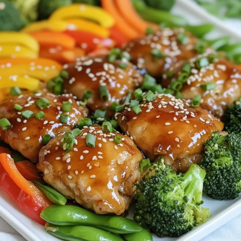 - 4 boneless, skinless chicken thighs - 1 cup broccoli florets - 1 cup assorted bell peppers (red, yellow, and green), thinly sliced - 1 cup snap peas - 1 medium carrot, cut into thin rounds - 1/4 cup low-sodium soy sauce - 1/4 cup honey - 2 tablespoons rice vinegar - 2 cloves garlic, finely minced - 1 tablespoon fresh ginger, grated - 1 tablespoon cornstarch - 1 tablespoon sesame oil - Sesame seeds - Chopped green onions When I make Sheet Pan Teriyaki Chicken and Vegetables, I always choose fresh ingredients. The chicken thighs are tender and juicy. Broccoli and bell peppers add crunch and color. Snap peas bring a sweet snap, while carrots add a nice touch. Now, let's talk about the teriyaki sauce. I love that it balances sweet and salty. The soy sauce gives it depth. Honey adds sweetness, while rice vinegar adds a zing. Fresh garlic and ginger bring warmth and aroma. Cornstarch thickens the sauce just right, and sesame oil adds a nutty flavor. For garnishes, I always sprinkle sesame seeds and chopped green onions. They add a lovely finish and extra flavor. This dish looks great and tastes even better, making it a hit at my table. {{ingredient_image_2}} - Preheat your oven to 425°F (220°C). - Line a large baking sheet with parchment paper. - Whisk together soy sauce, honey, rice vinegar, garlic, ginger, sesame oil, and cornstarch. This sauce is the heart of the dish. It blends sweet, salty, and tangy flavors. The soy sauce adds depth, while honey brings sweetness. Rice vinegar lifts the taste, and garlic and ginger add warmth. Cornstarch helps thicken the sauce. - Place chicken thighs and coat with teriyaki sauce. - Add vegetables and drizzle remaining sauce. Lay the chicken flat on the sheet. Pour half the sauce over it. Make sure each piece is well-coated. Then, arrange broccoli, bell peppers, snap peas, and carrot around the chicken. Drizzle the rest of the sauce on top. This allows the veggies to soak in the flavor. - Bake for 25-30 minutes until chicken reaches 165°F (75°C). The chicken should be juicy and tender. Use a meat thermometer to check the temperature. The veggies should be bright and crisp, adding color and crunch. - Let it rest and garnish before serving. After baking, let the dish rest for a few minutes. This helps the juices settle. Garnish with sesame seeds and chopped green onions. These add a fresh touch and make the dish pop. To balance sweetness and saltiness, start with low-sodium soy sauce. This keeps the sauce from being too salty. Add honey a little at a time. Taste as you mix. You want it sweet but not overpowering. If it's too sweet, add more soy sauce. If it’s too salty, add honey to balance it. To smooth out your sauce, whisk well. Make sure the cornstarch fully dissolves to avoid lumps. You can also heat the sauce over low heat. This helps blend the flavors. Let it cool slightly before using it on chicken and veggies. Choosing fresh vegetables is key. Look for bright colors and firm texture. For broccoli, pick florets that are tight and green. When selecting bell peppers, choose ones that feel heavy for their size. Snap peas should snap when bent. Carrots should be crisp and not bend easily. To add more color or flavor, try using different veggies. Red cabbage adds crunch and color. Zucchini can add a nice texture too. You can also toss in fresh herbs like cilantro for extra taste. For even cooking, spread the chicken and veggies in a single layer on the pan. This helps them cook evenly. Avoid crowding the pan; it can cause steaming instead of roasting. To check for doneness, use a meat thermometer. The chicken should reach 165°F (75°C). For veggies, they should be tender but still crisp. A fork should easily pierce them without falling apart. Pro Tips Marinate for More Flavor: For an even more flavorful dish, consider marinating the chicken thighs in the teriyaki sauce for at least 30 minutes or up to overnight in the refrigerator. Veggie Variations: Feel free to mix and match your favorite vegetables. Zucchini, asparagus, or even mushrooms can add great taste and texture to your dish. Check for Doneness: Always use a meat thermometer to ensure your chicken reaches an internal temperature of 165°F (75°C) for safe eating. Serving Suggestions: Serve this dish over steamed rice or cooked quinoa to soak up the delicious teriyaki sauce, making it a complete meal. {{image_4}} You can mix things up by using different proteins in this dish. Chicken thighs are juicy and tasty, but chicken breast works too. If you want a plant-based option, try tofu. Just press and cube it first. Shrimp also makes a great choice. They cook quickly and soak up the teriyaki sauce well. Adjust the cooking time if you use shrimp. They only need about 10-15 minutes to cook through. Feel free to switch out vegetables based on what you have. Seasonal veggies can add fun flavors, too. Think about using zucchini, asparagus, or even mushrooms. If you have leftover veggies in your fridge, toss them in! Just cut them into similar sizes for even cooking. Mixing colors makes the dish look even more appealing. You can easily make this dish gluten-free. Swap out the low-sodium soy sauce for a gluten-free variety, like tamari. This keeps the same great taste without the gluten. Check the labels on your honey and other sauces to ensure they are gluten-free too. Enjoy a delicious meal that everyone can enjoy! To store leftovers, place the chicken and vegetables in an airtight container. Make sure to cover them well to keep fresh air out. This will help maintain their taste. You can keep the dish in the fridge for up to four days. After that, the quality may drop. You can freeze this meal for future dinners. First, let the dish cool down completely. Then, transfer it to a freezer-safe bag or container. Remove as much air as possible to avoid freezer burn. It is best to use it within three months for the best flavor. To reheat, take the frozen meal out and let it thaw in the fridge overnight. For quick reheating, place it in the microwave for about 5-7 minutes or until warm. You can also reheat it in the oven at 350°F (175°C) for 15-20 minutes. Make sure it reaches an internal temperature of 165°F (75°C) before serving. Yes, you can prep ingredients in advance. Here are some tips: - Marinate Chicken: Combine the chicken with teriyaki sauce. Store it in the fridge for up to 24 hours. - Chop Vegetables: Cut your veggies a day before. Keep them in an airtight container. - Make Sauce: Prepare the teriyaki sauce early. Store it in the fridge for fresh flavor. This way, dinner will be quick and easy! Pair this dish with great sides. Here are some ideas: - Rice: White, brown, or jasmine rice works well. - Noodles: Try soba or rice noodles for a twist. - Salad: A fresh green salad adds crunch. - Bread: Serve with warm bread to soak up sauce. These sides will complement the dish beautifully. Ovens can vary in performance. Here’s how to adjust: - Convection Ovens: Reduce cooking time by about 5-10 minutes. - Older Ovens: Check chicken and veggies a few minutes earlier. - Temperature Variance: Use a meat thermometer to ensure chicken reaches 165°F (75°C). Monitoring closely helps achieve perfect results! In this blog post, we explored a delicious sheet pan teriyaki chicken recipe. We broke down the main ingredients, from chicken thighs to fresh veggies. I shared how to make the teriyaki sauce and step-by-step baking instructions. We also covered tips for perfecting the sauce, choosing veggies, and adjusting cooking times. As you try this dish, have fun with your ingredients and enjoy the flavors. This recipe is simple, healthy, and full of joy. Cooking at home can be easy and rewarding!
