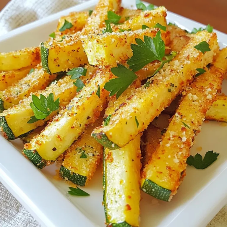 - 2 medium zucchinis, cut into fry-like shapes - 1 cup breadcrumbs (panko or regular) - 1/2 cup finely grated Parmesan cheese - 1 teaspoon garlic powder - 1 teaspoon onion powder - 1 teaspoon smoked paprika - 1/2 teaspoon salt - 1/4 teaspoon freshly ground black pepper - 2 large eggs - 1 tablespoon olive oil (for drizzling) - Fresh parsley, chopped (for garnish) For this recipe, you want fresh zucchinis. Choose medium-sized zucchinis for the best taste and crunch. Cutting them into fry-like shapes helps them cook evenly. The coating is key to making these fries crispy. You can use either panko or regular breadcrumbs. Panko gives extra crunch, while regular breadcrumbs work well too. Parmesan cheese adds a rich, savory flavor. You’ll also need a mix of spices to boost taste. Garlic powder and onion powder bring depth. Smoked paprika adds a lovely hint of smokiness. Salt and pepper are must-haves to enhance all the flavors. The egg wash helps the coating stick. Beaten eggs create a smooth mix to dip your zucchini. Olive oil helps the fries crisp up in the oven. Finally, fresh parsley adds a pop of color and freshness when serving. Enjoy making these easy and tasty Parmesan crusted zucchini fries! {{ingredient_image_2}} - Preheat your oven to 425°F (220°C). - Line a baking sheet with parchment paper. Start by setting your oven to the right temperature. This step ensures even cooking. Lining the baking sheet helps the fries not stick and makes cleanup easy. - Combine breadcrumbs with Parmesan cheese and seasonings. In a bowl, mix the breadcrumbs and Parmesan cheese together. Add garlic powder, onion powder, smoked paprika, salt, and black pepper. Stir well so all the flavors blend smoothly. This mixture adds a tasty crunch to your fries. - Beat eggs to create an egg wash. - Dip zucchini fries in the egg and coat with the breadcrumb mixture. Crack the eggs into another bowl and beat them until smooth. Then, take each zucchini fry and dip it in the egg wash. Make sure to let the extra egg drip off. After that, roll the fry in your breadcrumb mix. Press gently to ensure it sticks well. This step is key for a crispy finish. - Lay fries on the baking sheet and drizzle with olive oil. - Bake for 20-25 minutes, flipping halfway. Place the coated zucchini fries on the baking sheet in a single layer. Make sure they don’t touch. Drizzle a little olive oil over them for extra flavor. Bake in the oven for about 20 to 25 minutes. Flip them halfway through to get that perfect golden color on both sides. - Garnish with parsley and serve with dipping sauces. Once they are baked and crispy, take the fries out. Sprinkle fresh, chopped parsley on top for a pop of color. Serve these tasty fries warm with your favorite dipping sauces like marinara or ranch. Enjoy your delicious snack! To get the best crunch from your zucchini fries, choose panko breadcrumbs. Panko gives a light and airy texture. Also, spread the fries out evenly on the baking sheet. If they touch, they won’t crisp up well. You can boost the taste by adding extra spices. Italian herbs work great. A little lemon zest adds a fresh kick. Mix these into your breadcrumb blend for a tasty twist. These zucchini fries are great with dipping sauces. Marinara or ranch dressing are my favorites. You can serve them as a side dish or an appetizer for parties. They are sure to impress your guests! Pro Tips Choose the Right Breadcrumbs: Use panko breadcrumbs for an extra crunchy texture, or regular breadcrumbs for a more classic approach. Don't Overcrowd the Baking Sheet: Make sure the zucchini fries are in a single layer and not touching to ensure they crisp up nicely. Experiment with Seasonings: Feel free to add your favorite herbs or spices to the breadcrumb mixture for a personalized flavor twist. Serve Immediately: Enjoy the fries fresh out of the oven for the best texture. They tend to lose their crispness if left to sit. {{image_4}} You can switch up the cheese for fun. Try using Romano or Pecorino instead of Parmesan. Both will give a unique taste. If you want a gooey texture, add some shredded mozzarella. It melts nicely and adds creaminess to your fries. Zucchini is great, but you can explore other veggies. Carrots, eggplant, or sweet potatoes work well too. Just remember to cut them into fry shapes. The cooking time may change based on how thick the pieces are. Thinner cuts cook faster, so keep an eye on them! If you're vegan, you can still enjoy these fries. Instead of eggs, use a flaxseed or chia seed mix. Combine one tablespoon of flaxseed or chia with three tablespoons of water. Let it sit for a few minutes to thicken. For flavor, swap in nutritional yeast for the Parmesan in the breadcrumb mix. It gives a cheesy taste without dairy! To keep your Parmesan crusted zucchini fries fresh, cool them completely. After cooling, place them in an airtight container. Store them in the refrigerator for up to three days. This way, you can enjoy your tasty snack later! When you're ready to enjoy your leftovers, the oven is your best friend. Reheat the fries in the oven to keep them crispy. Set the temperature to 375°F (190°C) and bake for about 10 minutes. If you want a faster option, use an air fryer. It quickly reheats the fries without making them soggy. Just a few minutes will do! You can freeze uncooked coated fries for later use. Lay them out on a baking sheet first. Once they are frozen solid, transfer them to a freezer bag. You can also freeze cooked fries. Place them in a single layer on a sheet to freeze. After they are frozen, move them to a bag for storage. This gives you a quick snack option whenever you want! Use medium-sized zucchinis for the best texture. They hold their shape well when baked. Thinner zucchinis can become mushy, while larger ones may have more seeds. Yes, use gluten-free breadcrumbs for an alternative. This swap keeps the flavor and texture. Many brands offer tasty gluten-free options that work great in this recipe. Add cayenne pepper or chili powder to the breadcrumb mixture. Start with a small amount and taste as you go. This way, you can control the heat level. They are a healthier alternative to traditional fries, especially when baked. Zucchini is low in calories and high in vitamins. Baked fries use less oil than fried ones, making them a smart snack choice. Yes, adjust cooking time to suit your air fryer settings for crispy results. Generally, air frying takes less time. Check for crispiness around 10 to 15 minutes, flipping halfway through. In this post, we covered how to make tasty Parmesan Crusted Zucchini Fries. We discussed the key ingredients, including zucchinis and a crispy coating. You learned step-by-step instructions for baking the fries to perfect crispiness. We also shared tips for variations, storage, and answers to common questions. Zucchini fries are a fun and healthy snack. They are easy to make and full of flavor. Enjoy your cooking and have fun trying new ideas!