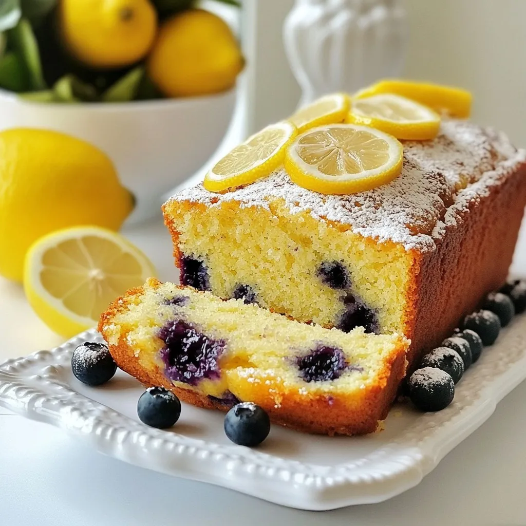 - 1 ½ cups all-purpose flour - 1 teaspoon baking powder - ½ teaspoon baking soda - ½ teaspoon salt - ¾ cup granulated sugar - ½ cup plain Greek yogurt - 3 large eggs - ¼ cup vegetable oil - 2 tablespoons freshly squeezed lemon juice - Zest of 1 lemon - 1 cup fresh blueberries (plus extra for topping) - 1 teaspoon vanilla extract Each slice of this Lemon Blueberry Yogurt Loaf has about: - Calories: 180 - Total Fat: 7g - Saturated Fat: 1g - Cholesterol: 50mg - Sodium: 130mg - Total Carbohydrates: 26g - Dietary Fiber: 1g - Sugars: 10g - Protein: 4g This loaf is a great treat without too many calories. It gives you a nice balance of protein and carbs, perfect for a snack or breakfast. You can swap some ingredients if you want. Here are a few ideas: - Use almond flour for a gluten-free option. - Substitute Greek yogurt with sour cream for a creamier texture. - Try honey instead of granulated sugar for a natural sweetener. - Use coconut oil instead of vegetable oil for a different flavor. - If you can't find fresh blueberries, frozen ones work too. Just add them directly to the batter without thawing. These swaps can help you meet your dietary needs while keeping the loaf delicious! {{ingredient_image_2}} Start by heating your oven to 350°F (175°C). While it warms up, grab a 9x5-inch loaf pan. Lightly grease it with oil or butter. For an easy release, consider lining it with parchment paper. This step makes it simple to take the loaf out later. In a medium bowl, combine 1 ½ cups of all-purpose flour, 1 teaspoon of baking powder, ½ teaspoon of baking soda, and ½ teaspoon of salt. Whisk them together until they blend well. This ensures the loaf rises evenly. Set this dry mix aside for now. In a large bowl, mix ¾ cup of granulated sugar, ½ cup of plain Greek yogurt, and 3 large eggs. Add ¼ cup of vegetable oil, 2 tablespoons of freshly squeezed lemon juice, the zest of 1 lemon, and 1 teaspoon of vanilla extract. Whisk until the mixture is smooth and well combined. Slowly add the dry ingredients into the wet mix. Use a spatula or wooden spoon to fold them together gently. Stop mixing as soon as you don’t see any dry flour. Then, carefully fold in 1 cup of fresh blueberries. Make sure to keep the blueberries whole for a delightful burst of flavor. Pour the batter into your prepared loaf pan. Use a spatula to smooth the top so it looks nice. If you want, sprinkle some extra blueberries on top for a pretty finish. Place the pan in the oven and bake for 50-60 minutes. Check if it's done by inserting a toothpick into the center. It should come out clean. Once baked, take the loaf out of the oven. Let it cool in the pan for about 10 minutes. Then, move it to a wire rack to cool completely. For a stunning presentation, slice the loaf and arrange the pieces on a nice platter. Dust the top with powdered sugar and add fresh lemon slices and blueberries for a bright touch. To get a great loaf, use fresh ingredients. Make sure your baking powder and baking soda are not expired. This helps the loaf rise well. Mix the dry and wet ingredients just enough. Stop when you no longer see dry flour. Overmixing can make the loaf dense. Gently fold in the blueberries to keep them whole. This adds bursts of flavor in every bite. One mistake is not measuring ingredients properly. Use measuring cups for accuracy. Another common error is baking the loaf for too long or too short. Always check with a toothpick to see if it’s done. If you open the oven too early, the loaf may sink. Avoid this by waiting until the last 15 minutes to peek. Lastly, don’t skip the cooling step. Letting it cool helps the loaf set properly. Want to mix things up? Try adding nuts like walnuts or almonds for crunch. You can also swap lemon zest for orange zest for a different twist. For a sweeter treat, fold in some white chocolate chips. If you like spice, add a pinch of cinnamon or nutmeg to the batter. These small changes can take your loaf to the next level! Pro Tips Use Room Temperature Ingredients: For the best results, ensure your eggs and yogurt are at room temperature before mixing. This helps create a smoother batter and a more even bake. Don't Overmix: When combining the wet and dry ingredients, mix just until incorporated. Overmixing can lead to a dense loaf instead of a light and fluffy texture. Fresh vs. Frozen Blueberries: While fresh blueberries are recommended for the best flavor and texture, if using frozen, do not thaw them beforehand to prevent the batter from turning purple. Check for Doneness: Ovens can vary, so start checking your loaf at the 50-minute mark. A toothpick should come out clean or with a few moist crumbs, but not wet batter. {{image_4}} You can make a gluten-free version of this loaf easily. Use 1 ½ cups of gluten-free flour blend instead of all-purpose flour. Make sure the blend contains xanthan gum. This will help the loaf hold together. Follow the same steps in the recipe, and you will enjoy a gluten-free treat that still tastes great. To make this loaf vegan, swap the eggs for flax eggs. Mix 1 tablespoon of ground flaxseed with 2.5 tablespoons of water for each egg. Let it sit for 5 minutes until it gets thick. Use almond milk or any plant-based yogurt instead of Greek yogurt. This keeps the loaf moist and tasty while being completely vegan. Feel free to change the blueberries for other fruits. You might like raspberries, strawberries, or peaches. Just make sure to chop larger fruits into smaller pieces. This way, they mix well and cook evenly. Each fruit adds a new flavor and twist to your loaf. Enjoy experimenting with what’s in season! To store your Lemon Blueberry Yogurt Loaf, first let it cool completely. Wrap it tightly in plastic wrap or store it in an airtight container. This keeps it fresh and moist. You can keep it at room temperature for up to three days. If you live in a warm place, the fridge is a better option. Just remember to bring it back to room temperature before serving for the best taste. You can freeze the loaf for longer storage. Wrap it well in plastic wrap, then foil, to prevent freezer burn. Label the wrap with the date. It can stay in the freezer for up to three months. To enjoy later, move the loaf to the fridge overnight to thaw. You can also thaw it at room temperature for a few hours. To reheat the loaf, slice it first. You can use a microwave or an oven. If using the microwave, warm each slice for about 15-20 seconds. For the oven, preheat it to 350°F (175°C). Place the slices on a baking sheet and heat for about 10 minutes. This way, you keep the loaf soft and fresh. Enjoy it warm for a cozy treat! Yes, you can use frozen blueberries. Just remember to add them straight from the freezer. This helps keep the batter cold and stops them from breaking. You may want to dust them with flour first. This helps them stay suspended in the batter. To reduce sweetness, cut back on sugar. You can use half a cup of sugar instead of three-quarters. You can also add a pinch of salt to balance the flavors. Another option is to use unsweetened yogurt. This choice helps lower the overall sugar in the loaf. You can serve this loaf with fresh fruit, like strawberries or raspberries. A dollop of whipped cream or Greek yogurt works great too. Adding a drizzle of honey or a sprinkle of lemon zest can enhance the taste. It makes for a lovely breakfast or snack. The lemon blueberry yogurt loaf lasts about three days on the counter. Make sure to store it in an airtight container. If you want it to last longer, consider refrigerating it. This can extend its freshness for up to a week. This blog post covers everything you need for a delicious blueberry loaf. We discussed key ingredients, preparation steps, and baking tips. You now have ways to customize the recipe to fit your needs, like gluten-free or vegan options. Remember to store leftovers properly so they stay fresh. I hope you try this recipe and enjoy a tasty treat that’s easy to make!