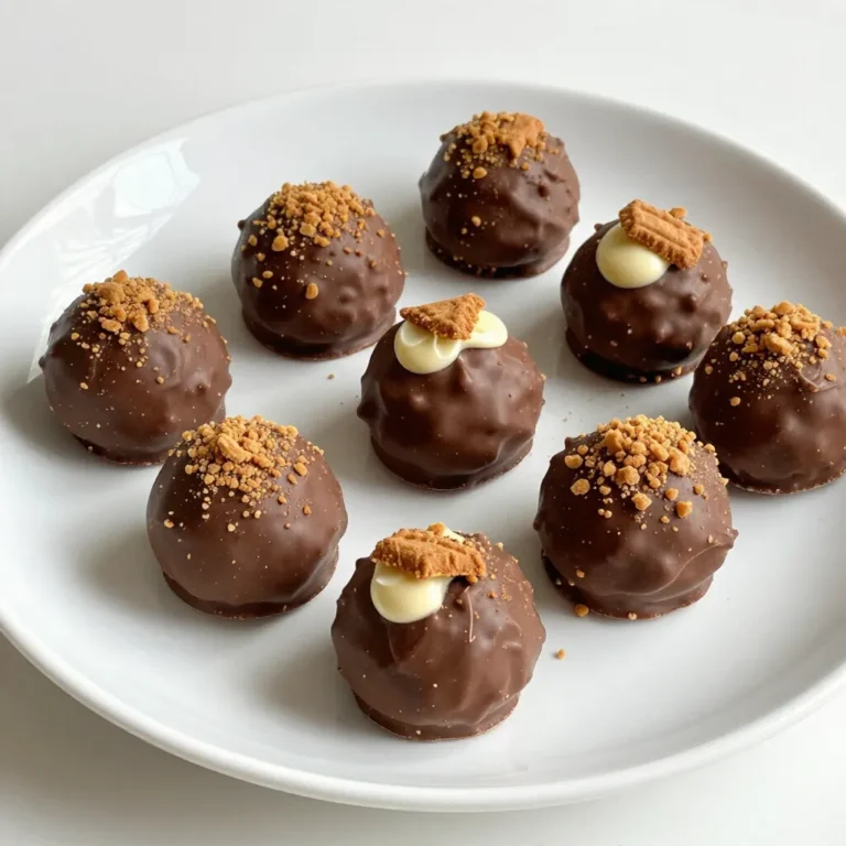 To make Biscoff Cookie Truffles, you need these simple ingredients: - 2 cups Biscoff cookies, finely crushed - 1 cup cream cheese, softened at room temperature - 1/2 cup powdered sugar - 1 teaspoon vanilla extract - 1 cup white chocolate chips - 1 tablespoon coconut oil - Additional crushed Biscoff cookies for coating and garnish Each ingredient plays a key role. The Biscoff cookies give a sweet and spiced taste. Cream cheese adds a rich and creamy texture. The powdered sugar provides sweetness. Vanilla extract enhances the flavors. White chocolate gives a smooth coating. Coconut oil helps the chocolate melt well. Gather these ingredients before you start. It makes the process easier and more fun. Plus, you'll enjoy these truffles sooner! {{ingredient_image_2}} First, gather your ingredients. You need crushed Biscoff cookies, cream cheese, powdered sugar, and vanilla extract. In a large mixing bowl, add 2 cups of finely crushed Biscoff cookies. Next, add 1 cup of softened cream cheese. Follow this with 1/2 cup of powdered sugar and 1 teaspoon of vanilla extract. Use a spatula or your hands to mix everything well until you form a smooth dough. Once your dough is ready, it’s time to shape the truffles. Take small portions of the dough and roll them into balls. Aim for about 1 inch in size. Place these balls on a parchment-lined baking sheet. Make sure to leave some space between each ball. This helps with easy handling later. Now, it’s time to chill your truffles. Put the baking sheet in the fridge for about 30 minutes. This will help the truffles firm up. While they chill, melt your white chocolate chips. In a microwave-safe bowl, combine 1 cup of white chocolate chips with 1 tablespoon of coconut oil. Heat the mixture in 30-second intervals, stirring well each time until smooth. After chilling, take the truffles out of the fridge. Dip each truffle into the melted white chocolate using a fork. Make sure each one gets an even coating. Shake off any extra chocolate. While the chocolate is warm, sprinkle more crushed Biscoff cookies on top. Place the coated truffles back on the baking sheet. Return them to the fridge for about 15 minutes to set. Enjoy your sweet treat! To melt chocolate well, use a microwave-safe bowl. Add your white chocolate chips and coconut oil together. Heat the bowl for 30 seconds, then stir. Repeat this until smooth. Be careful not to overheat, as chocolate can burn easily. Stirring is key to even melting. The right texture makes your truffles stand out. Mix the Biscoff cookies and cream cheese until smooth. Ensure no dry bits remain. If the dough is too soft, chill it longer to firm up. Rolling them into 1-inch balls helps keep them bite-sized and easy to eat. To impress your guests, focus on how you serve the truffles. Use a decorative platter for a beautiful display. Sprinkle crushed Biscoff cookies on the plate for extra flair. You can also serve a side of melted chocolate for dipping. This makes for a fun and tasty experience! Pro Tips Chill the Dough: Ensure the truffle mixture is well chilled before rolling into balls. This helps maintain their shape during the coating process. Perfect Chocolate Coating: When melting the white chocolate, add the coconut oil to achieve a smoother consistency and easier dipping. Crushed Cookie Coating: Use a food processor to finely crush the Biscoff cookies for an even coating and a more appealing texture. Storage Tips: Store the truffles in an airtight container in the refrigerator to keep them fresh and maintain their creamy texture. {{image_4}} You can change up the look and taste of your truffles. Instead of white chocolate, try using dark chocolate. It adds a rich flavor that pairs well with Biscoff. You could also roll the truffles in cocoa powder or crushed nuts. These options give a nice crunch and a touch of elegance. Want to boost the flavor? Add a pinch of sea salt for a sweet-salty combo. You can also mix in some cinnamon for warmth. Try adding a few drops of almond extract to give it a nutty twist. Each of these small changes can make a big difference! Make your truffles festive with seasonal flavors. For fall, mix in pumpkin spice for a cozy vibe. Around the holidays, you can add peppermint extract for a refreshing touch. These seasonal ideas can help you enjoy Biscoff cookie truffles all year long! To keep your Biscoff truffles fresh, place them in an airtight container. I recommend putting a layer of parchment paper between layers of truffles. This helps prevent them from sticking together. Store the container in the fridge. Your truffles will stay tasty for about one week. If you want to save truffles for later, freezing is a great option. First, let the truffles chill in the fridge for 30 minutes. Then, place them on a baking sheet in a single layer. Freeze them for about two hours. Once frozen, transfer the truffles to a freezer-safe bag or container. They can last in the freezer for up to three months. Choose containers that seal well. Glass or plastic containers with lids work best. If you use a bag, make sure to squeeze out any air before sealing. This helps keep the truffles fresh and prevents freezer burn. Enjoy your truffles whenever you want a sweet treat! You can use any similar cookie. Ginger snaps or speculoos cookies work well. They have a nice spice and crunch. You can also try vanilla wafers for a milder flavor. Just make sure to crush them finely. Yes, you can! These truffles are perfect for making ahead. You can store them in the fridge for up to three days. Just keep them in an airtight container. If you want to freeze them, that works too! They last up to three months in the freezer. If stored correctly, these truffles last about a week in the fridge. They can stay fresh for months in the freezer. Just remember to let them thaw in the fridge before eating. Absolutely! Dark chocolate adds a rich taste. Just melt it the same way as the white chocolate. You can also mix both for a fun flavor twist. Chilling the truffles helps them firm up. Use parchment paper on your baking sheet. This keeps them from sticking and makes for easy removal. Yes! Chopped nuts or dried fruit can enhance your truffles. Just fold them into the mixture before shaping. Make sure to adjust the amount of Biscoff cookies to keep the texture right. Use a microwave-safe bowl and heat in short bursts. Stir well after each interval. This prevents the chocolate from burning. You can also use a double boiler for more control. These truffles pair well with coffee or tea. You can also serve them with whipped cream or a fruit sauce. They make a lovely treat for any gathering! These Biscoff cookie truffles blend sweet and creamy with simple ingredients. We discussed the mix of crushed cookies, cream cheese, and chocolate. You learned how to shape, chill, and coat the truffles. Tips on melting chocolate and achieving the best texture were shared. Variations can add new flavors and make them festive. Lastly, we covered storage options to keep your treats fresh. Enjoy making these delightful truffles and impressing your friends!