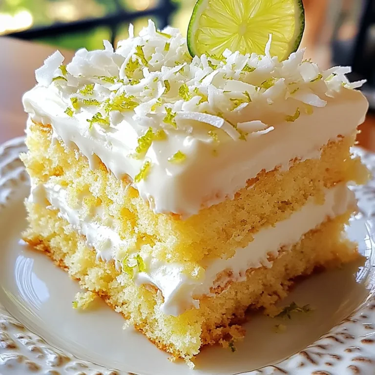 - 1 ½ cups all-purpose flour - 1 cup granulated sugar - ½ cup unsweetened shredded coconut - 2 teaspoons baking powder - ½ teaspoon baking soda - ¼ teaspoon salt - ½ cup unsalted butter, softened to room temperature - 2 large eggs - ½ cup coconut milk (canned or carton) - Zest of 1 lime (about 1 tablespoon) - 2 tablespoons fresh lime juice - 1 teaspoon vanilla extract - 1 cup powdered sugar - 3 tablespoons fresh lime juice - Zest of 1 lime - 2 tablespoons unsweetened shredded coconut for garnish The ingredients for Coconut Lime Sheet Cake create a bright, tropical flavor. The dry ingredients mix well to form a soft base. The all-purpose flour gives the cake its structure. Granulated sugar adds sweetness, while shredded coconut offers texture and flavor. Baking powder and baking soda help the cake rise, and salt enhances the taste. For the wet ingredients, unsalted butter gives richness and moisture. Eggs bind the mix and add fluffiness. Coconut milk keeps the cake moist with a hint of coconut. The lime zest and juice bring a fresh zing. Vanilla extract rounds out the flavors and adds warmth. The lime glaze is the finishing touch. It combines powdered sugar with fresh lime juice for sweetness and tang. Lime zest adds even more flavor and a nice look. Sprinkling shredded coconut on top gives the cake a lovely, textured finish. Each ingredient plays a vital role in making this cake a delightful treat. {{ingredient_image_2}} - Preheat your oven to 350°F (175°C). - Grease a 9x13 inch baking dish with butter and dust it with flour. This helps with easy removal later. - In a large bowl, combine 1 ½ cups all-purpose flour, 1 cup granulated sugar, ½ cup unsweetened shredded coconut, 2 teaspoons baking powder, ½ teaspoon baking soda, and ¼ teaspoon salt. Whisk these dry ingredients together well. - In another bowl, cream ½ cup softened unsalted butter with an electric mixer. Mix until it looks light and fluffy, about 2-3 minutes. - Add 2 large eggs one at a time, mixing well after each addition. - Slowly mix in ½ cup coconut milk, the zest of 1 lime, 2 tablespoons fresh lime juice, and 1 teaspoon vanilla extract. Make sure everything is combined smoothly. - Gradually add the dry mix to the wet mix. Use a spatula or wooden spoon to fold them together. Be careful not to overmix. - Pour the batter into your prepared baking dish. Spread it evenly with a spatula. - Bake the cake for 25-30 minutes. Check if it’s done by inserting a toothpick in the center. It should come out clean or with a few moist crumbs. - While the cake bakes, make the lime glaze. In a bowl, whisk together 1 cup powdered sugar, 3 tablespoons fresh lime juice, and the zest of 1 lime until smooth. - After the cake cools for about 10 minutes, pour the lime glaze evenly over it. Let some soak in for extra flavor. - Sprinkle 2 tablespoons of unsweetened shredded coconut on top for a nice look and taste. - Allow the cake to cool completely before slicing into squares. Enjoy your Coconut Lime Bliss Cake! - For the best results, mix the butter until it's light and fluffy. This step adds air to the cake. - When adding eggs, mix one at a time. This helps the batter stay smooth. - When you combine wet and dry ingredients, be careful not to overmix. This keeps the cake soft. - To check for doneness, insert a toothpick into the center of the cake. If it comes out clean, your cake is ready. - Want more zing? Add extra lime zest to the batter. This makes your cake taste even fresher. - To boost the coconut flavor, use coconut cream instead of coconut milk. This gives a richer taste. - For a beautiful presentation, serve the cake on a colorful platter. - Add lime wedges or mint leaves for a pop of color. - You can also customize toppings. Try adding fresh berries or a sprinkle of nuts for extra crunch. Pro Tips Use Fresh Ingredients: Whenever possible, use fresh lime juice and zest to enhance the cake's flavor. Fresh ingredients make a noticeable difference in taste! Don't Overmix: When combining the wet and dry ingredients, mix just until combined. Overmixing can lead to a dense cake instead of a light and fluffy texture. Let It Cool: Allow the cake to cool for at least 10 minutes before glazing. This helps the glaze adhere better and soak into the cake for added flavor. Storage Tips: Store any leftover cake in an airtight container at room temperature for up to 3 days. You can also refrigerate it for up to a week for extended freshness. {{image_4}} You can change some ingredients if needed. If you want to replace coconut milk, use almond milk or soy milk. Both options will still keep your cake moist and tasty. For flour, you can try using whole wheat flour. This adds fiber and a nutty flavor. Make sure to adjust the amount slightly. Whole wheat flour may need a bit more liquid to stay fluffy. Want to mix it up? Try adding other citrus fruits! Lemon or orange zest can add a new twist. The bright flavors will still pair well with coconut. You can also add nuts or chocolate chips. Chopped walnuts or pecans give a nice crunch. If you love chocolate, dark chocolate chips are a great choice. Just fold them into the batter before baking. If you need gluten-free options, use a gluten-free flour blend. These blends work well in most recipes. Just make sure to check if it has xanthan gum, which helps with texture. For vegan alternatives, replace eggs with flax eggs. Mix one tablespoon of ground flaxseed with three tablespoons of water. Let it sit for a few minutes until it thickens. You can also use plant-based butter instead of regular butter. With these easy swaps, you can enjoy this cake no matter your diet! To keep your Coconut Lime Sheet Cake fresh, store it in the fridge. Place the cake in an airtight container. This helps trap moisture and keeps the cake soft. You can also cover it with plastic wrap or aluminum foil. Make sure the wrap is snug to prevent air from getting in. If you want to keep the cake for a long time, freezing is the way to go. First, let the cake cool completely. Then, wrap it tightly in plastic wrap. After that, place it in a freezer-safe bag or container. This keeps the cake safe from freezer burn. When you want to eat it, thaw it in the fridge overnight. If you want it warm, you can heat it in the oven at 350°F for about 10 minutes. When stored correctly, your Coconut Lime Sheet Cake can last about one week in the fridge. If frozen, it can stay good for up to three months. Just make sure to check for any signs of freezer burn before you enjoy it! To check if the cake is done, insert a toothpick into the center. If it comes out clean or with a few moist crumbs, the cake is ready. This method helps you avoid overbaking. Remember, every oven is different, so keep an eye on the time. Check around 25 minutes into baking to stay aware. Yes, you can use fresh coconut in this recipe. Fresh coconut adds a wonderful texture and flavor. However, you need to shred it finely. The amount should stay the same as the shredded coconut in the recipe. Just keep in mind that fresh coconut may add more moisture to the cake. You can make the cake a day ahead. Bake it and let it cool completely. Then, cover it with plastic wrap or foil. Store it in a cool place or refrigerate it. Make the lime glaze fresh when you are ready to serve. This keeps the glaze from soaking into the cake. Coconut Lime Sheet Cake pairs well with fresh fruit. Try serving it with slices of lime or berries. A scoop of vanilla ice cream also makes a great addition. You can also add whipped cream for a creamy touch. These options enhance the cake's tropical flavors. You learned about making a Coconut Lime Sheet Cake, from ingredients to storage tips. Each step leads to a moist, zesty cake that delights your taste buds. Remember, proper mixing and checking doneness are key to success. You can customize flavors and even adapt the recipe for dietary needs. Whether it's for a special event or just a weekday treat, this cake brings joy. Enjoy baking and sharing this delicious dessert with friends and family. Happy baking!