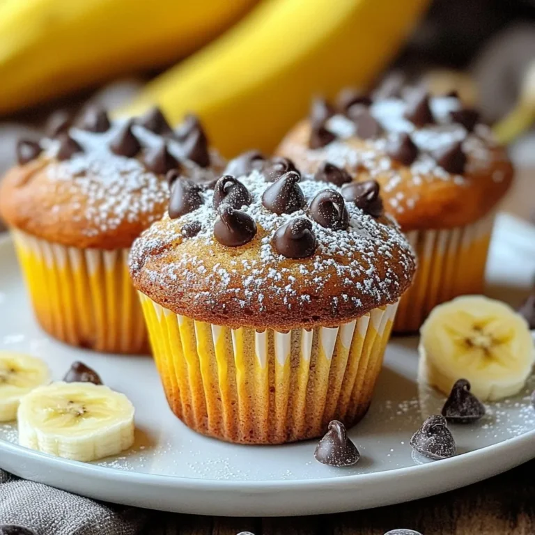 To make these tasty chocolate chip banana bread muffins, you need: - 2 ripe bananas, thoroughly mashed - 1/2 cup unsalted butter, melted and slightly cooled - 1/2 cup packed brown sugar - 1/4 cup granulated sugar - 2 large eggs, at room temperature - 1 teaspoon pure vanilla extract - 1 teaspoon baking soda - 1/2 teaspoon baking powder - 1/4 teaspoon sea salt - 1 1/2 cups all-purpose flour - 1/2 cup semi-sweet chocolate chips - 1/4 cup chopped walnuts (optional, for a crunch) These ingredients blend together to create a soft, moist muffin filled with flavor. If you lack an ingredient, don't worry! Here are some easy swaps: - Bananas: Use unsweetened applesauce for a different fruit flavor. - Butter: Coconut oil works well if you want a dairy-free option. - Sugar: You can use honey or maple syrup instead of brown and granulated sugar. - Eggs: Try using two tablespoons of ground flaxseed mixed with water for an egg alternative. - Flour: Whole wheat flour can replace all-purpose flour for added nutrition. These substitutes can help you make muffins even if you don't have everything on hand. These muffins are a treat, but they also provide some nutrition. Here’s a rough breakdown per muffin: - Calories: 180 - Protein: 3g - Carbs: 28g - Fat: 7g - Fiber: 1g - Sugar: 10g These numbers may vary based on your ingredient choices. Enjoy these muffins as a fun snack or breakfast option! {{ingredient_image_2}} Start by preheating your oven to 350°F (175°C). This ensures even baking. Next, prepare your muffin tin. You can use paper liners or lightly grease the cups with cooking spray. This helps the muffins come out easily after baking. In a large bowl, mash two ripe bananas until smooth. Add in half a cup of melted butter and mix them together well. Then, add half a cup of brown sugar and a quarter cup of granulated sugar. Stir until the sugars blend nicely. Now, crack in two large eggs, mixing one at a time. Finally, pour in one teaspoon of vanilla extract. Mix until the batter looks mostly smooth. In another bowl, sift together one and a half cups of all-purpose flour, one teaspoon of baking soda, half a teaspoon of baking powder, and a quarter teaspoon of sea salt. This step helps to aerate the flour. Slowly add the dry mix to the wet ingredients. Fold the batter gently with a spatula. You want to mix until just combined; avoid over-mixing. Now, fold in half a cup of semi-sweet chocolate chips and optional walnuts. Use a spoon or ice cream scoop to fill each muffin cup about three-quarters full. Place the muffin tin in the oven and bake for 18 to 20 minutes. Check with a toothpick; it should come out clean. Let the muffins cool for five minutes in the tin before transferring them to a wire rack. Enjoy the delightful treat! To get the best muffin texture, start with ripe bananas. They should be soft and sweet. Use a fork to mash them well. This helps blend the bananas into the batter smoothly. Mix the wet and dry ingredients gently. Over-mixing can lead to tough muffins. Aim for a batter that is just combined. A few lumps are okay; they will bake out. When mixing, add the dry ingredients slowly. This helps keep the batter light. Start with the banana and butter mixture. Add the sugars and eggs next, mixing well. Then, sift the dry ingredients into the bowl. Fold gently using a spatula or wooden spoon. Be careful not to stir too hard. The goal is to keep the air in the batter for a fluffy muffin. If your muffins sink in the middle, they may be under-baked. Always check with a toothpick. If it comes out wet, bake longer. If they are too dense, you might have over-mixed. Aim for a light touch. If they burn on top, lower the oven rack. You can also cover them with foil to prevent browning too fast. Use these tips to make perfect chocolate chip banana bread muffins every time! Pro Tips Use Overripe Bananas: The riper the bananas, the sweeter and more flavorful your muffins will be. Look for bananas with lots of brown spots for the best results. Don’t Overmix: When combining the wet and dry ingredients, mix just until combined. Overmixing can lead to dense muffins instead of light and fluffy ones. Experiment with Mix-ins: Feel free to customize your muffins by adding different mix-ins like dried fruits, nuts, or even peanut butter chips for a unique twist! Check for Doneness: Ovens can vary, so start checking your muffins a few minutes before the suggested baking time. They’re done when a toothpick inserted comes out clean. {{image_4}} You can easily change these muffins to fit your taste. Here are some fun add-ins: - Chopped nuts: Walnuts or pecans add a nice crunch. - Dried fruit: Raisins or cranberries bring a sweet chew. - Nut butter: Swirl in peanut or almond butter for creaminess. - Coconut flakes: Add a tropical twist with unsweetened coconut. - Zucchini: Grate some zucchini for moisture and health benefits. These options let you create a muffin that feels unique to you. You can enjoy these muffins gluten-free too! Here’s how: - Use gluten-free flour: Replace all-purpose flour with a gluten-free blend. - Check your baking powder: Ensure it is gluten-free. - Add xanthan gum: This helps mimic the texture of regular flour. This simple swap makes your muffins safe for those with gluten sensitivities. You can add extra flavors to boost your muffins. Here are some ideas: - Cinnamon: Add 1 teaspoon for warmth. - Nutmeg: A pinch can give a cozy taste. - Almond extract: Swap a bit for vanilla for a nutty flavor. - Coffee: Mix in a teaspoon of instant coffee for depth. These enhancements can take your muffins from good to great! To keep your muffins fresh, store them at room temperature. Place them in an airtight container. If you don't have one, wrap them in plastic wrap. This method keeps them soft and moist. You can also use a resealable bag for easier access. Try to eat them within three days for the best taste. Freezing muffins is easy and helps you save them for later. First, let the muffins cool completely. Then, wrap each muffin in plastic wrap. After that, place the wrapped muffins in a freezer-safe bag. Be sure to remove any extra air. They can last up to three months in the freezer. When you're ready to enjoy, simply thaw them at room temperature. To bring back the fresh taste, reheat your muffins. You can use an oven or a microwave. For the oven, preheat it to 350°F (175°C). Place the muffins on a baking sheet and heat for about 5-10 minutes. If using a microwave, heat each muffin for 15-20 seconds. This method warms them up quickly and keeps them soft. Enjoy your delightful treat warm! Yes, you can use frozen bananas. Just thaw them first. Once thawed, mash them well. The moisture from frozen bananas helps keep the muffins moist. This is a great way to use overripe bananas! Check the muffins after 18 minutes. Insert a toothpick into the center of a muffin. If it comes out clean, they are ready. If not, bake for another minute or two. This will help you avoid undercooked or overcooked muffins. You can use applesauce as a substitute. Use 1/4 cup of applesauce for each egg. This keeps the muffins moist and adds sweetness. You can also use flaxseed meal mixed with water. Mix 1 tablespoon of flaxseed meal with 2.5 tablespoons of water. Let it sit for a few minutes to thicken before adding it to the batter. This blog post covered how to make great banana muffins from scratch. We explored the right ingredients and how to mix them properly. I shared tips for perfect texture and ways to customize your muffins. You learned about storage and reheating to keep them fresh. Banana muffins can be a fun and tasty treat. By following these steps, you can create your perfect batch. Enjoy baking, and don’t be afraid to experiment!