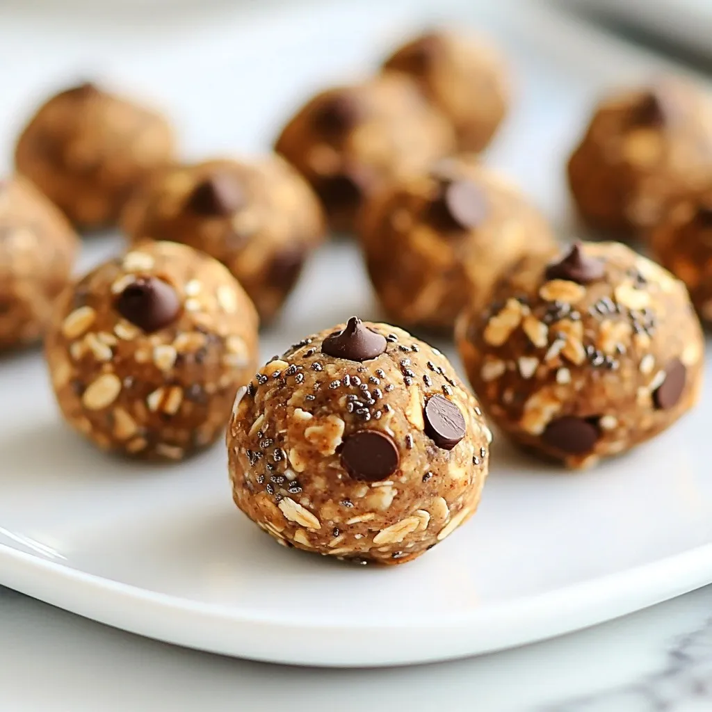 - 1 cup rolled oats - ½ cup natural peanut butter - ¼ cup honey or maple syrup - ¼ cup dark chocolate chips - 2 tablespoons chia seeds - 1 teaspoon vanilla extract - A pinch of salt Gather your ingredients before starting. Using rolled oats as a base gives these energy balls great texture. I love using natural peanut butter because it adds creamy flavor without extra additives. You can pick honey or maple syrup for sweetness. It’s great to have dark chocolate chips; they give a rich taste. Chia seeds add nutrients and a slight crunch. Don’t forget pure vanilla extract; it boosts the flavor. A pinch of salt balances all the sweetness. With these ingredients, you create energy balls that are not only tasty but also packed with nutrition. You can enjoy them as a snack or a quick breakfast. The mix of flavors makes each bite enjoyable. Plus, they are quick to make! {{ingredient_image_2}} First, grab a big mixing bowl. Add 1 cup of rolled oats, ½ cup of natural peanut butter, ¼ cup of honey or maple syrup, and 1 teaspoon of vanilla extract. Use a sturdy spatula or spoon to mix these ingredients. Stir until you reach a smooth and cohesive texture. This step is key. You want everything to blend well, making it easy to form your energy balls later. Next, it’s time to add some fun! Toss in ¼ cup of dark chocolate chips and 2 tablespoons of chia seeds. Don’t forget a pinch of salt to boost the flavors. Mix gently to ensure even distribution. The chocolate chips bring sweetness, while the chia seeds add a nice crunch and nutrients. This mix will taste great and feel good for your body. Now, let’s get hands-on! Scoop out about tablespoon-sized portions of the mixture. Roll each piece into a ball shape using your hands. If the mix feels sticky, just dampen your hands with a little water. This trick makes rolling easier and keeps the mixture from sticking to you. Once you have rolled all the balls, arrange them on a tray lined with parchment paper. Make sure they are spaced apart so they do not stick together. Now, pop the tray into the refrigerator. Chill for at least 30 minutes. This helps the energy balls firm up and improves their texture. After chilling, transfer them into an airtight container. Store them in the fridge to keep them fresh for up to one week. Enjoy your tasty, healthy snacks! To get a good blend, you need the right tools. I love using a sturdy spatula or a strong spoon. They help mix the ingredients well. Start with a large mixing bowl. This way, you have enough room to stir. Make sure you mix until every ingredient is combined. This ensures that every bite packs the same great flavor. I often check for clumps. If you find any, keep mixing until they are gone. Sometimes, the mixture can feel sticky. If it does, don’t worry! You can wet your hands slightly. This trick makes rolling the balls easier. If you want a firmer texture, add more oats or chia seeds. This helps the energy balls hold their shape better. Just remember to mix well after adding any extra ingredients. These energy balls pair well with many snacks. Try serving them with fresh fruit or yogurt. They make a great snack after school or before a workout. For presentation, arrange them on a nice plate. You can sprinkle some chia seeds on top for a fun look. This makes them not just tasty but also pretty! Pro Tips Use a Cookie Scoop: A cookie scoop can help you achieve uniform-sized energy balls, making them more visually appealing and ensuring even texture. Experiment with Mix-ins: Feel free to add other ingredients like shredded coconut, nuts, or dried fruits for added flavor and nutrition. Storage Tips: Store the energy balls in an airtight container in the refrigerator to maintain freshness and prevent them from getting too soft. Chill for Extra Firmness: If you prefer a firmer texture, you can chill the energy balls for longer than 30 minutes before serving. {{image_4}} You can make these energy balls even tastier. One way is by adding nuts or seeds. Chopped almonds or walnuts give a nice crunch. Sunflower seeds or pumpkin seeds add healthy fats too. You can also use different types of chocolate. Try milk chocolate for a sweeter taste. Dark chocolate gives a rich flavor. You can even mix both for a fun twist. Want to make these energy balls vegan? Swap honey for pure maple syrup. This keeps the sweetness while staying plant-based. To make it gluten-free, use certified gluten-free rolled oats. This way, everyone can enjoy these tasty bites safely. If you're watching your sugar intake, try low-sugar alternatives. Use sugar-free chocolate chips or reduce the amount of honey. For a protein boost, add protein powder to the mix. You can also include nut butter with extra protein. This makes the energy balls not just tasty but also filling and nutritious. To keep your Chocolate Peanut Butter Energy Balls fresh, use airtight containers. This helps block moisture and air, preserving flavor. Store them in the fridge for the best results. Keeping them cold helps maintain their shape and texture. When stored in the refrigerator, these energy balls stay fresh for about one week. If you want to keep them longer, freezing is a great option. You can freeze them for up to three months. Just place them in a container or freezer bag, separating layers with parchment paper. If you freeze your energy balls, let them thaw in the fridge. This helps revive their texture. If they feel too hard, you can leave them out for a few minutes before eating. Always check for signs of spoilage. If they smell off or show mold, it's best to throw them away. Chocolate Peanut Butter Energy Balls stay fresh in the fridge for up to one week. They taste best when chilled. To keep them longer, store them in an airtight container. If you freeze them, they can last for about three months. Just remember to thaw them in the fridge before eating. Yes, you can switch peanut butter for another nut butter. Almond butter or cashew butter works well in this recipe. Each nut butter brings its own unique flavor. Just make sure to choose a natural nut butter without added sugars or oils for the best taste. These energy balls can easily fit into a vegan diet. Simply replace honey with pure maple syrup. This keeps the sweetness without using animal products. All other ingredients are already plant-based, making them a great snack for vegans. Absolutely! You can use pure maple syrup instead of honey. This change keeps the energy balls sweet while making them vegan-friendly. If you prefer, you can also try agave syrup. Just keep the same amount to ensure the right texture. These energy balls are easy to make and packed with flavor. We mixed rolled oats, peanut butter, and sweeteners for a tasty snack. Adding chocolate chips and chia seeds gives a nice crunch. Remember, you can adjust the recipe to fit your taste and dietary needs. Store them properly to keep them fresh. Enjoy these healthy bites as a quick pick-me-up anytime. Making them is fun, and sharing them is even better. Try these tips and make your own tasty treats today!