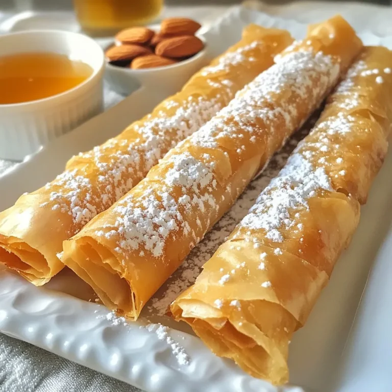 - 1 cup blanched almonds, finely chopped - 1/2 cup honey - 1 teaspoon ground cinnamon - 1/4 teaspoon ground nutmeg - 1/2 cup unsalted butter, melted - 10 sheets of phyllo dough - 1/2 cup powdered sugar (for dusting) - 1/4 cup sesame seeds (optional) - Tips for selecting quality almonds: Look for blanched almonds with a crisp look. They should be fresh, with no dark spots or signs of rancidity. Use whole almonds that you can chop yourself for better flavor. - Alternatives for honey or phyllo dough: If you need a honey substitute, try maple syrup or agave nectar. For phyllo dough, thin egg roll wrappers can work well. Just keep an eye on cooking times. - Importance of fresh spices: Fresh spices make a big difference. Ground spices lose flavor over time. Buy whole spices and grind them before use for the best taste. {{ingredient_image_2}} 1. First, preheat your oven to 350°F (175°C). This helps the cigars cook evenly. 2. Line a large baking sheet with parchment paper. This will prevent the cigars from sticking. 3. In a bowl, mix these ingredients for the filling: - 1 cup blanched almonds, finely chopped - 1/2 cup honey - 1 teaspoon ground cinnamon - 1/4 teaspoon ground nutmeg Stir the mixture well and set it aside for about 10 minutes. This allows the flavors to blend. 4. Take one sheet of phyllo dough. Use a pastry brush to coat it lightly with melted unsalted butter. 5. Place another sheet on top and brush it again with melted butter. This creates a rich, flaky layer. 6. Carefully cut the stacked phyllo into long strips, about 3 inches wide. These strips will form the base of your cigars. 1. At one end of each phyllo strip, place about 2 tablespoons of the almond mixture. 2. Fold the sides over the filling. Then, roll it tightly from that end to make a neat cigar shape. 3. Make sure the filling stays secure inside the roll. 4. Place each cigar seam-side down on the prepared baking sheet. Leave some space between each one for even cooking. 5. Brush the tops of the cigars with any leftover melted butter. This gives them a golden finish. If you want, sprinkle sesame seeds on top for added flavor. 1. Bake the cigars in your preheated oven for 20-25 minutes. Watch them closely to avoid burning. 2. When they turn golden brown and crispy, take them out of the oven. 3. Let the cigars cool slightly on the baking sheet. This helps them firm up. 4. Just before serving, dust the cigars generously with powdered sugar. This adds a sweet touch. 5. For a beautiful presentation, arrange the cigars on a serving platter. You can sprinkle more powdered sugar on top and place whole almonds around them. Serve with a small dish of honey for drizzling. Enjoy your delightful Moroccan honey almond cigars! - Issues with phyllo dough and how to handle it Phyllo dough can dry out quickly. Keep sheets covered with a damp towel while working. If it tears, don't worry! Just layer two sheets together, and you'll still get that lovely crisp. - Preventing leaks in rolled cigars When rolling, make sure to fold the sides over the filling tightly. This holds the filling in place. If you see any openings, you can seal them with a bit of melted butter. - Ensuring even baking for the best texture Space your cigars evenly on the baking sheet. This helps them bake evenly. Rotate the baking sheet halfway through to avoid hot spots in your oven. - Recommended garnishes to elevate the dish A sprinkle of powdered sugar gives a sweet finish. You can also add toasted almond slices or a drizzle of honey on top for a rich look. - Pairing suggestions (beverages or sides) Serve these cigars with mint tea for a traditional touch. You can also pair them with coffee or sweet wine for an adult treat. - Creative ways to serve the cigars at gatherings Arrange the cigars on a colorful platter. Add some fresh mint leaves or orange slices around them for a pop of color. You can even make a small honey dip on the side for extra indulgence. Pro Tips Keep Phyllo Dough Covered: Phyllo dough dries out quickly, so keep it covered with a damp cloth while you work to prevent it from becoming brittle. Customize the Filling: Experiment with different nuts or spices in the filling to create unique flavor combinations that suit your taste. Monitor Baking Time: Every oven is different, so keep an eye on the cigars as they bake to ensure they achieve a perfect golden brown color without burning. Serve Warm: These cigars are best enjoyed warm, so consider baking them just before serving for the ultimate crispy texture. {{image_4}} You can switch nuts in this recipe. Try walnuts, pecans, or pistachios. Each nut brings its own flavor. This change keeps the recipe fresh and fun. You might even mix a few nuts together for a unique taste. Dried fruits add sweetness too. Consider using raisins, apricots, or figs. Chop them finely and add them to the almond mix. If you love chocolate, add small chocolate chips for a twist. This will make the cigars even more indulgent. Spices can change the whole dish. Try adding cardamom for warmth or ginger for zing. You can also reduce the cinnamon if you prefer a milder taste. Adjusting spices allows you to create a flavor you love. You can make these cigars gluten-free. Use gluten-free phyllo dough. Many stores sell this option, so check the label. The rest of the recipe stays the same, and you can enjoy a tasty treat. For vegan versions, swap out butter and honey. Use coconut oil instead of butter. Maple syrup or agave nectar works well as a honey replacement. These changes keep the flavor great while fitting your diet. If you're watching sugar, you can reduce it. Use less honey or try a sugar substitute like stevia. This keeps the cigars sweet but lighter. You can still enjoy every bite without the guilt. To keep your Moroccan honey almond cigars fresh, you have a few options. If you plan to eat them within a few days, refrigerate them. Place them in an airtight container to keep them from drying out. - Use a glass or plastic container with a tight seal. - You can also wrap them in plastic wrap before placing them in the container. If you want to save them for longer, freezing is a great choice. Just follow these steps: - Allow the cigars to cool completely first. - Wrap each cigar tightly in plastic wrap, then place them in a freezer bag. - Remove as much air as possible before sealing. For the best taste and texture, try to eat the leftovers within two weeks. When it's time to enjoy your leftovers, reheating them properly is key. The safest way to reheat them is in the oven. Here's how: - Preheat your oven to 350°F (175°C). - Place the cigars on a baking sheet and cover them with aluminum foil. This keeps them moist while they heat. To maintain their crispiness, avoid using a microwave. Microwaving can make them soggy. If you want to crisp them up, remove the foil for the last few minutes of heating. This allows the outside to regain its crunch. By following these guidelines, your Moroccan honey almond cigars will taste almost as good as fresh! What is the history or cultural significance of Moroccan Honey Almond Cigars? Moroccan Honey Almond Cigars are a traditional treat in Moroccan culture. They symbolize celebration and hospitality. Often served during special occasions, these sweets reflect the rich flavors of Moroccan cuisine. The use of honey and almonds shows the importance of these ingredients in local dishes. Each bite offers a taste of Morocco's vibrant culinary heritage. Can I make these cigars ahead of time? Yes, you can prepare these cigars in advance. Assemble them and keep them in the fridge for up to a day. This way, you save time on the day of your event. Just bake them before serving. They will still taste fresh and delicious. Where to buy pre-made Moroccan Honey Almond Cigars? You can find pre-made Moroccan Honey Almond Cigars in specialty stores or local bakeries. Check Middle Eastern or Mediterranean shops in your area. Some online retailers also offer them. Just ensure you read reviews to find quality options. What to do if the phyllo dough is dry? If your phyllo dough feels dry, it may have been exposed to air. To fix this, cover it with a damp cloth. This keeps it moist while you work. If the dough tears, don't worry. You can patch it up with melted butter. Solutions for uneven baking results To achieve even baking, place your cigars in the center of the oven. Rotate the baking sheet halfway through cooking. If some are browning faster, cover them with foil. This helps achieve a uniform golden color. Tips for correcting overly sweet or bland cigars If your cigars taste too sweet, consider reducing the honey next time. You can balance sweetness with a pinch of salt in the almond mixture. To enhance bland flavors, add more spices like cinnamon or nutmeg. These tweaks will elevate your dish. In this article, we explored how to make delicious Moroccan Honey Almond Cigars. We covered ingredients, including blanched almonds, honey, and phyllo dough. You learned how to prepare, assemble, and bake them. I shared tips to avoid common mistakes and suggested variations for dietary needs. Storing leftovers and reheating methods help keep them tasty. Experiment with flavors and present them creatively. Enjoy making these treats and impress your friends and family!