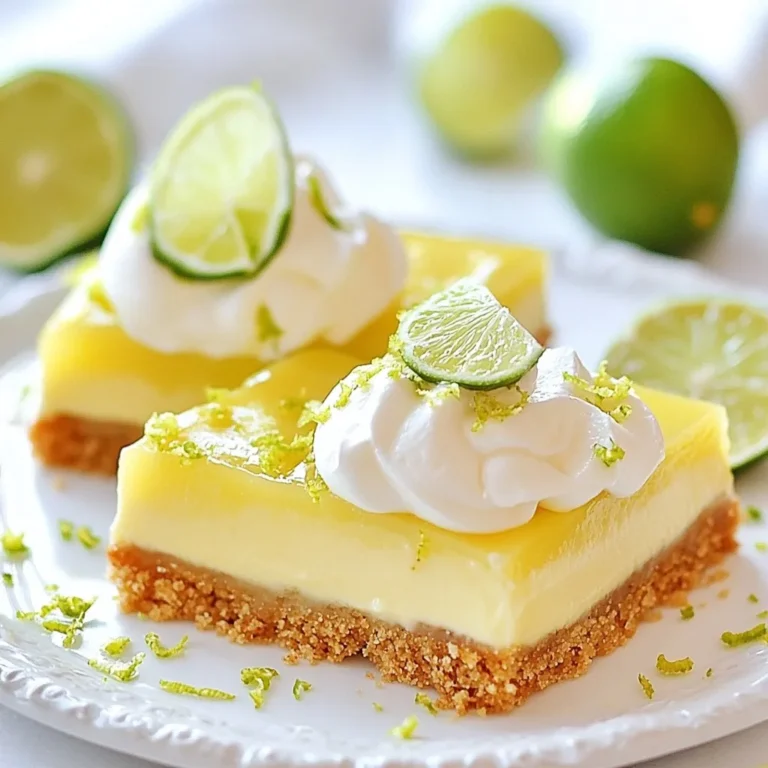 When making key lime pie bars, you'll need the following ingredients: - 1 ½ cups graham cracker crumbs - ½ cup unsalted butter, melted - ⅓ cup granulated sugar - 2 (14-ounce) cans sweetened condensed milk - ½ cup key lime juice (freshly squeezed preferred) - 4 large egg yolks - Zest of 2 key limes - A pinch of salt - Optional: Whipped cream for topping - Optional: Slices of key lime for garnish Each ingredient plays a key role in creating the perfect balance of flavors. The graham cracker crumbs form the crust, giving it a nice crunch. The melted butter helps bind the crumbs together. Granulated sugar adds sweetness, while sweetened condensed milk provides creaminess. Key lime juice brings that bright, tangy flavor. Freshly squeezed juice is best for true taste. The egg yolks add richness and help set the filling. Lime zest enhances the citrus aroma. A pinch of salt balances the sweetness, making every bite delightful. Don't forget the optional toppings! Whipped cream and key lime slices add a lovely finish. They also make the bars look pretty and inviting. Enjoy these bars as a sweet and tangy treat any time! {{ingredient_image_2}} Start by preheating your oven to 350°F (175°C). In a medium bowl, mix 1 ½ cups of graham cracker crumbs, ½ cup of melted unsalted butter, and ⅓ cup of granulated sugar. Stir well until everything blends together. Then, press this mixture firmly into the bottom of a 9x9-inch baking dish. This will form a solid crust for your bars. Once the crust is pressed down, place the baking dish in the preheated oven. Bake for 10-12 minutes. You want the crust to turn lightly golden. After baking, take it out and let it cool for a few minutes. In a large bowl, whisk together 2 cans of sweetened condensed milk, ½ cup of freshly squeezed key lime juice, 4 large egg yolks, the zest of 2 key limes, and a pinch of salt. Mix until the filling is smooth and creamy. Make sure there are no lumps in the mixture. Now, carefully pour the key lime filling over the cooled graham cracker crust. Use a spatula to spread the filling evenly over the entire crust. Return the baking dish to the oven and bake for an additional 15-18 minutes. The filling should be set but still have a slight jiggle in the center. This jiggle means the filling remains creamy. After baking, remove the dish from the oven. Allow it to cool at room temperature for about 30 minutes. Then, move the dish to the refrigerator. Chill for at least 2 hours so the bars can fully set. Once chilled, use a sharp knife to slice the bars into squares or rectangles. This ensures clean edges for a pretty presentation. For a delightful finish, add a dollop of whipped cream on top of each bar. You can also garnish with a thin slice of key lime if you wish. This adds a touch of freshness and beauty to your dessert. Using fresh key limes makes a big difference. Fresh limes give your bars a bright, zesty taste. Bottled juice can taste flat. If you can, always choose fresh key limes. They add true flavor that shines in each bite. To get the most juice, roll the limes on your counter. This softens them and helps release more juice. To get a creamy filling, mix well. Start with sweetened condensed milk in a big bowl. Add the key lime juice, egg yolks, and zest. Whisk everything until smooth. If you see lumps, keep mixing. Lumps can make your filling grainy. The goal is a silky and smooth texture. This will help the bars set perfectly. Cracks can happen when the filling bakes too long. To avoid this, watch the time. Bake until it has a slight jiggle in the center. This means it’s creamy and not overcooked. Also, let the bars cool before chilling. Rapid cooling can cause cracks too. By taking your time, you will have a beautiful, smooth top. Pro Tips Use Fresh Key Limes: For the best flavor, opt for fresh key limes instead of bottled juice. The zest and juice from fresh limes will elevate the taste of your bars. Chill Thoroughly: Allow the bars to chill in the refrigerator for at least 2 hours after baking. This helps them set properly and enhances the flavor. Cut with a Warm Knife: To achieve clean, neat slices, run your knife under hot water before cutting the bars, then wipe it dry. This prevents sticking and mess. Garnish Creatively: Enhance presentation by garnishing with whipped cream and lime slices. Consider adding a sprinkle of lime zest for added color and flavor. {{image_4}} To make your Key Lime Pie Bars even more fun, add coconut! Shredded coconut gives a sweet, chewy texture. Use about 1 cup of unsweetened shredded coconut. Mix it into the graham cracker crust for a delightful crunch. You can also sprinkle some on top before baking for added flavor. This twist brings a taste of the tropics to your dessert! If you need a gluten-free option, swap regular graham crackers for gluten-free ones. You can find gluten-free graham cracker crumbs in stores. If you want to make your own, crush gluten-free cookies. The rest of the recipe stays the same. This way, everyone can enjoy these tasty bars without worry! While key limes shine in this recipe, you can explore other citrus flavors. Try using fresh lime juice or even lemon juice. Each citrus brings its own unique taste. For a fun twist, mix different juices. Use half key lime juice and half lemon juice for a bright flavor. The options are endless, so get creative! To keep your key lime pie bars fresh, store them in the fridge. Use an airtight container to prevent drying out. If you have extra bars, wrap them tightly in plastic wrap before placing them in the container. This helps keep the bars moist and tasty. These bars stay fresh in the fridge for about five days. After that, they may lose some flavor and texture. Always check for any signs of spoilage before enjoying them. If they smell off or look unusual, it's best to toss them. You can freeze key lime pie bars for longer storage. First, cut the bars into squares. Wrap each piece in plastic wrap and then place them in a freezer bag. They can last for up to three months in the freezer. When you're ready to eat, thaw them in the fridge overnight for the best taste. Yes, you can use regular limes. Key limes have a unique flavor that is sweeter and more tart. If you choose regular limes, your bars will taste a bit different. They will still be tasty, but not the same as using key limes. The bars are done when the filling is set but still has a slight jiggle in the center. This means the filling is creamy. Bake them for about 15-18 minutes. Keep an eye on them to avoid overcooking. Yes, you can make these bars dairy-free. Use coconut cream instead of sweetened condensed milk. Look for dairy-free options in stores. This swap keeps the flavor close to the original. Serve the bars chilled for the best taste. You can add a dollop of whipped cream on top. Garnishing with a slice of key lime adds a nice touch. Arrange them on a plate with lime zest for a pretty look. To get clean slices, use a sharp knife. Dip the knife in hot water and wipe it dry before each cut. This keeps the edges smooth and neat. Be sure to let the bars chill completely before slicing. Making Key Lime Pie Bars is easy and fun. We covered ingredients, steps, tips, variations, and storage. You can use fresh key limes or try coconut for a twist. Remember to let the bars cool before slicing for neat pieces. These bars stay fresh in the fridge and freeze well too. Enjoy this summery treat anytime! Whether for a party or a quiet night, these bars will impress. With this guide, you are ready to make your own perfect Key Lime Pie Bars.