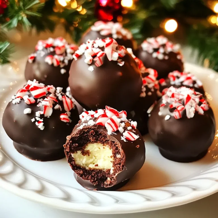 - 1 box of brownie mix (plus eggs, water, and oil as needed) - 1 cup cream cheese, softened - 1 teaspoon vanilla extract - ½ cup powdered sugar - ½ cup crushed candy canes (plus extra for garnish) - 8 oz dark chocolate, chopped (or chocolate chips) - 1 tablespoon coconut oil (or vegetable oil) You can swap the brownie mix for a gluten-free mix if needed. Instead of cream cheese, use vegan cream cheese for a dairy-free option. If you don’t have dark chocolate, milk chocolate works too. For a lighter touch, you can skip the coconut oil and just use chocolate. - Oven - Baking dish - Parchment paper - Large mixing bowl - Fork or hands for crumbling - Baking sheet - Microwave-safe bowl - Spoon for mixing - Refrigerator for chilling These ingredients and tools help make the process easy and fun. Each item plays a key role in creating the tasty Candy Cane Brownie Truffles you’ll enjoy. {{ingredient_image_2}} Start by preheating your oven. Follow the instructions on your brownie mix box. Grease a baking dish or line it with parchment paper. Pour in the brownie batter and bake according to the box's time. When done, take the brownies out and let them cool completely in the pan. Once the brownies are cool, crumble them into small pieces. Use your hands or a fork for this. Aim for a fine, sand-like texture. In a large bowl, add the crumbled brownies, softened cream cheese, vanilla extract, powdered sugar, and half a cup of crushed candy canes. Mix everything well until it forms a cohesive dough. Take about one tablespoon of the brownie mixture. Roll it into a ball about one inch in diameter. Place these balls on a lined baking sheet. Leave space between them to avoid sticking. Refrigerate the truffles for thirty minutes. This helps them firm up. In a microwave-safe bowl, combine the chopped dark chocolate and coconut oil. Microwave in thirty-second bursts. Stir well after each burst. Keep going until the chocolate melts and becomes smooth. Remove the chilled truffles from the fridge. Dip each one into the melted chocolate. Make sure they are fully coated. Let any extra chocolate drip off. Place the truffles back on the parchment paper. While the chocolate is still wet, sprinkle the tops with more crushed candy canes for extra flair. Let the chocolate set at room temperature. You can speed up this process by putting them in the fridge. Once the chocolate hardens, your Candy Cane Brownie Truffles are ready. Serve them on a festive platter and enjoy sharing these delightful treats! To get brownies just right, follow the box instructions. Preheat your oven as directed. Use a greased or lined baking dish for easy removal. Check for doneness a few minutes before the time is up. Stick a toothpick in the center. If it comes out with a few moist crumbs, they are done! Let them cool completely for best results when making truffles. For smooth, tasty truffles, crumble the cooled brownies well. They should look like fine sand. Next, mix in cream cheese, powdered sugar, and crushed candy canes. The mixture should hold together when pressed. If it feels too dry, add a bit more cream cheese. If it’s too wet, sprinkle in more brownie crumbs. Garnishing makes these truffles pop! After coating in chocolate, sprinkle on more crushed candy canes. You can also use colored sprinkles or mini chocolate chips for flair. Drizzle melted white chocolate on top for added design. Serve your truffles on a festive platter to impress your guests! Enjoy the smiles as they take a bite! Pro Tips Use Room Temperature Cream Cheese: Make sure your cream cheese is softened to room temperature for easier mixing and a smoother truffle filling. Chill for Better Coating: Chilling the truffles before dipping them in chocolate will help maintain their shape and make the coating process easier. Customize the Chocolate: For a unique twist, try using white chocolate or milk chocolate instead of dark chocolate for coating the truffles. Experiment with Flavors: Feel free to add a dash of peppermint extract to the truffle mixture for an extra peppermint kick! {{image_4}} You can switch up the flavor of these truffles easily. If you love mint, try adding a few drops of peppermint extract to the cream cheese mix. For a nutty twist, add peanut butter. Just swap out some cream cheese for the peanut butter. You can also try adding different extracts like almond or coconut for a unique taste. Want more chocolate? Mix in mini chocolate chips. These options let you get creative and make each batch special. You can make these truffles vegan and gluten-free. For vegan truffles, use a vegan brownie mix. Substitute cream cheese with vegan cream cheese. Use dairy-free chocolate for coating. For gluten-free truffles, check that your brownie mix is gluten-free. These changes allow everyone to enjoy these treats, no matter their diet. Toppings can change the look and flavor of your truffles. Instead of candy canes, try crushed nuts, sprinkles, or coconut flakes. You can also drizzle with white chocolate for a fun design. If you want texture, add crispy rice cereal to the mix. Each option adds a new layer of fun and flavor to your Candy Cane Brownie Truffles. To keep your Candy Cane Brownie Truffles fresh, store them in an airtight container. Layer parchment paper between the truffles to stop them from sticking. Place them in the fridge. This helps keep the chocolate coating firm. You can freeze these truffles for later. First, place them on a baking sheet. Make sure they are not touching. Freeze them for about an hour. Once firm, transfer the truffles into a freezer-safe bag or container. Be sure to remove any air to prevent freezer burn. Candy Cane Brownie Truffles last about a week in the fridge. If frozen, they can last up to three months. Just remember to thaw them in the fridge for a few hours before enjoying them. This keeps their taste and texture just right. Yes, you can use homemade brownies! Just make sure they are cool. Crumble them into a fine texture. This gives you a rich base. Homemade brownies can add a personal touch. Use your favorite recipe for the best flavor. To make your truffles more festive, add colorful sprinkles. You can also use white chocolate for coating. Another idea is to drizzle melted chocolate on top. Use holiday-themed molds for shaping too. These small changes can really brighten up your treats. You can pair many flavors with brownie truffles. Try adding peanut butter or caramel for a twist. You can also mix in nuts or toffee bits. For a fruity touch, use raspberry or orange zest. Each addition can create a unique taste! You now have a clear guide to making candy cane brownie truffles. By gathering the right ingredients and tools, you can create a scrumptious treat. Follow each step, from baking the brownies to coating them in chocolate. Use the tips for perfect texture and decoration. Consider variations to fit your taste and dietary needs. Store your truffles properly to enjoy them longer. This fun recipe is great for sharing or celebrating. You’ll impress friends and family with these delightful treats!