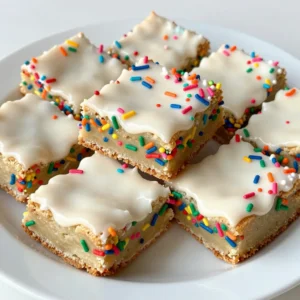 To make Funfetti Sugar Cookie Bars, gather these ingredients: - 2 &frac12; cups all-purpose flour - 1 teaspoon baking soda - &frac12; teaspoon baking powder - 1 teaspoon salt - 1 cup unsalted butter, softened to room temperature - 1 &frac12; cups granulated sugar - 2 large eggs, at room temperature - 1 teaspoon vanilla extract - &frac12; teaspoon almond extract - &frac12; cup rainbow sprinkles (plus extra for topping) - 1 cup powdered sugar (for icing) - 2 tablespoons milk (for icing) - 1 teaspoon vanilla extract (for icing) You can add your twist with these optional ingredients: - Substitute half of the all-purpose flour with cake flour for a softer bar. - Use different extracts, like coconut or lemon, for unique flavors. - Swap rainbow sprinkles for chocolate chips for a fun variation. - Add chopped nuts for extra crunch and flavor. If you need to swap ingredients, here are some tips: - For dairy-free, use vegan butter and dairy-free milk. - Replace eggs with 1/4 cup applesauce per egg for a vegan option. - Use gluten-free flour blends for a gluten-free treat. - If you lack almond extract, just skip it or use more vanilla. These ingredient choices will help you create a delicious and fun treat! {{ingredient_image_2}} First, preheat your oven to 350&deg;F (175&deg;C). This helps the bars bake evenly. Then, take a 9x13 inch baking pan. Line it with parchment paper. Let some paper hang over the sides. This makes it easy to lift the bars out later. Next, grab a medium bowl. In it, whisk together 2 &frac12; cups of all-purpose flour, 1 teaspoon of baking soda, &frac12; teaspoon of baking powder, and 1 teaspoon of salt. Mix them until well combined. Set this bowl aside for a bit. Now, in a large bowl, place 1 cup of softened unsalted butter and 1 &frac12; cups of granulated sugar. Use an electric mixer on medium speed. Mix for about 3-4 minutes. You want the mixture to be light and fluffy. Add 2 large eggs to the butter and sugar mix, one at a time. Make sure to mix well after each egg. After that, stir in 1 teaspoon of vanilla extract and &frac12; teaspoon of almond extract. This adds great flavor. Gradually add the bowl of dry ingredients to the wet mixture. Mix on low speed until just combined. Be careful not to overmix. Then, gently fold in &frac12; cup of rainbow sprinkles using a spatula. This makes your bars fun and colorful. Transfer the cookie dough into the prepared pan. Smooth the top with your spatula. Place it in the oven and bake for 20-25 minutes. Check the edges; they should be light golden. A toothpick inserted in the center should come out clean. Once baked, take the pan out and let it cool completely on a wire rack. While the bars cool, make the icing. In a small bowl, whisk together 1 cup of powdered sugar, 2 tablespoons of milk, and 1 teaspoon of vanilla extract. Keep whisking until smooth. You can add more milk if you want a thinner icing or more sugar for a thicker one. Once the bars have cooled, lift them out of the pan using the parchment paper. Spread the icing evenly over the top. Sprinkle some extra rainbow sprinkles for fun. Finally, cut the bars into squares or rectangles. Enjoy the colorful burst of flavor in every bite! When baking Funfetti Sugar Cookie Bars, avoid these common mistakes: - Overmixing the Dough: This makes the bars tough. Mix just until combined. - Skipping the Cooling Step: Let the bars cool completely before icing. - Not Using Room Temperature Eggs: Cold eggs can affect the texture. To achieve the best texture for your bars, follow these tips: - Use Softened Butter: This helps create a light and fluffy base. - Measure Flour Correctly: Spoon the flour into your measuring cup and level it off. - Check for Doneness: The edges should be light golden. A toothpick should come out clean. Make your Funfetti Sugar Cookie Bars visually appealing: - Use Colorful Plates: A bright plate makes the bars pop. - Add Extra Sprinkles: Sprinkle more on top for a festive touch. - Serve with Fun Napkins: Bright napkins add to the party vibe. Pro Tips Chill the Dough: If you have time, chill the cookie dough for 30 minutes before baking. This helps the bars maintain their shape and enhances the flavor. Use Fresh Sprinkles: Make sure your rainbow sprinkles are fresh, as old sprinkles can lose their color and texture, affecting the final look of your bars. Adjust Icing Consistency: If you prefer a thicker icing, add more powdered sugar, or for a drizzle effect, add a bit more milk to thin it out. Storage Tips: Store any leftover bars in an airtight container at room temperature for up to 3 days, or refrigerate for up to a week to maintain freshness. {{image_4}} You can change the flavor of your Funfetti Sugar Cookie Bars by mixing in different extracts or add-ins. Try using: - Chocolate Chips: Swap some sprinkles for chocolate chips for a sweet twist. - Lemon Zest: Add lemon zest for a fresh, citrusy flavor. - Almond Joy: Mix in shredded coconut and chopped almonds for a tropical touch. These variations add new fun to the classic recipe. Experiment with flavors to find your favorite! Decorating your cookie bars can make them even more special. Here are some fun ideas: - Themed Sprinkles: Use seasonal or holiday-themed sprinkles for festive occasions. - Drizzled Chocolate: Drizzle melted chocolate over the icing for a rich addition. - Fruit Toppings: Top with fresh fruit like strawberries or raspberries for a fresh look. These decoration ideas can make your bars stand out at any party! You can adapt this recipe to fit different diets. For a gluten-free version, use a gluten-free flour blend. Here&rsquo;s how to make it vegan: - Butter: Replace with coconut oil or a vegan butter. - Eggs: Use flax eggs or applesauce instead of eggs. - Milk: Use almond milk or any plant-based milk. These swaps let everyone enjoy delicious Funfetti Sugar Cookie Bars! To keep your Funfetti Sugar Cookie Bars fresh, store them in an airtight container. Use parchment paper between layers to prevent sticking. This method helps maintain their soft texture and keeps the sprinkles vibrant. You can also cover them with plastic wrap if you don&rsquo;t have a container handy. Freezing these bars is easy and keeps them delicious! First, cool the bars completely. Then, slice them into squares. Wrap each piece in plastic wrap, followed by aluminum foil. Place the wrapped bars in a freezer-safe bag or container. They will stay fresh for up to three months in the freezer. When you're ready to enjoy, thaw them overnight in the fridge. Funfetti Sugar Cookie Bars last about a week at room temperature. If stored properly, they can stay fresh for up to two weeks in the fridge. Always check for any signs of dryness or staleness before serving. If they start to lose texture, try warming them in the microwave for a few seconds. This can revive their softness and flavor. Funfetti Sugar Cookie Bars have colorful sprinkles mixed in. This makes them fun and festive. Regular sugar cookies are just sweet and simple. The sprinkles add bright colors and a bit of crunch. They make these bars a great treat for parties or celebrations. Yes, you can use other flours. However, all-purpose flour gives the best texture. If you want a gluten-free version, try a gluten-free flour blend. Just make sure it has a good binding agent, like xanthan gum. This will help keep the bars from crumbling. Look for a light golden edge on the bars. You can also use a toothpick. Insert it into the center of the bars. If it comes out clean, they are done. If it has wet dough on it, bake a few more minutes. If your icing is too thick, add a little milk. Start with one teaspoon and mix well. Keep adding tiny amounts until it reaches your desired consistency. If it is too thin, add more powdered sugar. This way, you will get the perfect icing for your bars. Yes, you can make these bars ahead of time. They stay fresh for a few days. Just store them in an airtight container at room temperature. If you want to keep them longer, freeze them. Wrap the bars tightly and they will last for about three months. In this post, I shared how to make delicious Funfetti Sugar Cookie Bars. We covered ingredients, step-by-step instructions, and tips for perfection. I also explored fun variations and storage methods. Remember to customize the bars with flavors or decorations to suit your taste. Follow the tips to avoid mistakes and keep them fresh. Enjoy baking these bars, and don&rsquo;t forget to share them with friends!