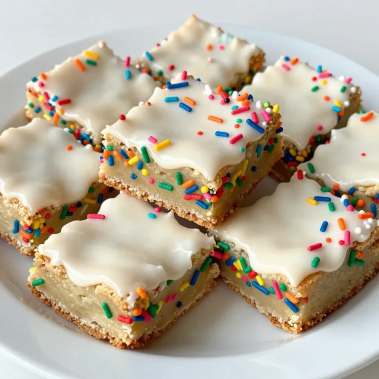 To make Funfetti Sugar Cookie Bars, gather these ingredients: - 2 ½ cups all-purpose flour - 1 teaspoon baking soda - ½ teaspoon baking powder - 1 teaspoon salt - 1 cup unsalted butter, softened to room temperature - 1 ½ cups granulated sugar - 2 large eggs, at room temperature - 1 teaspoon vanilla extract - ½ teaspoon almond extract - ½ cup rainbow sprinkles (plus extra for topping) - 1 cup powdered sugar (for icing) - 2 tablespoons milk (for icing) - 1 teaspoon vanilla extract (for icing) You can add your twist with these optional ingredients: - Substitute half of the all-purpose flour with cake flour for a softer bar. - Use different extracts, like coconut or lemon, for unique flavors. - Swap rainbow sprinkles for chocolate chips for a fun variation. - Add chopped nuts for extra crunch and flavor. If you need to swap ingredients, here are some tips: - For dairy-free, use vegan butter and dairy-free milk. - Replace eggs with 1/4 cup applesauce per egg for a vegan option. - Use gluten-free flour blends for a gluten-free treat. - If you lack almond extract, just skip it or use more vanilla. These ingredient choices will help you create a delicious and fun treat! {{ingredient_image_2}} First, preheat your oven to 350°F (175°C). This helps the bars bake evenly. Then, take a 9x13 inch baking pan. Line it with parchment paper. Let some paper hang over the sides. This makes it easy to lift the bars out later. Next, grab a medium bowl. In it, whisk together 2 ½ cups of all-purpose flour, 1 teaspoon of baking soda, ½ teaspoon of baking powder, and 1 teaspoon of salt. Mix them until well combined. Set this bowl aside for a bit. Now, in a large bowl, place 1 cup of softened unsalted butter and 1 ½ cups of granulated sugar. Use an electric mixer on medium speed. Mix for about 3-4 minutes. You want the mixture to be light and fluffy. Add 2 large eggs to the butter and sugar mix, one at a time. Make sure to mix well after each egg. After that, stir in 1 teaspoon of vanilla extract and ½ teaspoon of almond extract. This adds great flavor. Gradually add the bowl of dry ingredients to the wet mixture. Mix on low speed until just combined. Be careful not to overmix. Then, gently fold in ½ cup of rainbow sprinkles using a spatula. This makes your bars fun and colorful. Transfer the cookie dough into the prepared pan. Smooth the top with your spatula. Place it in the oven and bake for 20-25 minutes. Check the edges; they should be light golden. A toothpick inserted in the center should come out clean. Once baked, take the pan out and let it cool completely on a wire rack. While the bars cool, make the icing. In a small bowl, whisk together 1 cup of powdered sugar, 2 tablespoons of milk, and 1 teaspoon of vanilla extract. Keep whisking until smooth. You can add more milk if you want a thinner icing or more sugar for a thicker one. Once the bars have cooled, lift them out of the pan using the parchment paper. Spread the icing evenly over the top. Sprinkle some extra rainbow sprinkles for fun. Finally, cut the bars into squares or rectangles. Enjoy the colorful burst of flavor in every bite! When baking Funfetti Sugar Cookie Bars, avoid these common mistakes: - Overmixing the Dough: This makes the bars tough. Mix just until combined. - Skipping the Cooling Step: Let the bars cool completely before icing. - Not Using Room Temperature Eggs: Cold eggs can affect the texture. To achieve the best texture for your bars, follow these tips: - Use Softened Butter: This helps create a light and fluffy base. - Measure Flour Correctly: Spoon the flour into your measuring cup and level it off. - Check for Doneness: The edges should be light golden. A toothpick should come out clean. Make your Funfetti Sugar Cookie Bars visually appealing: - Use Colorful Plates: A bright plate makes the bars pop. - Add Extra Sprinkles: Sprinkle more on top for a festive touch. - Serve with Fun Napkins: Bright napkins add to the party vibe. Pro Tips Chill the Dough: If you have time, chill the cookie dough for 30 minutes before baking. This helps the bars maintain their shape and enhances the flavor. Use Fresh Sprinkles: Make sure your rainbow sprinkles are fresh, as old sprinkles can lose their color and texture, affecting the final look of your bars. Adjust Icing Consistency: If you prefer a thicker icing, add more powdered sugar, or for a drizzle effect, add a bit more milk to thin it out. Storage Tips: Store any leftover bars in an airtight container at room temperature for up to 3 days, or refrigerate for up to a week to maintain freshness. {{image_4}} You can change the flavor of your Funfetti Sugar Cookie Bars by mixing in different extracts or add-ins. Try using: - Chocolate Chips: Swap some sprinkles for chocolate chips for a sweet twist. - Lemon Zest: Add lemon zest for a fresh, citrusy flavor. - Almond Joy: Mix in shredded coconut and chopped almonds for a tropical touch. These variations add new fun to the classic recipe. Experiment with flavors to find your favorite! Decorating your cookie bars can make them even more special. Here are some fun ideas: - Themed Sprinkles: Use seasonal or holiday-themed sprinkles for festive occasions. - Drizzled Chocolate: Drizzle melted chocolate over the icing for a rich addition. - Fruit Toppings: Top with fresh fruit like strawberries or raspberries for a fresh look. These decoration ideas can make your bars stand out at any party! You can adapt this recipe to fit different diets. For a gluten-free version, use a gluten-free flour blend. Here’s how to make it vegan: - Butter: Replace with coconut oil or a vegan butter. - Eggs: Use flax eggs or applesauce instead of eggs. - Milk: Use almond milk or any plant-based milk. These swaps let everyone enjoy delicious Funfetti Sugar Cookie Bars! To keep your Funfetti Sugar Cookie Bars fresh, store them in an airtight container. Use parchment paper between layers to prevent sticking. This method helps maintain their soft texture and keeps the sprinkles vibrant. You can also cover them with plastic wrap if you don’t have a container handy. Freezing these bars is easy and keeps them delicious! First, cool the bars completely. Then, slice them into squares. Wrap each piece in plastic wrap, followed by aluminum foil. Place the wrapped bars in a freezer-safe bag or container. They will stay fresh for up to three months in the freezer. When you're ready to enjoy, thaw them overnight in the fridge. Funfetti Sugar Cookie Bars last about a week at room temperature. If stored properly, they can stay fresh for up to two weeks in the fridge. Always check for any signs of dryness or staleness before serving. If they start to lose texture, try warming them in the microwave for a few seconds. This can revive their softness and flavor. Funfetti Sugar Cookie Bars have colorful sprinkles mixed in. This makes them fun and festive. Regular sugar cookies are just sweet and simple. The sprinkles add bright colors and a bit of crunch. They make these bars a great treat for parties or celebrations. Yes, you can use other flours. However, all-purpose flour gives the best texture. If you want a gluten-free version, try a gluten-free flour blend. Just make sure it has a good binding agent, like xanthan gum. This will help keep the bars from crumbling. Look for a light golden edge on the bars. You can also use a toothpick. Insert it into the center of the bars. If it comes out clean, they are done. If it has wet dough on it, bake a few more minutes. If your icing is too thick, add a little milk. Start with one teaspoon and mix well. Keep adding tiny amounts until it reaches your desired consistency. If it is too thin, add more powdered sugar. This way, you will get the perfect icing for your bars. Yes, you can make these bars ahead of time. They stay fresh for a few days. Just store them in an airtight container at room temperature. If you want to keep them longer, freeze them. Wrap the bars tightly and they will last for about three months. In this post, I shared how to make delicious Funfetti Sugar Cookie Bars. We covered ingredients, step-by-step instructions, and tips for perfection. I also explored fun variations and storage methods. Remember to customize the bars with flavors or decorations to suit your taste. Follow the tips to avoid mistakes and keep them fresh. Enjoy baking these bars, and don’t forget to share them with friends!
