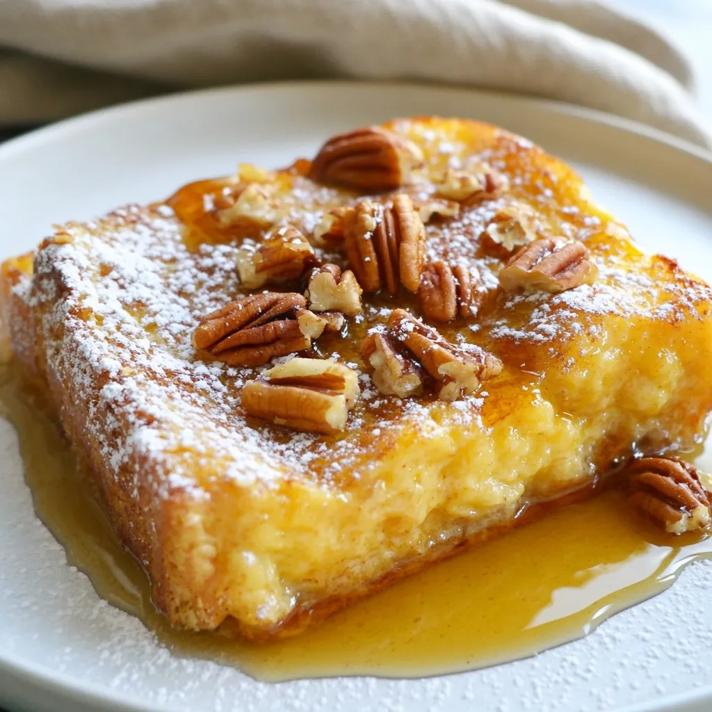 - 1 loaf of challah or brioche bread, cut into 1-inch cubes - 3 cups eggnog - 6 large eggs - 1/4 cup packed brown sugar Eggnog French toast bake needs simple yet rich ingredients. I love using challah or brioche bread. These breads are soft and soak up the eggnog mix well. You will need three cups of eggnog for creaminess. Six large eggs help bind everything together. Brown sugar adds sweetness and depth to the flavor. - 1/2 cup chopped pecans - Powdered sugar for dusting - Pure maple syrup for serving You can add chopped pecans for a crunchy texture. They bring a nice nutty flavor. Dusting with powdered sugar gives a lovely, snowy look. Maple syrup is a must for serving. It adds sweetness that pairs perfectly with the rich, creamy bake. {{ingredient_image_2}} - Preheat your oven to 350°F (175°C). Grease a 9x13-inch baking dish well. - In a large bowl, whisk together eggnog, eggs, vanilla, cinnamon, nutmeg, brown sugar, and maple syrup. Mix until smooth. - Gently fold in the cubed bread. If you like nuts, add chopped pecans now. Make sure each piece gets coated. - Pour the bread mixture into the baking dish. Spread it out evenly. Press down lightly to soak all pieces. - Cover the dish with aluminum foil. Place it in the fridge for at least 30 minutes. For the best taste, let it soak overnight. - When ready, remove the foil. Bake for 30-35 minutes until golden brown. The center should feel set when touched. - Let the dish cool for about 5 minutes after baking. - Dust the top with powdered sugar for a sweet touch. - Serve warm with maple syrup drizzled on top. Garnish with a sprig of mint for a festive look. Refrigerating the eggnog mixture is key. It helps the bread soak up all the flavor. Aim for at least 30 minutes in the fridge. However, overnight soaking really boosts the taste. This gives the bread time to absorb the eggnog and spices well. You have options with eggnog. You can use homemade eggnog for a fresh twist. Store-bought eggnog works well, too, if you're short on time. If you prefer dairy-free, look for almond or coconut eggnog. These options still provide great flavor without dairy. To check if the bake is done, gently touch the center. It should feel set and not jiggly. If the top browns too fast, cover it with foil. Avoid soggy bread by ensuring all pieces are coated but not drowned in the eggnog mixture. This keeps your bake fluffy and delicious. Pro Tips Use Day-Old Bread: For the best texture, use slightly stale challah or brioche. This helps the bread absorb the eggnog mixture without becoming mushy. Enhance Flavor Overnight: Allowing the mixture to soak overnight in the refrigerator intensifies the flavors and gives you a custardy, delicious result. Experiment with Spices: Don’t hesitate to add additional spices such as ginger or cloves for a unique twist on traditional eggnog flavors. Serve Freshly Baked: This dish is best enjoyed fresh out of the oven. Serve it warm for that perfect cozy breakfast or brunch experience. {{image_4}} You can make Eggnog French Toast Bake even tastier with a few fun touches. - Adding chocolate chips: Mix in some chocolate chips for a sweet twist. They melt and create pockets of gooey goodness. I love using semi-sweet or dark chocolate for a nice contrast to the eggnog flavor. - Incorporating citrus zest: Grate some orange or lemon zest into the eggnog mixture. This adds a bright, fresh taste. It pairs well with the warm spices and makes each bite feel festive. You can easily adjust this recipe to fit your dietary needs. - Gluten-free bread options: Use gluten-free bread instead of challah or brioche. Look for a good quality loaf that holds up well when soaked. - Vegan substitutes for eggs: Replace eggs with a flaxseed mixture. Mix 1 tablespoon of ground flaxseed with 2.5 tablespoons of water per egg. Let it sit until it thickens. This keeps your bake fluffy and moist. How you serve this dish can change the whole experience. - Breakfast vs. dessert presentation: For breakfast, serve warm slices on plates with a drizzle of maple syrup. For dessert, add a scoop of vanilla ice cream on top. The warm bake with cold ice cream is delightful! - Accompaniments like fresh fruit: Pair your bake with fresh fruit like berries or sliced bananas. They add color and a healthy crunch to your plate. Plus, they balance the richness of the eggnog. To keep your Eggnog French Toast Bake fresh, store leftovers in the fridge. Place them in an airtight container. This helps prevent drying out. Use parchment paper between layers if you stack slices. You can freeze leftovers too. Wrap each slice tightly in plastic wrap. Then, place them in a freezer bag, removing as much air as possible. This way, they stay tasty for up to three months. When you want to enjoy your French toast bake again, use the oven. Preheat it to 350°F (175°C). Place the slices on a baking sheet. Cover them with foil to retain moisture. Heat for about 15-20 minutes. You can also use a microwave. Place a slice on a microwave-safe plate. Cover it with a damp paper towel, then heat for about 30 seconds. This method works well but can make the texture softer. In the refrigerator, your Eggnog French Toast Bake lasts about three days. Check for changes in smell or texture. If it smells sour or feels slimy, it’s best to toss it. For frozen leftovers, they last up to three months. After that, they may lose flavor and texture. Always inspect before eating. If it looks or smells odd, do not eat it. Enjoy your holiday treat safely! Yes, you can prepare this dish the night before. After mixing the bread with the eggnog mixture, place it in the fridge. Cover the dish tightly with foil to prevent drying out. This soaking time helps the bread absorb all the flavors. For best results, let it sit overnight. This makes the bake moist and rich when you cook it. I recommend using challah or brioche bread. These breads have a soft texture and a slightly sweet flavor. They soak up the eggnog mixture well. You can also use other types of bread, but avoid dense varieties. They may not absorb the liquid as nicely, leading to a less creamy texture. Yes, you can swap eggnog for other milk options. Almond milk and oat milk work well. However, the flavor will change slightly. If you want a similar taste, try adding vanilla and a pinch of nutmeg to the mix. This keeps some of that holiday essence in your dish. This Eggnog French Toast Bake combines rich ingredients like challah and eggnog. The step-by-step guide helps you create a dish perfect for breakfast or dessert. Remember to soak the bread overnight for the best texture. Feel free to mix in chocolate chips or citrus zest for extra flavor. Store leftovers properly to maintain freshness. With these tips, you can enjoy this delicious bake any time. Explore the variations and let your flavors shine!