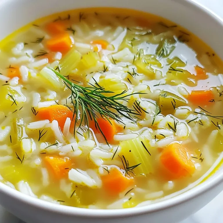 - 1 cup long-grain rice (such as basmati or jasmine) - 8 cups vegetable broth - 4 large eggs - 1/2 cup freshly squeezed lemon juice (about 3 to 4 lemons) - 1 cup carrots, diced - 1 cup celery, diced - 1 medium onion, finely chopped The main ingredients in Greek Lemon Rice Soup create a fresh and hearty dish. Long-grain rice, like basmati or jasmine, gives a light texture. Vegetable broth serves as a rich base, adding flavor without meat. Eggs make the soup creamy and smooth when mixed with lemon juice. You’ll want to use fresh carrots, celery, and onion for a vibrant taste. These veggies add sweetness and depth. The lemon juice gives the soup its zesty kick, making each spoonful refreshing. - Fresh dill or parsley for garnish - Salt and black pepper to taste - Extra-virgin olive oil While the main ingredients shine, optional ingredients add personal flair. Fresh dill or parsley makes the soup look pretty and bright. A pinch of salt and pepper helps to bring all the flavors together. Don’t forget the extra-virgin olive oil! It adds a lovely richness and depth to your soup. Feel free to mix and match these ingredients to suit your taste. This flexibility makes Greek Lemon Rice Soup a fun dish to make. {{ingredient_image_2}} Sautéing vegetables Start by heating 2 tablespoons of extra-virgin olive oil in a large pot over medium heat. Add 1 medium chopped onion, 1 cup diced carrots, and 1 cup diced celery. Cook the veggies for about 5 to 7 minutes. You want them soft and fragrant. Stir often so they cook evenly. Rinsing the rice While the vegetables are cooking, rinse 1 cup of long-grain rice under cold water. Keep rinsing until the water runs clear. This step helps remove excess starch, making your soup less thick. Once rinsed, add the rice to the pot. Stir for about 1 minute to coat the rice in the oil and mix with the veggies. Cooking the rice and broth Carefully pour in 8 cups of vegetable broth. Stir gently to mix. Increase the heat to bring it to a boil. Once it boils, reduce the heat to low. Cover the pot and let it simmer for 15 to 20 minutes. The rice will become tender and soak up the broth. Whisking the eggs and lemon In a separate bowl, whisk together 4 large eggs, 1/2 cup of freshly squeezed lemon juice, and the zest of 1 lemon. Mix until it’s creamy and well combined. This will give your soup a tangy, rich flavor. Tempering the egg mixture After the rice is cooked, take the pot off the heat. To temper the egg mixture, ladle about 1 cup of warm broth into the bowl with the eggs. Whisk the eggs while adding the broth slowly. This warms the eggs and keeps them from scrambling. Adjusting seasoning and serving Now, stir the tempered egg mixture back into the pot with the soup. Keep the heat low to avoid curdling the eggs. Stir until the soup thickens a bit. Taste it and add salt and freshly cracked black pepper as needed. Serve the soup hot in bowls, garnished with freshly chopped dill or parsley for color and flavor. - How to avoid a thick soup Rinse the rice well under cold water. This step removes excess starch. Starch makes the soup thick. A clear water rinse helps keep your soup light and brothy. - Best practices for tempering eggs Whisk the eggs with lemon juice in a bowl. Gradually add warm broth while whisking. This keeps the eggs from scrambling when you add them to the soup. Stir slowly and keep the heat low to avoid curdling. - Ideal garnishes for Greek Lemon Rice Soup Fresh dill or parsley adds color and flavor. Sprinkle them on top right before serving. You can also add a slice of lemon for a pop of brightness. - Pairing options with the soup Serve this soup with crusty bread or a light salad. A side of grilled chicken or fish complements the soup's flavors well. Enjoying it with olives can also enhance your meal. Pro Tips Rinse the Rice: Rinsing the rice under cold water until the water runs clear removes excess starch, preventing the soup from becoming too thick and ensuring a lighter texture. Tempering the Eggs: To avoid scrambling the eggs when adding them to the hot soup, temper them by gradually adding warm broth while whisking continuously. Season Gradually: Always taste and adjust the seasoning at the end of cooking. This helps to enhance the flavors without over-salting the dish. Garnish for Freshness: Adding freshly chopped dill or parsley just before serving not only elevates the presentation but also adds a burst of fresh flavor to the soup. {{image_4}} You can change the rice for different flavors. Long-grain rice works best. However, you can try: - Arborio rice: This rice gives a creamy texture. - Brown rice: It adds a nutty flavor and more fiber, but takes longer to cook. If you want a vegetarian or vegan soup, skip the eggs. You can replace them with: - Silken tofu: Blend it until smooth for creaminess. - Cashew cream: Blend soaked cashews with water for a rich texture. Adding spices or herbs can elevate your soup. Here are some ideas: - Thyme: This herb pairs well with lemon. - Oregano: A classic Greek flavor that adds depth. You can also customize with vegetables. Some tasty options include: - Spinach: Stir in fresh spinach just before serving for color and nutrition. - Peas: Add them for a pop of sweetness and color. These variations let you make the soup your own while keeping it delicious. Enjoy experimenting! You can store leftover Greek Lemon Rice Soup in the fridge. Use an airtight container. Make sure the soup cools down before sealing it. This helps keep it fresh. The soup stays good for about 3-4 days. When you want to eat it again, heat it on the stove or in the microwave. Stir well to mix the flavors. If you want to keep the soup longer, freezing is a great option. First, let the soup cool completely. Pour it into freezer-safe containers or heavy-duty freezer bags. Leave some space at the top, as soup expands when frozen. Seal the containers tightly to avoid freezer burn. To thaw, move the soup to the fridge overnight. You can also use the microwave on a low setting. When you reheat, add a bit of broth or water. This helps keep the texture smooth. Avoid boiling, as it can change the eggs. With these steps, your soup will taste fresh and flavorful even after freezing! What can I do if my soup is too thick? If your soup is too thick, you can add more broth or water. Start with a little at a time. Stir well and check the texture. The rice absorbs a lot of liquid, so this simple fix works great. Can I use chicken broth instead of vegetable broth? Yes, you can use chicken broth if you prefer. It will add a richer flavor to the soup. Just keep in mind that it may change the taste slightly. Is Greek Lemon Rice Soup healthy? Greek Lemon Rice Soup is quite healthy. It has fresh veggies and lean protein from eggs. The lemon adds vitamin C, which is good for your immune system. How many calories per serving? Each serving has roughly 200-250 calories. This can vary based on the exact ingredients you use. Always check your specific ingredients for accurate numbers. What are the origins of Greek Lemon Rice Soup? Greek Lemon Rice Soup, also known as Avgolemono, has deep roots in Greek cuisine. It blends flavors from Mediterranean cooking. It’s a comfort food enjoyed across Greece and beyond. Is this soup traditionally served on specific occasions? Yes, this soup is often served at family gatherings and holidays. It’s popular during Easter and other festive meals. Its light yet filling nature makes it a favorite among many. This article explored the key aspects of making Greek Lemon Rice Soup. We covered essential ingredients, preparation steps, and helpful tips. You learned about ingredient variations, storage, and common questions people ask. In my experience, this soup offers warm comfort and is easy to adapt. Whether you stick to the classic recipe or customize it, it’s a crowd-pleaser. Enjoy making this dish, and share it with family and friends!