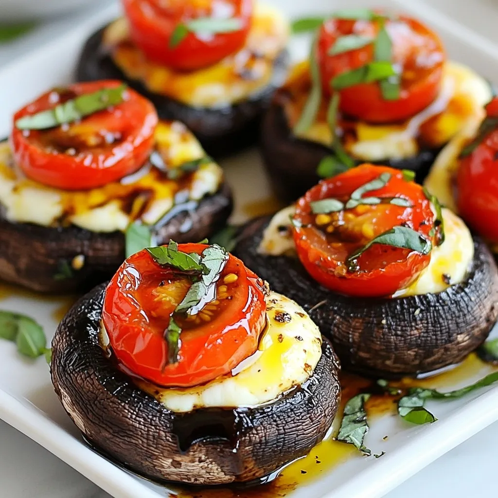 - 4 large portobello mushrooms, stems removed - 1 cup cherry tomatoes, halved - 1 cup fresh mozzarella balls, halved - 1/2 cup fresh basil leaves, chopped - 2 tablespoons balsamic vinegar - 2 tablespoons extra virgin olive oil - 2 cloves garlic, minced - Salt and pepper to taste - 1/4 teaspoon red pepper flakes (optional) Caprese stuffed portobello mushrooms are a tasty delight. Each ingredient adds a special touch. The large portobello mushrooms serve as the perfect base. Their meaty texture holds the filling well and enhances the dish. Cherry tomatoes bring a burst of flavor. They add sweetness and a juicy pop. Fresh mozzarella adds creaminess and richness. When it melts, it becomes a gooey layer of joy. Fresh basil adds a crisp, fragrant note. It brightens every bite and complements the other flavors. Balsamic vinegar gives a tangy kick. It balances the creaminess of the cheese. Extra virgin olive oil adds smoothness and depth. It helps the flavors blend together nicely. Minced garlic adds a savory punch, making the dish even more flavorful. For seasoning, use salt and pepper to taste. Red pepper flakes can give a nice heat. They are optional but can add a fun twist. With these ingredients, you create a dish that is vibrant and satisfying. {{ingredient_image_2}} First, set your oven to 375°F (190°C). This step gets it hot and ready for baking. Next, clean the portobello mushrooms. Use a damp cloth to wipe off dirt. Take out the stems and place the mushrooms gill side up on a baking sheet lined with parchment paper. In a bowl, combine halved cherry tomatoes, mozzarella balls, and chopped basil. Add balsamic vinegar, olive oil, minced garlic, salt, and pepper. If you like some heat, toss in red pepper flakes. Mix gently to keep the cheese intact. Now, fill each mushroom cap with the Caprese mixture. Use a spoon and pack it in well. This ensures every bite is full of flavor. Drizzle a little extra virgin olive oil on top. This will make the mushrooms even tastier as they cook. Put the baking sheet in the oven and bake for about 20 minutes. The mushrooms should get tender, and the cheese will bubble and turn golden. Once done, take them out and let them cool a bit before serving. For a great look, serve them on a nice plate. Add fresh basil leaves and a drizzle of balsamic reduction for a special touch. To get the best flavor, clean your mushrooms well. Use a damp cloth to wipe off dirt. Remove the stems carefully so you don’t break the caps. When you stuff them, pack the filling tightly. This helps the flavors blend well as they bake. Always choose fresh ingredients for this dish. Look for ripe cherry tomatoes and creamy mozzarella balls. Fresh basil adds a bright taste that really enhances the dish. The quality of your ingredients makes a big difference in flavor. Fresh ingredients bring out the best in every bite. To impress your guests, think about how you plate your mushrooms. A wooden board or a nice plate works well. Drizzle some balsamic reduction around the mushrooms for a pop of color. Add a few fresh basil leaves on top for a beautiful finish. This not only makes it look great but also adds extra flavor. Pro Tips Use Fresh Ingredients: For the best flavor, always use fresh mozzarella and ripe cherry tomatoes. The quality of your ingredients makes a significant difference in the overall taste of the dish. Marinate for Extra Flavor: Consider letting the Caprese filling sit for about 15 minutes before stuffing the mushrooms. This allows the flavors to meld together, enhancing the overall taste. Experiment with Cheese: If you're feeling adventurous, try substituting the mozzarella with burrata for a creamier texture or goat cheese for a tangy twist. Check Mushroom Size: Make sure your portobello mushrooms are large and sturdy enough to hold the filling. Smaller mushrooms can work too, but adjust the cooking time accordingly. {{image_4}} You can easily make this dish vegan. Instead of mozzarella, use vegan cheese. Look for a brand that melts well. You can also replace balsamic vinegar with a splash of lemon juice for brightness. This keeps the dish fresh and tasty while fitting into a plant-based diet. Feel free to add more veggies to the filling. Spinach or bell peppers work well. You can also mix in some olives for a briny kick. If you love herbs, try adding oregano or thyme for extra flavor. For a bit of heat, increase the red pepper flakes or drizzle some hot sauce on top before serving. These mushrooms shine at any gathering. Serve them as a starter at parties. They also make a great side to grilled meats. For a light lunch, pair them with a salad. If you’re hosting a fancy dinner, garnish with fresh basil and balsamic reduction. This adds a nice touch and makes the dish pop on the plate. After you enjoy your Caprese stuffed portobello mushrooms, store any leftovers in the fridge. Place them in an airtight container. They will stay fresh for about three days. Make sure they cool down to room temperature before sealing them up. This helps keep them tasty and safe to eat. When you're ready to eat your leftovers, reheating is simple. Preheat your oven to 350°F (175°C). Place the mushrooms on a baking sheet. Heat them for about 10 to 15 minutes. This warms them up evenly and keeps the cheese gooey. If you’re in a hurry, you can microwave them. Just cover them with a damp paper towel and heat for 1 to 2 minutes. If you want to save some for later, freezing is a great option. First, let the stuffed mushrooms cool completely. Then, wrap each one in plastic wrap. Place them in a freezer-safe bag or container. They can last for about one month in the freezer. When you want to eat them, thaw in the fridge overnight before reheating. This way, you can enjoy this dish even more! The best mushrooms for stuffing are large portobello mushrooms. They have a big cap and a sturdy shape. Their rich flavor and meaty texture make them perfect for filling. You can also use large shiitake or cremini mushrooms, but they may need more care. Portobello mushrooms hold their shape well and allow for a generous amount of filling. Yes, you can make this recipe ahead of time. Prepare the filling and stuff the mushrooms a few hours before baking. Just cover the mushrooms and store them in the fridge. When you’re ready to eat, pop them in the oven. This saves time and makes it easy to enjoy a quick meal. To add spice, sprinkle in red pepper flakes. You can increase the amount based on your taste. Another option is to add chopped jalapeños or a drizzle of hot sauce. These options will enhance the flavor while giving your dish a spicy kick. Caprese stuffed portobello mushrooms pair well with many sides. Here are some tasty options: - A fresh green salad - Garlic bread or crusty rolls - Quinoa or couscous for a grain side - Roasted vegetables for added flavor These sides balance the dish and add variety to your meal. This blog post covered how to make delicious Caprese Stuffed Portobello Mushrooms. We talked about the key ingredients, like mushrooms, mozzarella, and fresh herbs. I provided steps to prep, stuff, and bake your dish perfectly. Plus, I shared tips for best results and variations for different diets. Remember, fresh ingredients make a big difference. Enjoy these mushrooms as an appetizer or main dish. You can easily store leftovers for later meals. With this guide, you can impress anyone with your cooking skills. Happy cooking!