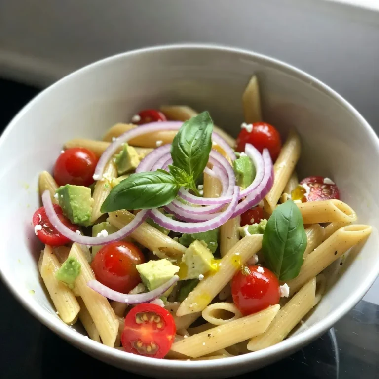 - 8 oz penne pasta - 2 ripe avocados, diced into bite-sized pieces - 2 cups cherry tomatoes, halved lengthwise - 1/2 cup red onion, finely diced - 1/4 cup fresh basil leaves, chopped roughly - 1/4 cup feta cheese, crumbled (optional for creaminess) - 3 tablespoons extra virgin olive oil - 2 tablespoons balsamic vinegar - 1 teaspoon garlic powder - Sea salt and freshly ground black pepper, to taste You can add proteins like grilled chicken or shrimp for a heartier dish. Nuts, such as pine nuts or walnuts, add great crunch. Also, consider adding olives for a briny kick. If you love spice, add red pepper flakes or jalapeños. For gluten-free pasta, swap the penne with rice or corn pasta. Use a dairy-free cheese if needed. For a vegan option, leave out the feta cheese entirely. You can also replace olive oil with avocado oil for a different flavor. This salad lets you play with flavors and textures while staying fresh and light. Enjoy your culinary journey! {{ingredient_image_2}} Start by filling a large pot with water. Add a good pinch of sea salt. Bring the water to a rolling boil. Once it boils, add 8 ounces of penne pasta. Cook the pasta according to the package directions until it is al dente. After cooking, drain the pasta and run cold water over it. This stops the cooking process and cools the pasta. In a large mixing bowl, combine the cooled penne pasta, 2 ripe avocados (diced), and 2 cups of halved cherry tomatoes. Add 1/2 cup of finely diced red onion to the bowl. Make sure to mix gently to avoid smashing the avocados. You want to keep everything looking fresh and colorful. In a small bowl, whisk together 3 tablespoons of extra virgin olive oil and 2 tablespoons of balsamic vinegar. Add 1 teaspoon of garlic powder, a pinch of sea salt, and a few cracks of black pepper. Whisk until the dressing is well mixed. This dressing adds a rich flavor to the salad. Now, gently fold the dressing into the salad mix. Add 1/4 cup of chopped fresh basil and 1/4 cup of crumbled feta cheese, if you want. Toss everything lightly to coat the ingredients without mashing the avocados. Taste the salad and adjust the seasoning if needed. Let the salad sit for 15-20 minutes at room temperature. This helps the flavors blend well together. To cut avocados, start by slicing them in half. Use a sharp knife to cut around the pit. Twist the halves to separate them, then remove the pit carefully. Scoop the green flesh out with a spoon. Cut the flesh into small cubes for your salad. This technique keeps the avocados fresh and prevents browning. Adding lemon juice can also help maintain their bright color. Cook the penne pasta until it is al dente. Al dente means it should be firm but not hard. Follow the package instructions for cooking times. After draining, run cold water over the pasta. This stops the cooking and cools it quickly. The right texture keeps the pasta from getting mushy in the salad. You can change the flavors in this salad to match your taste. Add spices like chili flakes for heat or lemon zest for brightness. Try different herbs like cilantro or parsley instead of basil. You can also add proteins like grilled chicken or shrimp to make it heartier. Adjust the dressing by adding more vinegar for tang or more olive oil for richness. This salad is a blank canvas, so get creative! Pro Tips Use Ripe Avocados: Ensure your avocados are perfectly ripe for the best flavor and creamy texture. They should yield slightly to gentle pressure when squeezed. Chill the Pasta: After cooking the pasta, running it under cold water not only stops the cooking process but also helps to keep the pasta from becoming mushy in the salad. Fresh Herbs Matter: Use fresh basil for the best flavor. Dried herbs won’t provide the same vibrant taste and aroma as fresh ones. Let it Rest: Allow the salad to sit for 15-20 minutes before serving. This helps the flavors meld together, making each bite even more delicious. {{image_4}} You can boost your salad by adding protein. Grilled chicken or shrimp works great. Both options add flavor and make the dish more filling. Just grill the protein until it’s cooked through, then chop or slice it. Fold it into the salad right before serving. This makes the dish heartier and more satisfying. While penne is a popular choice, you can use other pasta types. Rotini, fusilli, or bowtie pasta are fun options. Each shape holds the dressing well and adds texture. Just cook the pasta as you would with penne. This gives you a chance to mix it up and keep things interesting. Seasonal vegetables add freshness and color to your salad. Try bell peppers, zucchini, or corn. They not only taste great but also boost the nutrition of the dish. Simply chop the veggies and mix them in with the other ingredients. This way, you can enjoy the best flavors of the season while making your salad more vibrant. To keep your avocado tomato pasta salad fresh, store it in an airtight container. Make sure to place it in the fridge right after serving. This helps keep the flavors intact and prevents the avocados from browning. If you notice the salad starting to brown, you can squeeze some lemon juice on top. This adds flavor and keeps the color bright. When stored properly, this pasta salad lasts about 2-3 days in the fridge. Over time, the avocados may soften and the tomatoes could lose their texture. It’s best to eat the salad within this time for optimal taste. If you see any signs of spoilage, like an off smell or mushy texture, it’s best to toss it out. You don’t need to heat this salad, as it is best served cold. If it feels dry after a day in the fridge, drizzle a bit more olive oil or balsamic vinegar before serving. Toss it gently to combine. You can also add a few fresh herbs to liven it up. Remember, the key is to keep the avocados intact and fresh. Yes, you can make this salad ahead of time. I suggest preparing it a few hours in advance. This allows the flavors to blend well. Just keep it in the fridge until you're ready to serve. Be sure to add the avocados close to serving time to keep them fresh. If you want to skip feta cheese, try using goat cheese or a creamy vegan cheese. You could also simply leave it out. The salad will still be tasty and fresh without cheese. Chilling the salad is not necessary, but it helps the flavors meld. If you have time, let it sit for 15-20 minutes at room temperature or pop it in the fridge for a bit. This makes every bite more flavorful. To make this pasta salad vegan, skip the feta cheese. Use a vegan cheese option or simply leave it out. The salad will still be creamy and delicious with the avocados and dressing. This blog post covered key ingredients, step-by-step cooking, and great tips. You learned how to make a tasty pasta salad while keeping dietary needs in mind. Remember, you can customize this dish with proteins and seasonal veggies. Proper storage ensures your salad stays fresh, and the FAQs guide any last-minute questions. Enjoy your cooking adventure and create a salad that suits your taste perfectly!