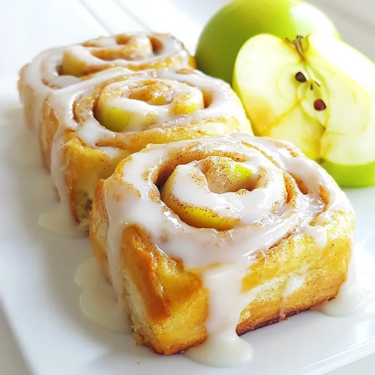 For these tasty apple cinnamon rolls, you need: - 2 cups all-purpose flour - 1/2 cup granulated sugar - 1/2 teaspoon salt - 1 tablespoon baking powder - 1/2 teaspoon baking soda - 1/4 cup unsalted butter, softened - 3/4 cup buttermilk - 1 cup apples, peeled and chopped - 2 teaspoons ground cinnamon - 1/4 teaspoon freshly grated nutmeg - 1/4 cup packed brown sugar - 1 cup powdered sugar (for glaze) - 2 tablespoons milk (for glaze) These ingredients work together to create soft, fluffy rolls with a sweet, spiced flavor. To make your rolls even better, consider adding: - A pinch of vanilla extract - Chopped nuts like walnuts or pecans - Raisins for extra sweetness Adding these extras can bring new textures and tastes to your rolls. You might not have all the ingredients on hand. Here are some swaps: - Use whole wheat flour instead of all-purpose for a nuttier flavor. - Milk can replace buttermilk; just add a splash of vinegar for tang. - Substitute any tart apple, like Honeycrisp, for Granny Smith. These substitutions help you adapt the recipe to what you have, without losing flavor. {{ingredient_image_2}} To start, preheat your oven to 375°F (190°C). Grease a 9-inch round baking pan with butter or non-stick spray. This helps the rolls come out easily later. In a large bowl, whisk together the flour, sugar, salt, baking powder, and baking soda. This step is key for even rising. Next, add the softened butter into the dry mix. Use a fork or pastry cutter to blend it until the mix looks like coarse crumbs. Pour in the buttermilk and mix it until a soft dough forms. Now, take the dough and place it on a lightly floured surface. Knead it gently for about 1 minute. You want it smooth, but don't overdo it. Over-kneading can make your rolls tough. After that, roll the dough into a rectangle that is about 12x8 inches and 1/4 inch thick. If it sticks, just add a bit more flour to your surface. In a small bowl, mix together the brown sugar, ground cinnamon, and freshly grated nutmeg. This mixture will give your rolls a warm, spicy flavor. Once mixed, evenly sprinkle this mixture over the dough. Now, take your chopped apples and spread them on top of the sugar mix. Make sure they are spread out well. This way, every bite has that sweet apple goodness. Starting from the long edge, carefully roll the dough into a tight log. Use a sharp knife to slice the log into 1-inch thick pieces. You should get about 8 rolls. Place these rolls upright in your greased baking pan. They should fit snugly but not be squished. Cover them with a clean kitchen towel and let them rise in a warm spot for about 30 minutes. You want them to puff up a bit. After they rise, pop the pan in the preheated oven. Bake for 20-25 minutes, or until the tops are golden brown. While they bake, prepare the glaze. In a small bowl, whisk the powdered sugar and milk until smooth. Once the rolls are done, let them cool for about 10 minutes. Then, drizzle the glaze generously over the warm rolls. Enjoy the sweet, warm treat! When making apple cinnamon rolls, avoid over-kneading the dough. This can make the rolls tough. Also, ensure your apples are evenly chopped to prevent uneven cooking. Lastly, don’t rush the rising time. Letting the rolls rise properly leads to lighter, fluffier rolls. To achieve flaky rolls, keep your butter cold before mixing it in. Use a pastry cutter or fork to blend it into the dry ingredients. This creates small pockets of butter that help the rolls rise and get that lovely flaky texture. Roll your dough to the right thickness, about 1/4 inch. This thickness helps create those perfect layers. Keep your rolls soft by covering them with a kitchen towel while they rise. This keeps moisture in. After baking, let them cool slightly before adding the glaze. The glaze adds moisture and a touch of sweetness. Store any leftovers in an airtight container to maintain softness. If possible, reheat them briefly in the oven for the best taste. Pro Tips Use Fresh Apples: For the best flavor and texture, opt for fresh, tart apples like Granny Smith. This adds a delightful zing to your rolls. Don't Over-Knead: When kneading the dough, stop as soon as it becomes smooth. Over-kneading can lead to tough rolls, so be gentle! Let Them Rise: Allow the rolls to rise in a warm spot for the best results. This helps them become fluffy and light after baking. Adjust Glaze Consistency: If your glaze is too thick, add a splash more milk; if it's too thin, mix in a bit more powdered sugar until you reach your desired consistency. {{image_4}} You can easily add nuts or raisins to your apple cinnamon rolls. Chopped walnuts or pecans work great. They add a nice crunch and flavor. If you prefer raisins, use golden or regular ones. Mix them with the apple filling. It gives your rolls new taste and texture. Just use about half a cup of nuts or raisins. This simple change makes your rolls even more delightful. You can also turn these apple cinnamon rolls into pumpkin rolls. Use pumpkin puree in place of some apples. About one cup of pumpkin puree adds a rich flavor. Mix it with the cinnamon and nutmeg for a warm spice blend. The dough can stay the same. Bake as usual, and you will enjoy an autumn treat any time of year! If you need gluten-free options, you can still enjoy these rolls. Use gluten-free all-purpose flour instead of regular flour. Many brands offer good blends that work well in baking. The rest of the ingredients stay the same. Just follow the same steps, and you will have tasty gluten-free apple cinnamon rolls. They will be soft and yummy, just like the original recipe! To store your apple cinnamon rolls, let them cool first. Once cooled, place them in an airtight container. This keeps them fresh for up to three days. If you want to keep them longer, consider freezing. When you're ready to enjoy your rolls again, preheat your oven to 350°F (175°C). Wrap the rolls in foil to keep them moist. Heat for about 10-15 minutes, or until warm. You can also use a microwave. Heat each roll for about 15-20 seconds. Enjoy that fresh-baked taste! To freeze pre-baked rolls, let them cool completely. Place them in a freezer-safe bag or container. Be sure to remove as much air as possible. They will keep well for up to two months. When you want to eat them, thaw in the fridge overnight. Reheat as mentioned above for the best flavor. You can tell the rolls are fully baked when they are golden brown on top. You should also insert a toothpick in the center. If it comes out clean, your rolls are done. They should feel firm but soft to the touch. The edges should pull away slightly from the pan. Yes, you can use other types of apples. While Granny Smith apples are tart and work well, you can try Honeycrisp or Fuji for a sweeter taste. Each apple adds its own flavor and texture. Just make sure the apples are firm and fresh. This way, they hold up during baking and provide a nice bite. To make the glaze thicker, add more powdered sugar. Start with one tablespoon at a time. If you want it thinner, add a little milk. Mix well after each addition. You want a pourable yet thick glaze that will coat the rolls nicely. Adjust until you reach your desired consistency for the perfect finish. Yes, you can make the dough ahead of time. After mixing the ingredients, wrap the dough tightly in plastic wrap. Refrigerate it for up to 24 hours. When you're ready to bake, let the dough sit at room temperature for about 30 minutes. This makes it easier to roll out and shape into rolls. You now know how to make delicious apple cinnamon rolls. We covered key ingredients, step-by-step instructions, and helpful tips. You learned about fun variations and how to store your rolls. Keep experimenting with flavors and techniques. Enjoy baking, and share your creations with friends! Happy baking!