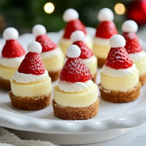 To make Santa Hat Cheesecake Bites, you will need the following ingredients: - 1 cup cream cheese, softened to room temperature - 1/4 cup granulated sugar - 1 teaspoon pure vanilla extract - 1 cup whipped cream, homemade or store-bought - 1 box of mini graham cracker crusts (6-8 crusts) - 6-8 ripe strawberries with their green tops intact - Red decorating frosting - A pinch of powdered sugar These ingredients work together to create a festive and delicious treat. The cream cheese forms the base, giving it a rich flavor. The sugar adds sweetness, while the vanilla extract contributes a lovely aroma. Whipped cream lightens the filling, making it airy and fluffy. Mini graham cracker crusts provide a crunchy base that holds everything together. The strawberries not only add a pop of color but also mimic Santa's hat. The red decorating frosting is perfect for that extra detail, and a light dusting of powdered sugar gives a snowy finish. Each ingredient plays a crucial role in this fun holiday recipe. {{ingredient_image_2}} To start, you need to mix some key ingredients. In a mixing bowl, combine: - 1 cup cream cheese, softened - 1/4 cup granulated sugar - 1 teaspoon pure vanilla extract Use an electric mixer to beat these together until smooth. You want a creamy texture with no lumps. Once that&rsquo;s done, it&rsquo;s time to fold in the whipped cream. Add 1 cup of whipped cream to the bowl. Gently fold it in with a rubber spatula. Be sure to keep that light, airy feel. This is what makes your cheesecake filling fluffy and delightful. Now it&rsquo;s time to fill the crusts. Grab your mini graham cracker crusts. Using a small spoon or piping bag, fill each crust with the cheesecake mixture. Stop just short of the edge to leave room for toppings. Next, let&rsquo;s add the strawberries. Rinse 6-8 ripe strawberries and dry them well. Make sure their green tops stay on. If they are too tall, trim them a bit for a better fit. Place one strawberry on top of each cheesecake bite, with the pointed end facing up. This makes it look like a Santa hat. Now for the fun part&mdash;decorating! Take your red decorating frosting and pipe a small circle at the base of each strawberry. This looks like the fluffy trim of Santa&rsquo;s hat. To add a snowy effect, dust a pinch of powdered sugar over the tops of the strawberries. This makes them look extra festive and fun! Once you have decorated all the bites, cover them with plastic wrap. Chill the cheesecake bites in the fridge for at least 30 minutes. This helps the flavors meld and firms them up for serving. To make a perfect cheesecake filling, avoid lumps. Start with room temperature cream cheese. When you mix the cheese, sugar, and vanilla, use a medium speed. Beat until smooth, about one minute. If you mix too long, you can add too much air. This can cause cracks later. Next, gently fold in the whipped cream with a spatula. Be careful here. Too much mixing will make it dense. You want it light and airy. The goal is a fluffy filling that melts in your mouth. For variety, try different toppings. You can use blueberries or raspberries instead of strawberries. If you want a different look, add chocolate shavings or crushed nuts. These can add flavor and texture. You can also get creative with your presentation. Place the cheesecake bites on a colorful platter. Scatter mint leaves around them for a fresh look. Edible gold stars can add a festive touch too. These small details make your dish pop. Presentation matters at parties. Arrange the bites close together for a neat look. You can also use mini cupcake liners for an extra touch. This makes serving easy and fun. Pair these bites with hot cocoa or coffee. The rich flavors work well together. You can also serve with a fruit punch for a refreshing twist. These suggestions will make your dessert table shine. Pro Tips Use Room Temperature Cream Cheese: Allow the cream cheese to soften completely before mixing. This helps achieve a smooth and creamy cheesecake filling without lumps. Don&rsquo;t Over-Mix the Whipped Cream: Gently fold in the whipped cream to keep the mixture light and airy, ensuring a fluffy texture that is essential for cheesecake bites. Choose the Right Strawberries: Select ripe strawberries with intact green tops, as they will best resemble Santa hats. Look for strawberries that have a nice shape and are firm to the touch. Chill for Best Results: Allow the cheesecake bites to chill for at least 30 minutes before serving. This helps the flavors meld together and firms up the cheesecake, making it easier to eat. {{image_4}} You can change the flavor of your cheesecake bites. Try adding chocolate or peppermint. Just mix in cocoa powder for chocolate. For peppermint, add a few drops of extract. You can also swap the strawberries for other fruits. Raspberries or blueberries can add a fun twist. They will still look festive and taste amazing. If you want a different crust, consider using crushed cookies. Oreo or gingersnap cookies work great. You can also make a homemade crust with almond flour for a gluten-free option. This adds a nutty flavor and keeps it safe for those with gluten issues. You can make these bites in two sizes: mini or standard. If you go for mini, the cook time stays the same. For standard sizes, you might need a bit longer in the fridge to set. Plan on serving sizes based on your event. Mini bites are great for parties, while standard sizes can be a fun dessert option. To keep your Santa Hat Cheesecake Bites fresh, store them in the fridge. Place them in an airtight container. This helps prevent drying out. They will stay good for about 3 to 5 days. Make sure to eat them within this time for the best taste. Yes, you can freeze cheesecake bites! Wrap each bite in plastic wrap and then place them in a freezer-safe bag. They will last for about a month in the freezer. To enjoy them later, thaw in the fridge overnight. This keeps the taste and texture just right. Yes, you can use low-fat cream cheese. However, it may change the texture and taste. Low-fat cream cheese can make the bites less creamy and rich. The cheesecake might feel a bit denser. If you want a lighter option, low-fat works, but full-fat gives the best flavor. To make these cheesecake bites gluten-free, you can swap the mini graham cracker crusts. Look for gluten-free graham crackers or use crushed gluten-free cookies. Another option is to make a crust using ground almonds or oats. Both choices keep the festive spirit without gluten. You can make these bites a day ahead. Just prepare them and chill them in the fridge. This helps the flavors blend well. If you want, add the toppings just before serving to keep them fresh and pretty. In this post, I shared how to make delicious cheesecake bites. We covered key ingredients like cream cheese and strawberries. I outlined simple steps for mixing and assembling. Tips and variations let you customize your dessert. Remember to store leftovers properly and consider gluten-free options. In closing, these cheesecake bites are fun to make and share. Enjoy experimenting with flavors and toppings!