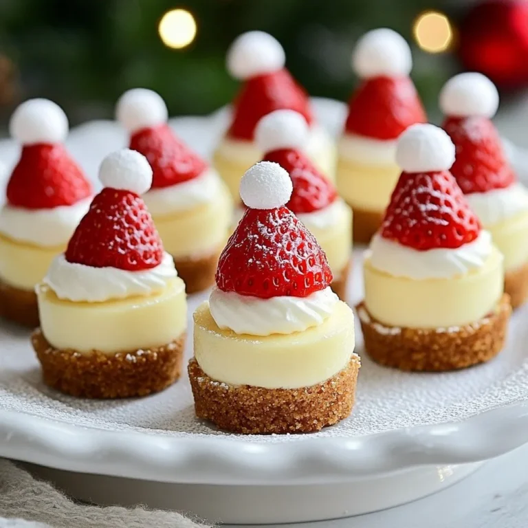 To make Santa Hat Cheesecake Bites, you will need the following ingredients: - 1 cup cream cheese, softened to room temperature - 1/4 cup granulated sugar - 1 teaspoon pure vanilla extract - 1 cup whipped cream, homemade or store-bought - 1 box of mini graham cracker crusts (6-8 crusts) - 6-8 ripe strawberries with their green tops intact - Red decorating frosting - A pinch of powdered sugar These ingredients work together to create a festive and delicious treat. The cream cheese forms the base, giving it a rich flavor. The sugar adds sweetness, while the vanilla extract contributes a lovely aroma. Whipped cream lightens the filling, making it airy and fluffy. Mini graham cracker crusts provide a crunchy base that holds everything together. The strawberries not only add a pop of color but also mimic Santa's hat. The red decorating frosting is perfect for that extra detail, and a light dusting of powdered sugar gives a snowy finish. Each ingredient plays a crucial role in this fun holiday recipe. {{ingredient_image_2}} To start, you need to mix some key ingredients. In a mixing bowl, combine: - 1 cup cream cheese, softened - 1/4 cup granulated sugar - 1 teaspoon pure vanilla extract Use an electric mixer to beat these together until smooth. You want a creamy texture with no lumps. Once that’s done, it’s time to fold in the whipped cream. Add 1 cup of whipped cream to the bowl. Gently fold it in with a rubber spatula. Be sure to keep that light, airy feel. This is what makes your cheesecake filling fluffy and delightful. Now it’s time to fill the crusts. Grab your mini graham cracker crusts. Using a small spoon or piping bag, fill each crust with the cheesecake mixture. Stop just short of the edge to leave room for toppings. Next, let’s add the strawberries. Rinse 6-8 ripe strawberries and dry them well. Make sure their green tops stay on. If they are too tall, trim them a bit for a better fit. Place one strawberry on top of each cheesecake bite, with the pointed end facing up. This makes it look like a Santa hat. Now for the fun part—decorating! Take your red decorating frosting and pipe a small circle at the base of each strawberry. This looks like the fluffy trim of Santa’s hat. To add a snowy effect, dust a pinch of powdered sugar over the tops of the strawberries. This makes them look extra festive and fun! Once you have decorated all the bites, cover them with plastic wrap. Chill the cheesecake bites in the fridge for at least 30 minutes. This helps the flavors meld and firms them up for serving. To make a perfect cheesecake filling, avoid lumps. Start with room temperature cream cheese. When you mix the cheese, sugar, and vanilla, use a medium speed. Beat until smooth, about one minute. If you mix too long, you can add too much air. This can cause cracks later. Next, gently fold in the whipped cream with a spatula. Be careful here. Too much mixing will make it dense. You want it light and airy. The goal is a fluffy filling that melts in your mouth. For variety, try different toppings. You can use blueberries or raspberries instead of strawberries. If you want a different look, add chocolate shavings or crushed nuts. These can add flavor and texture. You can also get creative with your presentation. Place the cheesecake bites on a colorful platter. Scatter mint leaves around them for a fresh look. Edible gold stars can add a festive touch too. These small details make your dish pop. Presentation matters at parties. Arrange the bites close together for a neat look. You can also use mini cupcake liners for an extra touch. This makes serving easy and fun. Pair these bites with hot cocoa or coffee. The rich flavors work well together. You can also serve with a fruit punch for a refreshing twist. These suggestions will make your dessert table shine. Pro Tips Use Room Temperature Cream Cheese: Allow the cream cheese to soften completely before mixing. This helps achieve a smooth and creamy cheesecake filling without lumps. Don’t Over-Mix the Whipped Cream: Gently fold in the whipped cream to keep the mixture light and airy, ensuring a fluffy texture that is essential for cheesecake bites. Choose the Right Strawberries: Select ripe strawberries with intact green tops, as they will best resemble Santa hats. Look for strawberries that have a nice shape and are firm to the touch. Chill for Best Results: Allow the cheesecake bites to chill for at least 30 minutes before serving. This helps the flavors meld together and firms up the cheesecake, making it easier to eat. {{image_4}} You can change the flavor of your cheesecake bites. Try adding chocolate or peppermint. Just mix in cocoa powder for chocolate. For peppermint, add a few drops of extract. You can also swap the strawberries for other fruits. Raspberries or blueberries can add a fun twist. They will still look festive and taste amazing. If you want a different crust, consider using crushed cookies. Oreo or gingersnap cookies work great. You can also make a homemade crust with almond flour for a gluten-free option. This adds a nutty flavor and keeps it safe for those with gluten issues. You can make these bites in two sizes: mini or standard. If you go for mini, the cook time stays the same. For standard sizes, you might need a bit longer in the fridge to set. Plan on serving sizes based on your event. Mini bites are great for parties, while standard sizes can be a fun dessert option. To keep your Santa Hat Cheesecake Bites fresh, store them in the fridge. Place them in an airtight container. This helps prevent drying out. They will stay good for about 3 to 5 days. Make sure to eat them within this time for the best taste. Yes, you can freeze cheesecake bites! Wrap each bite in plastic wrap and then place them in a freezer-safe bag. They will last for about a month in the freezer. To enjoy them later, thaw in the fridge overnight. This keeps the taste and texture just right. Yes, you can use low-fat cream cheese. However, it may change the texture and taste. Low-fat cream cheese can make the bites less creamy and rich. The cheesecake might feel a bit denser. If you want a lighter option, low-fat works, but full-fat gives the best flavor. To make these cheesecake bites gluten-free, you can swap the mini graham cracker crusts. Look for gluten-free graham crackers or use crushed gluten-free cookies. Another option is to make a crust using ground almonds or oats. Both choices keep the festive spirit without gluten. You can make these bites a day ahead. Just prepare them and chill them in the fridge. This helps the flavors blend well. If you want, add the toppings just before serving to keep them fresh and pretty. In this post, I shared how to make delicious cheesecake bites. We covered key ingredients like cream cheese and strawberries. I outlined simple steps for mixing and assembling. Tips and variations let you customize your dessert. Remember to store leftovers properly and consider gluten-free options. In closing, these cheesecake bites are fun to make and share. Enjoy experimenting with flavors and toppings!