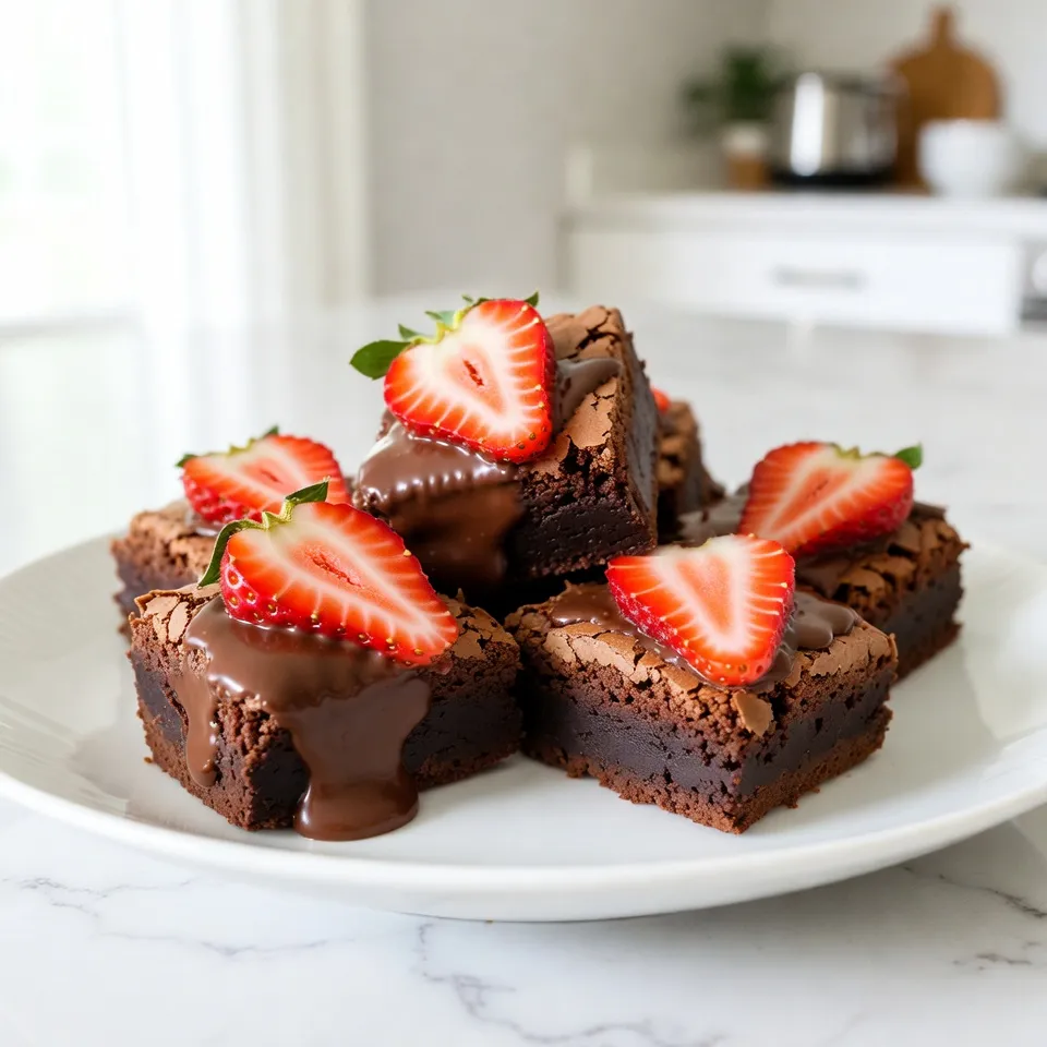 - 1 cup unsalted butter, melted - 2 cups granulated sugar - 4 large eggs - 1 teaspoon vanilla extract - 1 cup all-purpose flour - 1 cup cocoa powder - 1/2 teaspoon baking powder - 1/4 teaspoon salt - 1 cup fresh strawberries, hulled and sliced - 8 oz dark chocolate, chopped for coating - 1 tablespoon coconut oil for chocolate coating These ingredients create a rich and tasty treat. Each part plays a key role in flavor and texture. The unsalted butter adds moisture. The granulated sugar gives sweetness. Eggs bind the mix and create a soft texture. Vanilla extract gives a warm, inviting aroma. Flour and cocoa powder are the base for the brownies. They provide structure and a deep chocolate taste. Baking powder helps them rise while salt balances the sweetness. Fresh strawberries give a burst of flavor and color. Dark chocolate, mixed with coconut oil, forms a smooth, shiny coating. The coconut oil helps the chocolate set nicely. Gather these ingredients, and you are ready to make a delight that everyone will love. If you have any questions, feel free to explore more about chocolate or strawberries. {{ingredient_image_2}} - Preheat your oven to 350°F (175°C). This step warms your oven for baking. - Prepare a 9x13 inch baking pan. Lightly grease it and line with parchment paper. Leave some paper hanging over the edges for easy removal. - In a large bowl, whisk together 1 cup of melted unsalted butter and 2 cups of granulated sugar. Mix until the mixture is smooth and shiny. - Add 4 large eggs, one at a time. Whisk well after each egg. This helps the batter become light and fluffy. Then, mix in 1 teaspoon of vanilla extract. - In a separate bowl, sift together 1 cup of all-purpose flour, 1 cup of cocoa powder, 1/2 teaspoon of baking powder, and 1/4 teaspoon of salt. Sifting breaks up clumps and mixes the dry ingredients well. - Gradually fold the dry mix into the wet mixture. Use a spatula and mix until just combined. Be careful not to overmix, as you want a fudgy brownie. - Now, gently fold in 1 cup of sliced fresh strawberries. Distribute them evenly without breaking them apart too much. - Pour the brownie batter into your prepared baking pan. Use a spatula to smooth the top. - Bake in the preheated oven for 25-30 minutes. Check for doneness by sticking a toothpick into the center. If it comes out with a few moist crumbs, your brownies are ready. To make fudgy brownies, do not overmix the batter. Overmixing adds air, making them cake-like, not fudgy. Mix just until the dry ingredients disappear. To test for doneness, insert a toothpick into the center. If it comes out with a few moist crumbs, your brownies are ready. If it’s clean, they may be overbaked. When melting chocolate, use a heatproof bowl. Combine dark chocolate and coconut oil for a smooth mix. Melt in the microwave in 30-second bursts. Stir after each burst for even melting. Avoid water in the bowl as it can seize the chocolate. For dipping brownies, wait until they cool completely. Dip each brownie halfway into the melted chocolate. Let excess chocolate drip back into the bowl. This keeps the coating neat and even. Arrange the brownies on a nice platter for a great look. Drizzle any leftover melted chocolate over the top for flair. Add whole strawberries around the brownies for an eye-catching finish. This makes your dessert even more appealing and fun to share. Pro Tips Use Room Temperature Ingredients: Ensure your eggs and butter are at room temperature for better incorporation into the batter, leading to a smoother texture. Don’t Overmix: Gently fold the dry ingredients into the wet mixture to keep the brownies fudgy and avoid a cakey texture. Chocolate Coating Tips: To achieve a glossy chocolate finish, make sure to use high-quality chocolate and a bit of coconut oil for a smooth dip. Storage Suggestions: Store the brownies in an airtight container at room temperature for up to 3 days, or refrigerate for longer freshness. {{image_4}} You can easily switch up the flavors in these brownies. Using white chocolate or milk chocolate for the coating adds a new twist. Each type of chocolate offers a unique taste. White chocolate gives a sweet, creamy touch, while milk chocolate adds a rich flavor. You can also add nuts or chips to the brownie batter. Walnuts or pecans can add crunch and depth to the texture. Chocolate chips can enhance the chocolate flavor. Mix them in when you fold in the strawberries for an extra layer of taste. If you need gluten-free brownies, you can replace all-purpose flour with a gluten-free blend. Almond flour or coconut flour works well. These options keep the brownies moist and tasty. For vegan brownies, use egg substitutes like flaxseed or applesauce. You can also choose dairy-free chocolate for the coating. These changes allow everyone to enjoy this treat, no matter their diet. To keep your chocolate covered strawberry brownies fresh, store them at room temperature. Place them in an airtight container. This way, they stay soft and delicious. They will last about 3-4 days this way. If you want them to last longer, you can refrigerate them. In the fridge, they will stay good for about a week. Just remember to cover them well to avoid drying out. Freezing these brownies is a great option if you have extra. First, let them cool completely. Then, cut the brownies into squares. Wrap each square in plastic wrap. Place the wrapped brownies in a freezer-safe bag or container. They can last up to three months in the freezer. When you want to enjoy them, take out how many you need. Let them thaw in the fridge overnight. You can also thaw them at room temperature for a few hours. To keep their texture and flavor, do not refreeze them. Enjoy your tasty treats straight from the freezer or after thawing! Yes, you can use frozen strawberries. They offer some benefits and drawbacks. Pros: - Frozen strawberries are often cheaper and available year-round. - They save time, as they come pre-cleaned and sliced. Cons: - Frozen berries can be mushy after thawing, affecting texture. - They may release more water, which can alter your brownie batter. If you use frozen strawberries, let them thaw and drain excess water. This helps keep the brownies fudgy. You can easily adjust the sweetness of your brownies. Here are some tips: - To make them less sweet: Reduce sugar by 1/4 cup. Taste the batter before baking. - To make them sweeter: Add 2 tablespoons of sugar at a time until you reach your desired taste. Remember, sugar balances flavors, so small changes can make a big difference. Leftover melted chocolate is a wonderful treat! Here are some ideas: - Drizzle it over fruits like bananas or apples for a sweet snack. - Use it to coat pretzels or nuts for a crunchy treat. - Pour it into molds to make chocolate candies. These options help you avoid waste and enjoy your chocolate in new ways! This blog post covered how to make delicious chocolate-covered strawberry brownies. We went over the needed ingredients, step-by-step instructions, and tips for the perfect texture. I also shared ways to adapt the recipe for different diets and some storage tips. Remember, perfect brownies need care and attention. Enjoy your baking adventure, and let your creativity shine!