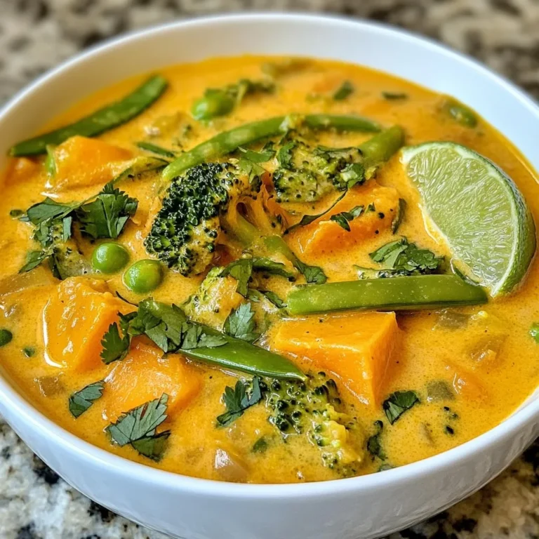 To make this soup, you need simple yet flavorful ingredients. Here’s a list of what you’ll need: - 1 tablespoon coconut oil - 1 onion, finely chopped - 3 cloves garlic, minced - 1 tablespoon fresh ginger, minced - 2 tablespoons red curry paste - 1 can (400ml) full-fat coconut milk - 4 cups vegetable broth - 1 tablespoon soy sauce (or tamari for a gluten-free option) - 1 tablespoon fresh lime juice - 1 medium sweet potato, peeled and diced into bite-sized cubes - 1 cup broccoli florets - 1 cup snap peas, trimmed - 1 red bell pepper, sliced into thin strips - Fresh cilantro, finely chopped, for garnish - Lime wedges, for serving - Sea salt and freshly ground black pepper, to taste Each ingredient brings its own unique flavor. Coconut oil adds richness, while ginger and garlic provide warmth. The red curry paste gives the soup a spicy kick. When picking your veggies, look for bright colors and firm textures. For sweet potatoes, choose ones that feel heavy for their size. They should have smooth skin without any blemishes. Fresh broccoli should have a vibrant green color and tight florets. Snap peas should be crisp, with a tender feel. For bell peppers, look for ones without wrinkles or soft spots. If you have allergies or preferences, there are easy swaps. For coconut milk, you can use almond milk or cashew cream for a lighter option. If you are allergic to soy, try using coconut aminos instead of soy sauce. For a different protein, you can add tofu or chickpeas. If you prefer different vegetables, zucchini or spinach can work well in this soup. {{ingredient_image_2}} 1. Gather all your ingredients first. This makes cooking easy and fun. 2. Chop the onion finely. Mince the garlic and ginger. This prep helps the flavors blend. 3. Peel and dice the sweet potato into small cubes. This ensures even cooking. 4. Cut the broccoli into florets, trim the snap peas, and slice the red bell pepper into thin strips. Having them ready makes cooking smooth. 1. Heat 1 tablespoon of coconut oil in a large pot over medium heat. 2. Add the chopped onion and sauté for about 5 minutes. You want it soft and clear. 3. Stir in the minced garlic and ginger. Cook for about 1 minute until fragrant. 4. Mix in 2 tablespoons of red curry paste. Stir well and cook for another minute. 5. Pour in 1 can of full-fat coconut milk and 4 cups of vegetable broth. Stir to combine. 6. Bring the mixture to a gentle boil. Once boiling, add the diced sweet potato. 7. Reduce the heat to low and simmer for about 10 minutes. The sweet potato should be soft. 8. Add the broccoli florets, snap peas, and red bell pepper. Cook for another 5 minutes. They should stay bright and crunchy. 9. Stir in 1 tablespoon of soy sauce and 1 tablespoon of fresh lime juice. Season with salt and pepper to taste. 10. Remove the pot from heat. Let it sit for a few minutes to mix the flavors. - Keep an eye on the cooking time. Overcooked veggies lose their crunch. - Taste as you cook. Adjust salt and lime juice for your liking. - Use fresh spices. They add a much richer flavor to your soup. - Let the soup rest before serving. This helps the flavors blend well. Enjoy making this soup! It’s simple and packed with flavor. To make the best vegan Thai coconut curry soup, follow these key tips: - Use fresh ingredients. Fresh produce enhances the soup’s taste. Look for bright and firm veggies. - Don’t rush the sauté. Cook the onion, garlic, and ginger slowly. This builds flavor and aroma. - Balance flavors. Taste as you go. Adjust lime juice, salt, and soy sauce for your liking. - Watch the cooking time. Keep an eye on the sweet potatoes. They should be tender but not mushy. Presenting your soup well makes it even more enjoyable. Here are some ideas: - Garnish with cilantro. Fresh cilantro adds color and a burst of flavor. - Serve with lime wedges. A squeeze of lime brightens the soup and balances the richness. - Use deep bowls. These help keep your soup hot and look inviting on the table. Pair your soup with these tasty options: - Serve with rice. Jasmine or brown rice complements the soup’s creaminess. - Add crusty bread. A side of bread is perfect for dipping and soaking up the soup. - Enjoy with a salad. A fresh salad adds crunch and contrasts the soup's warmth. These tips will help you create a delicious and visually appealing vegan Thai coconut curry soup every time. Pro Tips Use Fresh Ingredients: Opt for fresh vegetables and herbs to enhance the flavor and nutritional value of your soup. Adjust Spice Levels: If you prefer a milder soup, start with a smaller amount of red curry paste and gradually increase to taste. Texture Variation: For added texture, consider including some cooked chickpeas or lentils for protein and heartiness. Make it Ahead: This soup keeps well in the fridge for a few days, making it a perfect meal prep option for the week. {{image_4}} To make this soup gluten-free, swap soy sauce for tamari. Tamari tastes great and works well in this recipe. You can also check labels on vegetable broth to ensure no gluten sneaks in. Most brands are safe, but some may add gluten. Want to boost nutrition? Add chickpeas or tofu. Both options add protein and keep the soup hearty. If you prefer a firmer texture, try baked tofu cubes. They hold up well in soups. For an extra kick, toss in some edamame. Just cook them for a few minutes in the soup. Feel free to mix up the veggies! Carrots, zucchini, or spinach make great additions. If you like a bit of heat, add sliced jalapeños. They add a nice spicy kick. You can also use frozen veggies if you're in a hurry. Just toss them in when you add the fresh ones. This soup is all about your taste! After enjoying your Vegan Thai Coconut Curry Soup, you might have some leftovers. To store them, let the soup cool down first. This helps avoid condensation in the container. Transfer the soup into an airtight container. Make sure to leave some space at the top, as the soup may expand when frozen. Store it in the fridge if you plan to eat it within 3–4 days. For longer storage, freezing is a great option. If you want to keep the soup for longer, freezing is the way to go! Pour the cooled soup into freezer-safe containers or heavy-duty freezer bags. Remove as much air as possible before sealing. This keeps the soup fresh and prevents freezer burn. Label the containers with the date. You can freeze it for up to 3 months. When you're ready to eat, just take it out and let it thaw in the fridge overnight. When it's time to enjoy your soup again, reheating it properly is key. Pour the soup into a pot and heat it on low to medium heat. Stir it gently to keep the texture nice. You can also add a splash of vegetable broth or water if it seems too thick. Heat until it's hot, but do not boil it. This keeps the flavors fresh and the veggies crisp. For an extra touch, garnish with fresh cilantro before serving! Coconut curry soup comes from Southeast Asia, especially Thailand. It merges local flavors with coconut milk, a key ingredient. The soup often uses fresh herbs and spices, creating a warm, rich dish. Many cultures in the region have their own versions, each with unique twists. The use of coconut milk adds creaminess and a hint of sweetness, making it a favorite for many. Yes, you can make this soup ahead of time. Store it in the fridge for up to three days. Just let it cool before putting it in an airtight container. You can also freeze it for longer storage, up to three months. When you’re ready to eat, thaw it overnight in the fridge. Reheat it on the stove until hot. To adjust the spice level, start with less red curry paste. You can always add more later. Taste the soup as it cooks. If you want it spicier, add more paste or a pinch of red pepper flakes. For less heat, try adding more coconut milk to balance the spice. Always remember to taste as you go! This blog covered everything you need for a tasty Vegan Thai Coconut Curry Soup. We explored key ingredients, tips for fresh produce, and substitutions for allergies. I shared step-by-step instructions for cooking, with methods to ensure great texture and flavor. You learned best practices and serving ideas to elevate your dish. Remember, customize the soup to fit your diet. Store leftovers properly and enjoy them later. Whether you're a novice or a pro, this recipe is a crowd-pleaser. Get ready to make your kitchen smell amazing!
