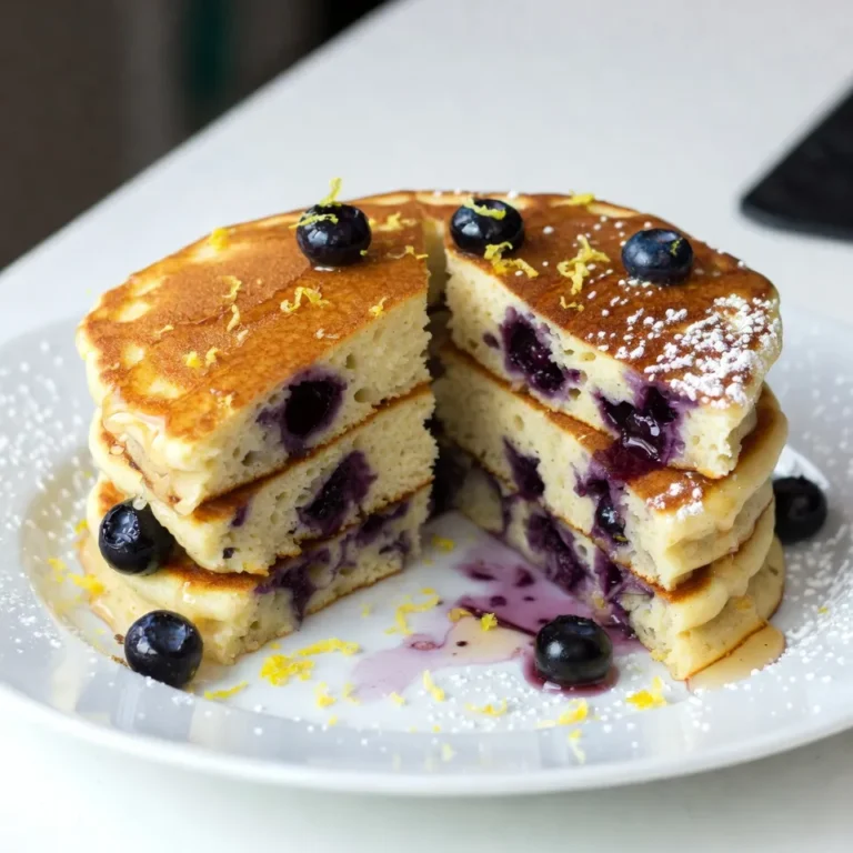 To make lemon blueberry ricotta pancakes, gather these main ingredients: - 1 cup ricotta cheese - 1 cup all-purpose flour - 2 tablespoons granulated sugar - 2 teaspoons baking powder - ½ teaspoon baking soda - ¼ teaspoon sea salt - 1 cup buttermilk (or substitute with regular milk mixed with 1 tablespoon fresh lemon juice) - 2 large eggs - Zest of 1 lemon - 1 cup fresh blueberries (plus extra for serving) - Butter or neutral oil for cooking Each of these ingredients plays a key role. The ricotta cheese adds creaminess and richness. The flour provides structure. The sugar gives a touch of sweetness. Baking powder and baking soda help the pancakes rise. The buttermilk makes the pancakes tender. Eggs bind it all together. Lemon zest adds a bright flavor, and blueberries give a burst of freshness. You can customize your pancakes with optional ingredients. Consider adding: - Vanilla extract for extra flavor - Lemon juice for a tangy kick - Other berries like strawberries or raspberries If you don’t have ricotta, try cottage cheese or Greek yogurt. You can also use almond milk or oat milk as a dairy-free option. These substitutions keep the spirit of the pancakes while allowing you to use what you have on hand. Gather these tools to make the process easier: - Large mixing bowl - Whisk for blending - Sifter for dry ingredients - Spatula for folding - Non-stick skillet or griddle - Measuring cups and spoons Having the right tools makes cooking fun. A non-stick skillet ensures your pancakes cook evenly and don’t stick. A good spatula helps you flip them without breaking. These simple tools will help you create perfect pancakes every time. {{ingredient_image_2}} Start by getting a large mixing bowl. Add the ricotta cheese, buttermilk, and eggs. Use a whisk to mix these well. Make sure the mixture is smooth and combined. This step adds creaminess to your pancakes. In another bowl, sift together the flour, sugar, baking powder, baking soda, and sea salt. Mix them well with a spoon. This helps to evenly spread the leavening agents. It is key for fluffy pancakes. Next, slowly add the dry mix to the wet ricotta mixture. Use a spatula to gently fold them together. Be careful not to overmix. A lumpy batter gives you fluffier pancakes. Heat a non-stick skillet over medium heat. Add some butter or oil to the pan. Once hot, pour about ¼ cup of batter for each pancake. Cook until you see bubbles on top, about 3-4 minutes. Flip gently and cook for another 2-3 minutes until golden brown. Serve warm pancakes on a plate. Drizzle with maple syrup and add fresh blueberries on top. A light dusting of powdered sugar makes them look extra special. Enjoy this delightful breakfast with family or friends! To get fluffy pancakes, use fresh ingredients. Make sure your baking powder isn't expired. Mix your wet and dry ingredients separately first. When you blend them, stop mixing as soon as they come together. A few lumps in the batter are okay. This helps keep your pancakes light and airy. Use a non-stick skillet or griddle for easy flipping. Heat your skillet to medium before adding butter or oil. Make sure to coat the skillet well. If you notice sticking, add a bit more butter. Always check if the skillet is hot enough before pouring in the batter. A quick splash of water should sizzle if it's ready. For a burst of flavor, add more lemon zest or even a splash of vanilla extract. You can mix in other fruits like raspberries or strawberries. For an extra twist, sprinkle in some cinnamon or nutmeg. These flavors blend well with lemon and blueberries. Don't shy away from experimenting! Pro Tips Use Room Temperature Ingredients: For the best texture, ensure your ricotta cheese, eggs, and buttermilk are at room temperature before mixing. This helps create a smoother batter and fluffier pancakes. Don't Overmix the Batter: Gently fold the dry ingredients into the wet mixture until just combined. Overmixing can lead to dense pancakes, so a few lumps are perfectly fine! Adjust Heat as Needed: If your pancakes are browning too quickly, lower the heat slightly. Cooking them at medium to low heat allows them to cook through without burning the outside. Keep Pancakes Warm: If making a large batch, keep finished pancakes warm in a low oven (around 200°F/93°C) while you cook the rest. This ensures they stay warm and fluffy for serving. {{image_4}} You can make these pancakes gluten-free. Use a gluten-free flour blend instead of all-purpose flour. Many blends work well in pancake recipes. Just check for ones with a good mix of starches and flours. This change keeps the flavor while making it safe for gluten-free diets. Want to mix it up? Try adding different flavors! For a lemon poppy seed twist, add 2 tablespoons of poppy seeds to the batter. This adds a nice crunch and a fun look. You can also experiment with other fruits like raspberries or strawberries. Each fruit brings a unique taste to the pancakes. Serving these pancakes can be a treat! Top them with fresh fruit like extra blueberries, bananas, or sliced peaches. A drizzle of honey or maple syrup enhances the flavor. You can add whipped cream or a sprinkle of nuts for extra texture. Each topping adds a new layer of delight. Store leftover pancakes in an airtight container. Make sure they cool completely first. You can keep them in the fridge for up to three days. If you want to enjoy them later, stack the pancakes with parchment paper in between. This helps prevent them from sticking together. To reheat pancakes, use a microwave or a skillet. In the microwave, heat for about 20-30 seconds. Check if they are warm enough. If using a skillet, heat on low for a few minutes until warm. Flip them halfway to heat both sides evenly. You can freeze pancakes for longer storage. Place the cooled pancakes in a single layer on a baking sheet. Freeze them for about an hour until they are firm. Then, stack them in a freezer-safe bag or container. They can last up to two months in the freezer. To enjoy them later, just reheat directly from the freezer. Yes, you can make the batter ahead. Store it in the fridge for up to 24 hours. Just mix it gently before cooking. This saves time on busy mornings. However, the batter may thicken. Add a splash of milk to loosen it up as needed. If you don't have ricotta, use cottage cheese or cream cheese. Blend them until smooth for a similar texture. Greek yogurt is another option. It adds creaminess but may change the taste slightly. Choose what you like best! To make these pancakes fluffier, don't overmix the batter. A few lumps are okay. This keeps air in. Also, make sure your baking powder is fresh. It helps the pancakes rise well. Yes, these pancakes are great for meal prep. You can cook them ahead of time and store them. Place them in an airtight container. When ready to eat, just reheat in the microwave or on a skillet. They taste just as good! In this blog post, I covered how to make lemon blueberry ricotta pancakes. We discussed key ingredients, tools needed, and step-by-step cooking instructions. I shared tips for perfect texture and ways to add extra flavor. You also learned about variations, storage information, and answers to common questions. These pancakes can delight breakfast lovers. Enjoy the cooking process. Have fun experimenting with flavors and toppings. Happy cooking!