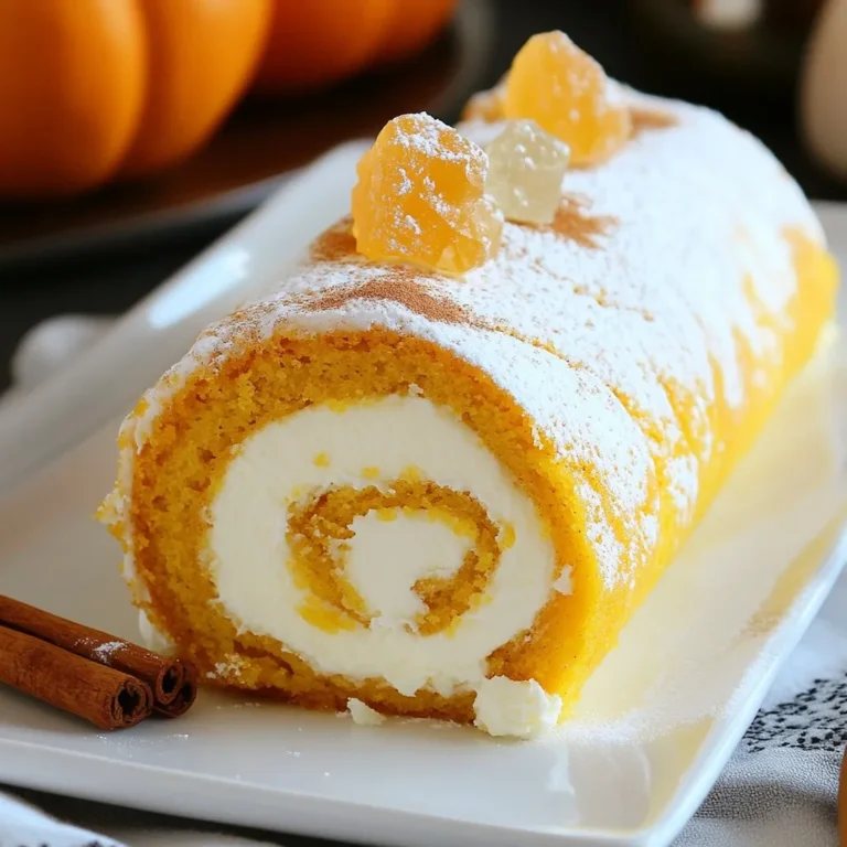 - 3/4 cup all-purpose flour - 1 teaspoon baking powder - 1/2 teaspoon baking soda - 1/2 teaspoon ground cinnamon - 1/4 teaspoon ground nutmeg - 1/4 teaspoon ground ginger - 1/4 teaspoon salt - 3 large eggs - 1 cup granulated sugar - 2/3 cup canned pumpkin puree - 1 teaspoon vanilla extract - 1 cup cream cheese, softened - 1/4 cup powdered sugar - 1 teaspoon lemon juice - 1/4 cup chopped nuts (optional) Gathering ingredients is the first step. You need all-purpose flour, baking powder, and baking soda. These help the roll rise. Next, grab your spices: ground cinnamon, nutmeg, and ginger. These give the roll its warm flavor. You will also need eggs and granulated sugar. They create a lovely, thick batter. Don't forget canned pumpkin puree. This adds moisture and flavor. Vanilla extract is key too. It enhances the taste. For the cream cheese filling, use softened cream cheese. You will mix it with powdered sugar and lemon juice. This makes the filling sweet and zesty. If you like, add chopped nuts for crunch. They add a nice texture. Make sure to have everything ready. Each ingredient plays a role in this delightful treat. {{ingredient_image_2}} - Preheat your oven to 375°F (190°C). - Grease a 15x10-inch jelly roll pan with butter. Line the bottom with parchment paper. This helps the cake come out easily after baking. - In a medium bowl, whisk together the flour, baking powder, baking soda, cinnamon, nutmeg, ginger, and salt. Set this aside. - In a large bowl, beat the eggs and sugar together with an electric mixer. Mix on high for about 5 minutes. The mixture should be thick and light in color. - Gently fold the pumpkin puree and vanilla extract into the egg mixture. Be careful not to deflate the eggs. - Gradually add the dry ingredients into the pumpkin-egg mixture. Fold gently until no flour streaks remain. The batter should be thick yet pourable. - Pour the batter into the prepared jelly roll pan. Spread it evenly. Bake for 15-20 minutes. A toothpick should come out clean when inserted in the center. - While the cake bakes, dust a clean kitchen towel with powdered sugar. Once the cake is done, quickly invert it onto the towel. Remove the pan and peel off the parchment paper. Roll the cake tightly in the towel from one end to the other. Let it cool completely in this shape. - In a medium bowl, mix the softened cream cheese, powdered sugar, and lemon juice. If you like, add chopped nuts for extra crunch. - Beat the mixture until it is smooth and creamy. - Once the cake has cooled, gently unroll it. - Spread the cream cheese filling evenly over the cake, leaving a small border around the edges. - Carefully re-roll the cake into a log shape, without the towel. Wrap it in plastic wrap and refrigerate for at least 2 hours. This helps it set well. To make a light and fluffy roll, focus on your mixing method. Beat the eggs and sugar until thick and pale. This adds air and helps the cake rise. When you mix the dry and wet ingredients, fold gently. Over-mixing can cause a dense texture. Aim for a smooth batter with no flour streaks. When serving, arrange slices on a nice platter. This makes the dessert look inviting. Dust each slice with powdered sugar for a sweet touch. Consider adding a dollop of whipped cream on top. A sprinkle of cinnamon or a piece of crystallized ginger adds flair. Fresh mint leaves can bring color and freshness. Rolling the cake can be tricky. Make sure to roll it while it’s warm. This keeps the shape and prevents cracks. If your filling is too runny, it can ooze out. Aim for a thick, creamy texture. If it's too soft, add a bit more powdered sugar. Pro Tips Use Fresh Spices: Ensure that your spices, especially cinnamon, nutmeg, and ginger, are fresh for the best flavor. Stale spices can dull the taste of your cake. Don’t Overmix: When combining the dry ingredients with the wet mixture, be careful not to overmix. Folding gently will help maintain the light and fluffy texture of the cake. Chill the Filling: For an even creamier texture, chill the cream cheese filling before spreading it on the cake. This helps it to hold its shape better. Serve with Whipped Cream: Enhance your pumpkin cream cheese roll by serving it with freshly whipped cream or a dollop of vanilla ice cream for added indulgence. {{image_4}} You can change the taste of your Pumpkin Cream Cheese Roll with just a few tweaks. - Adding different spices: Try adding cloves or allspice for a warmer flavor. A pinch of cardamom can also elevate your roll. - Incorporating chocolate or caramel: Swirl in some melted chocolate or drizzle caramel on top for a sweet twist. You can even add chocolate chips to the filling for extra decadence. You can enjoy this roll even with special diets. - Gluten-free option: Use a blend of gluten-free flour instead of all-purpose flour. This keeps the texture light and fluffy. - Vegan alternative: Substitute eggs with flax eggs and use vegan cream cheese. This makes the recipe plant-based while still tasting great. Get creative with how you serve your Pumpkin Cream Cheese Roll! - Individual servings: Cut the roll into small pieces and serve each slice on a plate. This makes it easy for guests to grab and enjoy. - Assembly in jars or dessert cups: Layer cake pieces and cream cheese filling in jars. This is fun for parties and looks nice on the table. To keep your pumpkin cream cheese roll fresh, store it in the fridge. Wrap it tightly in plastic wrap or place it in an airtight container. This keeps moisture in and air out. You can enjoy leftovers for up to 5 days. Just remember to slice it before serving to make it easier to grab a piece! If you want to save some for later, freezing works well. First, wrap the roll in plastic wrap and then in aluminum foil. This double layer prevents freezer burn. You can freeze it for up to 3 months. When you’re ready to eat, take it out and let it thaw in the fridge overnight. Serve it chilled or at room temperature for the best taste. A Pumpkin Cream Cheese Roll is a sweet dessert. It features a soft pumpkin cake filled with creamy cheese filling. The cake is rolled up, making it easy to slice. This treat is perfect for fall and special occasions. The warm spices in the cake blend well with the rich cream cheese, creating a delightful flavor. Yes, you can make this recipe ahead of time. Bake the cake and let it cool. Then, roll it with the cream cheese filling. Wrap it tightly in plastic wrap. Store it in the fridge for up to three days. This way, it stays fresh and ready for serving. You can use fresh pumpkin, but there are pros and cons. Fresh pumpkin has a bright flavor and good texture. However, it takes more time to prepare. You need to cook, puree, and drain the pumpkin. Canned pumpkin is quick and easy, saving you time. Both options can work well in this recipe. If you need a substitute for cream cheese, try these options. You can use mascarpone cheese for a similar texture. Greek yogurt is a healthier choice, but it may be tangier. Silken tofu blended until smooth is a vegan option. Each substitute changes the flavor a bit, but they can all work in this recipe. To test if the cake is done, use a toothpick. Insert it into the center of the cake. If it comes out clean, the cake is ready. Another sign is the edges pulling away from the pan. The cake should feel springy when gently pressed. This pumpkin cream cheese roll combines rich flavors and smooth textures. We covered ingredients, step-by-step instructions, and tips for success. Remember, mixing dry and wet ingredients correctly is key to a light roll. Avoid common mistakes for the best results. You can also explore flavor variations and dietary adjustments for a personal touch. Store leftovers correctly to enjoy every slice. Making this dessert can bring joy to any occasion. Dive in, try it out, and enjoy the process. You’ll impress friends and family with this delightful treat!
