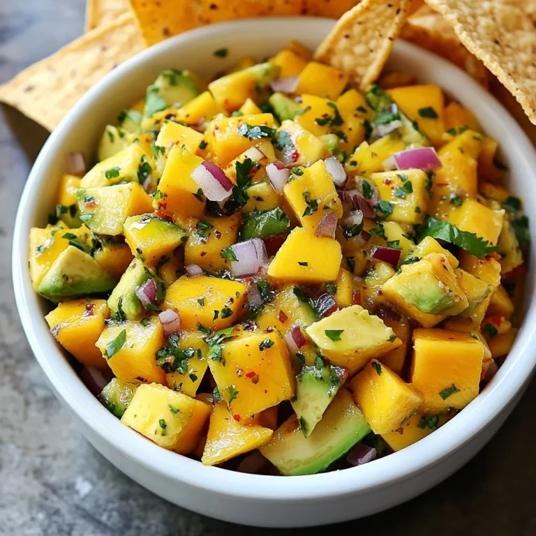 - 1 fully ripe mango, diced into small cubes - 2 fully ripe avocados, diced into bite-sized pieces - 1 small red onion, finely chopped for tanginess - 1 red bell pepper, diced for sweetness and color - 1 jalapeño, deseeded and finely minced for heat - 1/4 cup fresh cilantro, chopped for freshness - 2 tablespoons freshly squeezed lime juice for acidity - 1 tablespoon extra virgin olive oil for richness - Salt - Black pepper - Servings: 4-6 Mango and avocado are the stars of this salsa. The mango brings sweetness, while the avocado adds creaminess. The red onion brings a tangy bite, and the red bell pepper adds a nice crunch. The jalapeño gives it heat, but you can adjust that to your taste. Fresh cilantro adds a bright flavor, and lime juice brings it all together with acidity. A touch of olive oil adds richness. When you combine these ingredients, you create a fresh, colorful dish. This salsa is perfect for parties or casual dinners. You can serve it with tortilla chips, tacos, or grilled meats. Each bite bursts with flavor. Enjoy this salsa as a side or a topping. It’s a simple way to impress your guests with vibrant tastes. {{ingredient_image_2}} - Combine diced mango and avocado in a mixing bowl. - Gently mix to avoid mashing the avocados. Start by gathering your ripe mango and avocados. Dice the mango into small cubes. Cut the avocados into bite-sized pieces. Place them in a large bowl. Use a spatula to mix them gently. This step helps keep the avocado pieces intact. - Incorporate red onion, red bell pepper, and jalapeño. - Stir lightly to ensure even distribution. Next, finely chop one small red onion. Dice one red bell pepper for sweetness and color. Deseed and finely mince one jalapeño for a bit of heat. Add these to your mixing bowl. Stir lightly to blend the flavors without crushing the ingredients. - Mix lime juice, olive oil, salt, and pepper in a separate bowl. - Drizzle over the salsa mixture and stir gently. In a small bowl, whisk together two tablespoons of lime juice and one tablespoon of olive oil. Add a pinch of salt and a dash of black pepper. This dressing will bring a bright flavor to the salsa. Drizzle it over the salsa mixture, ensuring even coverage. Use a spatula to stir gently. - Adjust seasoning if necessary. - Rest salsa for flavor melding. Taste your salsa. You may want to add more salt, pepper, or lime juice based on your preference. Let the salsa rest for about 10-15 minutes at room temperature. This step allows the flavors to blend beautifully before serving. To make great mango avocado salsa, you need ripe ingredients. Look for mangoes that feel slightly soft when you press them. The skin should have a nice color, often a mix of yellow and red. For the avocados, choose ones that yield gently to pressure. If they feel hard, they are not ripe yet. Ripe avocados should have a dark green skin. Lime juice brightens the flavors in your salsa. If you want more acidity, add extra lime juice. A little goes a long way. To balance sweetness from the mangoes, you may want to taste and adjust. If it’s too sweet, add more lime juice or a pinch of salt. For spice, the jalapeño adds heat, but you can also try other peppers. Taste as you go to find the right balance. Presentation is key for a dish like this. Serve your salsa in a colorful bowl. You can arrange crispy tortilla chips around the bowl for an inviting look. For an extra touch, garnish with fresh cilantro leaves and lime wedges. This adds a pop of color and freshness, making your salsa even more appealing. Enjoy your salsa with friends and family! Pro Tips Choose the Right Mango: Make sure to select a fully ripe mango for the sweetest and juiciest flavor. Look for a mango that gives slightly when you press it and has a fragrant aroma. Perfect Avocado Ripeness: Use ripe avocados to ensure they’re soft and flavorful. Press gently; they should yield slightly under pressure for the best texture in your salsa. Customize the Heat: Adjust the amount of jalapeño based on your heat preference. If you prefer a milder salsa, you can use just half of the jalapeño or substitute it with a sweet bell pepper. Let It Rest: Allowing the salsa to sit for 10-15 minutes before serving helps the flavors meld together beautifully, enhancing the overall taste. {{image_4}} You can switch up your mango avocado salsa by adding other fruits. Pineapples add sweetness and tang. Kiwi gives a fun twist and bright color. Feel free to experiment! For heat, try using different peppers. Serrano peppers provide a milder heat. Habanero adds a kick for those who love spice. Adjust the amount based on your taste. This salsa is already vegan and gluten-free. It's perfect for everyone! If you want low-sodium options, skip the salt or use a salt substitute. This keeps the flavor fresh while being heart-healthy. Add different herbs for a unique flavor. Basil gives a sweet touch, while mint adds freshness. Both can change how your salsa tastes. You can also serve the salsa with unique sides. Pair it with grilled meats for a savory contrast. Seafood, like shrimp or fish, works great too. These combinations make your meals exciting and new! To keep your mango avocado salsa fresh, store it in an airtight container. The fridge is the best spot. Ensure the container is sealed tightly to prevent air exposure. This helps keep the salsa vibrant and tasty. It's best to eat it within 2-3 days for the best flavor and texture. If you want to save some for later, freezing is a great option. You can freeze the salsa in a freezer-safe container. Make sure to leave some space at the top. The salsa will expand as it freezes. When you are ready to use it, thaw it in the fridge overnight. To serve, stir gently to mix the ingredients back together. When stored properly, your mango avocado salsa will last about 3-5 days in the fridge. If frozen, it can stay fresh for up to 3 months. Always check for any signs of spoilage before eating. If it smells off or looks strange, it’s better to toss it. Homemade Mango Avocado Salsa lasts about 2-3 days in the fridge. The avocados may brown over time. To keep it fresh, store it in an airtight container. You can also add a bit more lime juice to slow down browning. Yes, you can make the salsa a few hours ahead. However, for the best taste, mix it just before serving. If you prepare it too early, the avocados may turn brown, and the veggies may lose their crunch. You can serve this salsa with crispy tortilla chips, tacos, or grilled fish. It also pairs well with chicken or as a topping for salads. The fresh flavors brighten up any dish! The salsa has a mild heat from the jalapeño. If you like it spicier, you can add more jalapeño or use a hotter pepper. If you prefer no heat, just leave out the jalapeño, and it will still taste great. Yes, you can use frozen mango. Just thaw it first and drain any excess water. Keep in mind that frozen mango might be softer than fresh mango, but the flavor will still be delicious. To change the spice level, adjust the amount of jalapeño. For less heat, use less or remove the seeds. For more heat, add diced serrano or habanero peppers. You can also sprinkle in some cayenne pepper if you like. This blog post guides you on making a tasty Mango Avocado Salsa. You learned about essential ingredients like mango, avocado, and lime juice. We covered easy steps to prepare, season, and store your salsa. You can make it your own with various fruits and herbs. Keep it fresh in the fridge or freeze it for later. Enjoy this vibrant salsa with chips or any meal. Now you can impress everyone with your new skills and creative variations. Dive in and start making your perfect mango avocado salsa today!