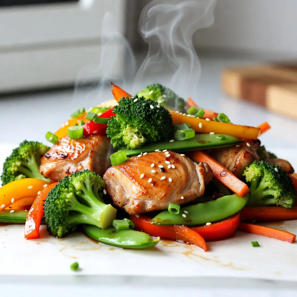 To make Teriyaki Chicken Stir Fry, you need a few fresh items. Here’s what to gather: - Chicken - 1 lb boneless, skinless chicken thighs, sliced into thin strips - Vegetables - 1 cup broccoli florets - 1 bell pepper, sliced (red or yellow for sweetness) - 1 medium carrot, julienned - 1 cup sugar snap peas - 3 green onions, chopped - Sauce Ingredients - 2 cloves garlic, minced - 1 tablespoon fresh ginger, grated - 1/4 cup low-sodium soy sauce - 2 tablespoons honey - 1 tablespoon rice vinegar - 1 teaspoon sesame oil - 1 tablespoon cornstarch mixed with 2 tablespoons of water (slurry for thickening) - Garnishes - Sesame seeds for garnish This list helps you prepare a tasty meal. Each ingredient adds flavor and nutrition. The chicken gives protein, while the veggies add crunch and color. The sauce brings all the flavors together in a sweet and savory blend. Enjoy the cooking process as you gather everything! {{ingredient_image_2}} 1. Heating the skillet Start by heating 1 tablespoon of vegetable oil in a large non-stick skillet. Set the heat to medium-high. Wait until the oil shimmers before moving on. 2. Cooking the chicken Add the sliced chicken thighs to the skillet. Spread them in a single layer. Cook for about 5-7 minutes. Stir occasionally. Look for a golden brown color and ensure the chicken is fully cooked. Once done, take the chicken out and place it on a plate. 3. Cooking the vegetables In the same skillet, pour in the remaining tablespoon of vegetable oil. When it’s hot, add minced garlic and grated ginger. Stir-fry them for about 30 seconds. You want to smell their wonderful aroma. Next, toss in broccoli florets, sliced bell pepper, julienned carrot, and sugar snap peas. Stir-fry these veggies for 3 minutes. They should be tender yet still crunchy. 1. Adding sauce Return the cooked chicken to the skillet. Mix it well with the veggies. In a small bowl, whisk together soy sauce, honey, rice vinegar, sesame oil, and the cornstarch slurry. Pour this sauce over the chicken and vegetables. 2. Final cooking steps Stir everything together to coat all pieces in the sauce. Keep cooking for 2-3 minutes. This helps the sauce thicken and bind the ingredients. Before serving, fold in the chopped green onions. Sprinkle sesame seeds over the dish for that perfect finishing touch. - Optimal cooking temperature: Heat your skillet or wok on medium-high. This helps the chicken cook evenly and brown nicely. - Best practices for cutting ingredients: Slice chicken against the grain for tenderness. Chop vegetables into uniform sizes for even cooking. - Optional spices or additions: Add red pepper flakes for heat or a squeeze of lime for brightness. You could mix in mushrooms or baby corn for extra texture. - Suggestions for adjusting sweetness or saltiness: If it’s too sweet, add a splash of soy sauce. If it’s too salty, balance it with more honey or a bit of water. Pro Tips Use High Heat: Cooking over medium-high heat helps to achieve a nice sear on the chicken and keeps the vegetables crisp. Prep Ingredients Ahead: Have all your ingredients chopped and measured before starting to cook, ensuring a smooth stir-frying process. Customize Your Veggies: Feel free to swap out the vegetables for your favorites or whatever you have on hand, like snap peas or zucchini. Thickening Tips: If you prefer a thicker sauce, you can add more cornstarch slurry gradually until you reach your desired consistency. {{image_4}} You can swap chicken for other proteins. Tofu works well for a vegan option. It absorbs flavors nicely. Beef is another choice if you want a richer taste. Just slice it thinly and cook similarly. For vegetables, use what you have on hand. Seasonal options like bell peppers, snap peas, or zucchini can change the dish. You can also add mushrooms or bok choy for more flavor and texture. Experiment with colors and crunch. To make this dish gluten-free, use tamari instead of soy sauce. It tastes great and keeps the flavor intact. For a low-carb option, skip the honey. You can use a sugar substitute if needed. Also, replace sugar snap peas with green beans or bell peppers, which are lower in carbs. Enjoy the flexibility of this tasty stir fry! To store leftovers, let the Teriyaki Chicken Stir Fry cool down. Place it in an airtight container. This keeps the flavors fresh and prevents spills in your fridge. You can store it in the fridge for up to three days. If you want to freeze the dish, use a freezer-safe container. This way, it stays safe from freezer burn. The stir fry can last up to three months in the freezer. When you're ready to eat, thaw it overnight in the fridge. For reheating, use the stove for best results. Heat it on medium until it's hot. You can also use the microwave, but stir it halfway through to heat evenly. Enjoy your flavorful meal anytime! What can I serve with Teriyaki Chicken Stir Fry? You can serve this dish with steamed rice or noodles. Both options soak up the sauce well. You might also enjoy it with a side of salad or spring rolls. These sides bring more colors and flavors to your meal. How do I know when the chicken is fully cooked? The chicken is fully cooked when it reaches an internal temperature of 165°F. It should also look golden brown and no longer be pink inside. If you cut into a piece, the juices should run clear. Always double-check for safety. Can I cook this recipe in advance? Yes, you can cook this dish in advance. Just store it in an airtight container in the fridge. It stays fresh for about 3 days. When you're ready to eat, just reheat it on the stove or in the microwave. Is Teriyaki Chicken Stir Fry healthy? Yes, Teriyaki Chicken Stir Fry can be healthy. It uses lean chicken and lots of fresh vegetables. The dish is low in fat and high in protein. Just watch the soy sauce for sodium if you are on a low-salt diet. What are the nutrition facts for this dish? Each serving of Teriyaki Chicken Stir Fry has about 300 calories. It includes around 25 grams of protein, 10 grams of fat, and 30 grams of carbs. You also get vitamins and minerals from the veggies, making it a balanced meal. This post covered how to make a tasty Teriyaki Chicken Stir Fry from start to finish. I shared key ingredients, step-by-step cooking instructions, and helpful tips to boost flavor. You can also try variations or dietary swaps to fit your needs. Plus, I explained how to store and reheat leftovers. In the kitchen, this dish shines with its ease and flavor. Enjoy exploring this fun recipe as you cook and make it your own!