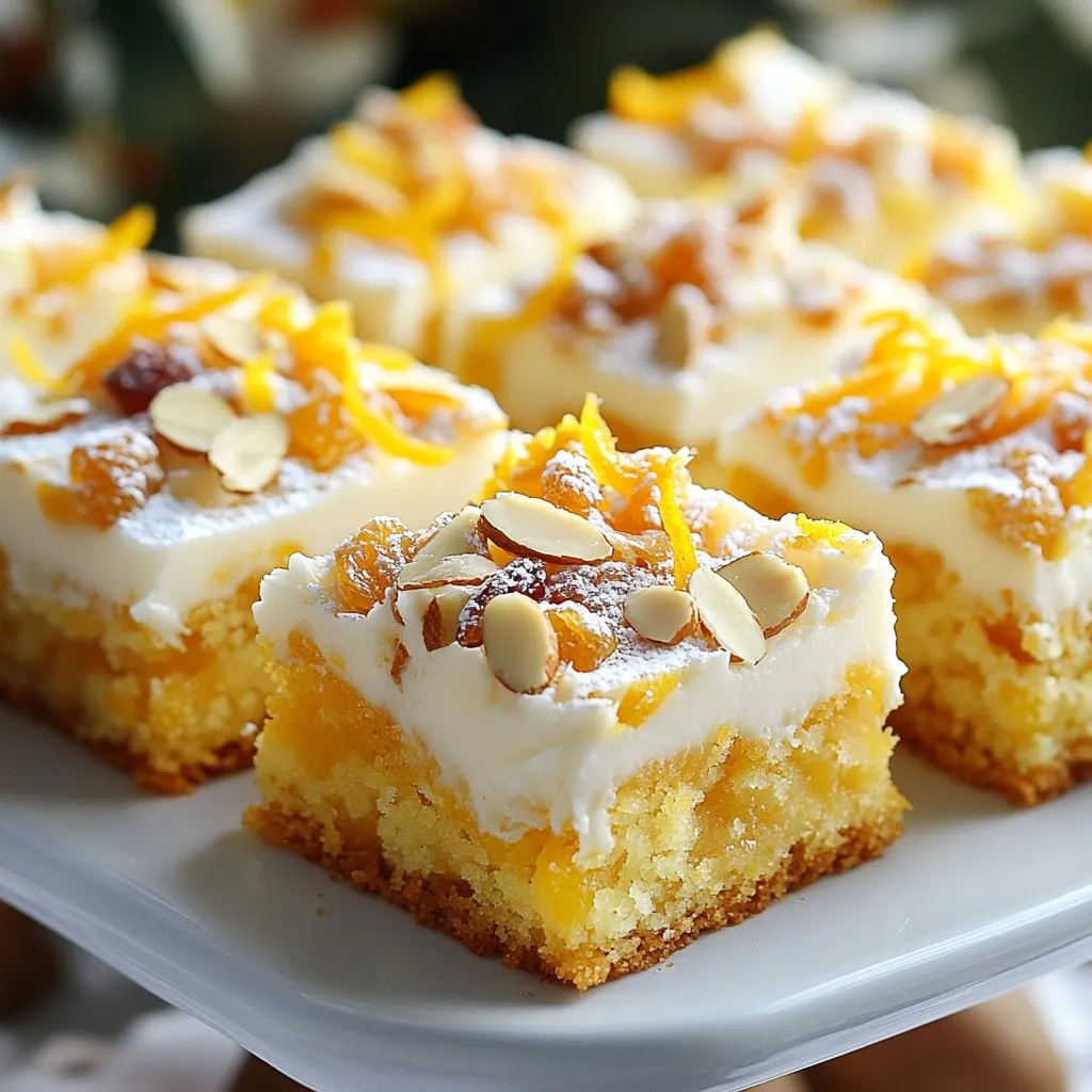 - 200g unsalted butter - 200g brown sugar - 4 large eggs - 250g all-purpose flour - 1 teaspoon baking powder - 1 teaspoon mixed spice powder - 150g mixed dried fruits - 100g candied orange peel - 50g sliced almonds - 100g cream cheese - 50g icing sugar - Zest of 1 orange - 2 tablespoons fresh orange juice Gathering the right ingredients is key to making a great Christmas cake traybake. Start with 200g of unsalted butter. This should be soft, near room temperature. Next, you need 200g of brown sugar. This adds warmth and depth of flavor. You will then crack 4 large eggs into your bowl. Make sure they are also at room temperature. Use 250g of all-purpose flour. This is the base of your cake. Add in 1 teaspoon of baking powder to help your cake rise and be fluffy. For a warm, festive taste, include 1 teaspoon of mixed spice powder, which is a blend of cinnamon, nutmeg, and ginger. Now for the fun part! Toss in 150g of mixed dried fruits like raisins, currants, and chopped apricots. They give your cake that holiday feel. You will also want to add 100g of candied orange peel, finely chopped. This adds a sweet citrus twist. Don't forget 50g of sliced almonds for that nice crunch. To make a lovely cream cheese frosting, grab 100g of softened cream cheese and 50g of sifted icing sugar. The zest of 1 orange and 2 tablespoons of fresh orange juice will brighten your frosting. These ingredients bring everything together to create a festive and flavorful treat. {{ingredient_image_2}} First, preheat your oven to 180°C (350°F). This step is key for even baking. Next, take a 9x13 inch baking tray. Grease it well with butter or line it with parchment paper. This makes it easy to lift out the cake later. Start by creaming the butter and brown sugar together. Use an electric mixer or whisk. Mix until it is light and fluffy. This takes about three minutes. Then, crack the eggs into the bowl one at a time. Make sure to mix well after each egg. This keeps the batter smooth. Now, in another bowl, sift the flour, baking powder, and mixed spice powder together. This helps to mix the dry ingredients evenly. Gradually fold the dry mix into the wet mix. Use a spatula and be gentle. You want to avoid overmixing, so a few lumps are okay. Now it's time for the fun part! Fold in the mixed dried fruits, candied orange peel, and sliced almonds. Mix them in well, so every bite has a touch of festive flavor. Once everything is combined, pour the batter into the prepared tray. Use a spatula to spread it evenly across the tray. Place the tray in your preheated oven. Bake for 25-30 minutes. Keep an eye on it. To check if it’s done, insert a toothpick into the center. If it comes out clean, your traybake is ready. After baking, let it cool in the tray for about 10 minutes. Then, carefully transfer it to a wire rack to cool completely. While the cake cools, let’s make the cream cheese frosting. In a small bowl, beat the softened cream cheese until it is smooth. Gradually add the sifted icing sugar, orange zest, and orange juice. Mix this until it is fluffy and well combined. Once the cake is cool, it’s time to frost it. Spread the cream cheese frosting evenly over the top of the traybake. For a decorative touch, add extra sliced almonds on top. You can also sprinkle some edible glitter or a light dusting of icing sugar. This adds a festive sparkle, making your Christmas Cake Traybake truly special! To get a great bake, start with the right oven temperature. Set your oven to 180°C (350°F) before you mix your batter. This helps the cake rise evenly. Also, use room temperature ingredients like butter and eggs. When they are warm, they mix better and create a fluffier cake. Spices are key to a tasty Christmas cake traybake. You can adjust the mixed spice powder to suit your taste. If you love cinnamon, add a little more! You can also add zest from other citrus fruits. Lemon or lime zest adds a bright note. Extracts like vanilla or almond can deepen the flavor too. Garnishing makes your traybake shine. Slice the cake into squares, then place them on a lovely platter. Top each piece with sliced almonds for a nice crunch. For a festive touch, sprinkle some edible glitter or dust with icing sugar. This adds a magical sparkle, perfect for holiday gatherings. Pro Tips Room Temperature Ingredients: Ensure your butter and eggs are at room temperature before starting. This helps create a smoother batter and improves the cake's texture. Don't Overmix: When combining the dry and wet ingredients, mix just until incorporated. Overmixing can lead to a dense cake. Customize Your Dried Fruits: Feel free to swap out the mixed dried fruits with your favorites. Dried cherries, cranberries, or even chocolate chips can add a unique twist! Frosting Variations: For a different flavor, consider adding spices like cinnamon or nutmeg to the cream cheese frosting, or even a splash of vanilla extract for extra depth. {{image_4}} Vegan Christmas Cake Traybake You can make this traybake vegan. Replace the eggs with flaxseed meal or applesauce. Use a plant-based butter substitute and ensure your sugar is vegan. This keeps the festive taste while being plant-friendly. Gluten-free options To make a gluten-free version, swap all-purpose flour for gluten-free flour. You can also add a bit of xanthan gum to help with texture. This way, everyone can enjoy the holiday treat! Change up dried fruits Feel free to mix and match dried fruits. You can use cranberries, figs, or even cherries. This adds different flavors and textures to your traybake. Using different spices Spices can make or break your cake. Try adding cardamom, allspice, or even a hint of cloves. This gives a unique twist to the traditional taste. Experiment to find your favorite blend! Other frosting ideas While cream cheese frosting is classic, you can try a simple buttercream. Just mix butter with icing sugar and a splash of vanilla. This gives a sweeter option that pairs well with the cake. Glaze options If you want something lighter, a glaze works too! Mix icing sugar with a bit of orange juice. Drizzle it over the cooled traybake for a sweet finish. It's pretty and adds a burst of flavor! To keep your leftover traybake fresh, follow these tips: - Refrigeration: Place the traybake in an airtight container. You can also wrap it tightly in plastic wrap. This keeps moisture in and prevents it from drying out. - Freezing: Cut the traybake into squares. Wrap each piece in plastic wrap, then place them in a freezer bag. This way, you can enjoy a slice whenever you want. The traybake lasts about 5 days in the fridge. You’ll know it's still good if it smells sweet and looks moist. If the cake feels hard or has an off smell, it’s time to toss it. To warm up your leftovers, use these methods: - Oven: Preheat your oven to 160°C (320°F). Place the traybake on a baking sheet. Heat for about 10 minutes. - Microwave: Put a slice on a microwave-safe plate. Heat for 15-20 seconds. This keeps it soft and tasty. Avoid reheating too much, as it can dry out the cake. Enjoy your festive treat warm! A Christmas Cake Traybake is a festive dessert that brings joy to any holiday table. It combines rich flavors and textures into one easy-to-make treat. This cake has a soft, moist crumb and is filled with mixed dried fruits, candied orange peel, and sliced almonds. The warm spices create a lovely aroma, making it perfect for Christmas. Topped with creamy frosting, it looks as good as it tastes. Yes, you can prepare this traybake ahead of time. You can bake it one to two days before serving. After it cools, wrap it tightly in plastic wrap. This keeps it fresh and moist. You can also freeze it for up to three months. Just thaw it overnight in the fridge before serving. For serving, cut the traybake into squares and add the frosting right before guests arrive. To check if the traybake is done, look for a golden top. Insert a toothpick in the center. If it comes out clean, the cake is ready. If there is batter on the toothpick, bake it for a few more minutes. Always keep an eye on it during the last few minutes of baking. It should spring back lightly when touched. Pair this traybake with a warm drink like spiced apple cider or hot chocolate. If you want something cold, serve it with vanilla ice cream or whipped cream. For a fun twist, try it with a scoop of eggnog ice cream. You can also add a sprinkle of extra sliced almonds on top for added crunch. This blog post gives you all the tools to make a festive Christmas Cake Traybake. You learned about the key ingredients, step-by-step instructions, and plenty of tips and tricks. We also explored fun variations for dietary needs and flavor preferences. Remember, this treat can be stored well and enjoyed later. With your newfound skills, impress your friends and family this holiday season. Happy baking!