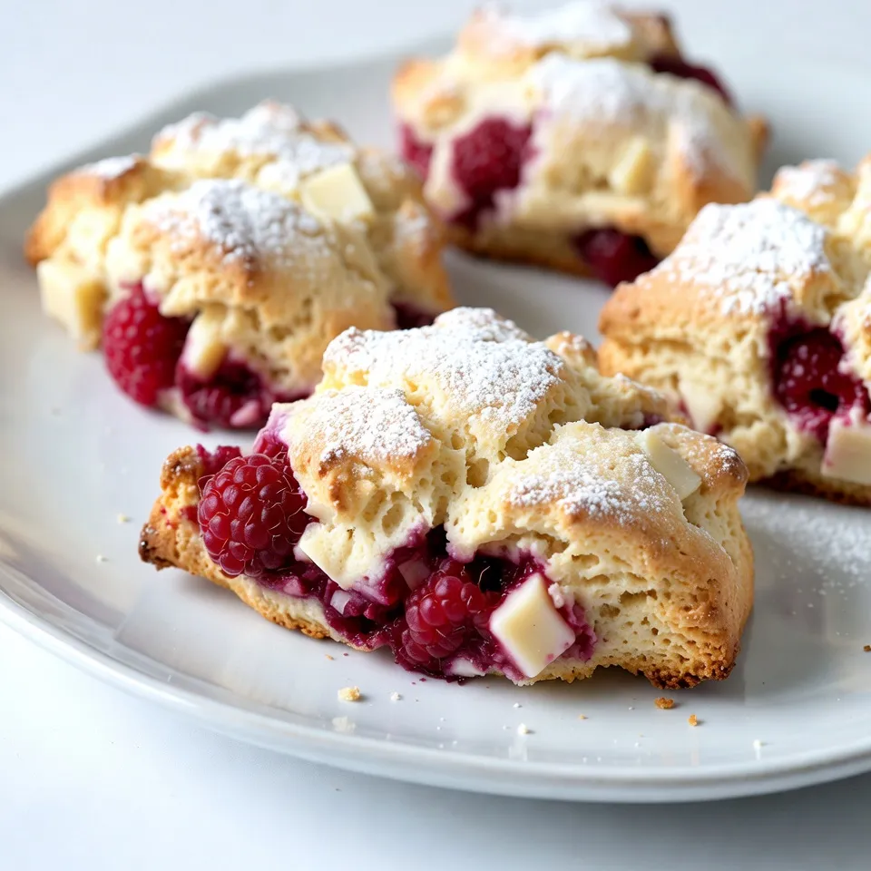 To make the best white chocolate raspberry scones, gather these items: - 2 cups all-purpose flour - 1/4 cup granulated sugar - 1 tablespoon baking powder - 1/2 teaspoon baking soda - 1/4 teaspoon salt - 1/2 cup unsalted butter, chilled and diced into small cubes - 3/4 cup heavy cream - 1 teaspoon vanilla extract - 1/2 cup white chocolate chips - 1 cup fresh raspberries, lightly tossed in flour - 1 egg, beaten (for egg wash) - Optional: extra granulated sugar for sprinkling on top You can swap some ingredients if needed. Here are a few simple options: - Use whole wheat flour for a healthier twist. - Replace heavy cream with milk or a plant-based milk for a lighter texture. - If you don’t have white chocolate chips, try dark or milk chocolate instead. - For a dairy-free option, use vegan butter and coconut cream. - If fresh raspberries are unavailable, frozen ones work too; just thaw and drain them first. Fresh raspberries bring flavor and color to your scones. Here are tips to select the best ones: - Look for berries with a deep red color and a plump shape. - Check for any signs of mold or squished berries; they should be firm to the touch. - Smell the raspberries; they should have a sweet, fruity aroma. - Buy them in small containers to avoid damage during transport. - Use them within a few days for the best taste, or store them in the fridge. {{ingredient_image_2}} Start by preheating your oven to 400°F (200°C). This ensures the scones bake evenly. While the oven heats, line a baking sheet with parchment paper. This step keeps the scones from sticking. It's a simple trick that makes cleanup easier. In a large bowl, whisk together the dry ingredients. Combine 2 cups of all-purpose flour, 1/4 cup of granulated sugar, 1 tablespoon of baking powder, 1/2 teaspoon of baking soda, and 1/4 teaspoon of salt. Mix these well until they are evenly blended. This mixture serves as the base for your scones. Next, add in 1/2 cup of chilled, diced unsalted butter. Use a pastry cutter or your fingers to mix it into the dry ingredients. You want the butter to form small crumbs. This makes the scones flaky. In a separate bowl, whisk together 3/4 cup of heavy cream and 1 teaspoon of vanilla extract. Slowly pour this creamy mix into the dry ingredients. Stir gently until the dough comes together. Avoid overmixing, as this can make the scones tough. Finally, fold in 1/2 cup of white chocolate chips and 1 cup of fresh raspberries that you lightly tossed in flour. Be gentle so the raspberries do not break apart. To get the best texture in your scones, start with cold butter. The butter should be firm and diced into small cubes. This helps create light, flaky layers. Mix the butter into the flour until you see pea-sized bits. Don't overmix the dough when adding cream; it should come together but still be a bit rough. This makes your scones tender, not tough. One mistake is overworking the dough. When you mix too much, the scones can become hard. Another error is not measuring your flour correctly. Too much flour makes the dough dry. Always spoon the flour into your measuring cup, then level it off. Lastly, don’t skip the egg wash. It gives your scones a nice golden color. For even baking, make sure your oven is preheated. This ensures the scones cook through without burning. Use parchment paper on your baking sheet; it helps prevent sticking. Space the scones evenly on the sheet, so they have room to expand. If you bake in batches, keep the second batch in the fridge until you are ready. This keeps them cold and helps maintain texture. Pro Tips Chill Your Ingredients: Keeping your butter and cream cold will help create flaky layers in your scones. Don’t Overmix: Mix the dough until just combined. Overmixing can result in tough scones. Use Fresh Raspberries: Fresh raspberries add vibrant flavor. If using frozen, make sure to toss them in flour to prevent them from sinking. Experiment with Flavors: Try adding lemon zest or almond extract for a different twist on these scones! {{image_4}} You can switch up the raspberries for other fruits. Strawberries, blueberries, or blackberries work well. Just be sure to toss them in flour first. This helps them stay whole in the dough. Each fruit brings its own flavor. Strawberries add a sweet touch, while blueberries give a fresh burst. You can also mix fruits for a fun twist! If white chocolate isn’t your thing, you have options. Dark chocolate chips are a great substitute. They add a rich flavor that pairs nicely with the tartness of the fruit. Milk chocolate can also work if you want a sweeter taste. You can even try chocolate chunks for a more rustic feel. Each option changes the scone's taste and makes it your own. You can jazz up your heavy cream for extra flavor. Try using almond extract instead of vanilla for a nutty twist. Coconut cream adds a tropical vibe that delights the senses. You can even steep herbs like rosemary or mint in the cream for a unique touch. Each variation brings a new layer of flavor to your scones. Get creative and find your favorite! To store leftover scones, let them cool completely. Place them in an airtight container. This keeps them fresh for up to two days. If you want to keep them longer, consider freezing. For freezing, wrap each scone in plastic wrap. Place the wrapped scones in a freezer bag. They can last up to three months in the freezer. When ready to eat, thaw them in the fridge overnight. To reheat scones, preheat your oven to 350°F (175°C). Place the scones on a baking sheet. Heat for about 10 minutes. This warms them up and restores their crispy edges. You can also microwave them for about 20 seconds for a quick option. Yes, you can make these scones ahead of time. You can prepare the dough and shape it into wedges or rounds. Then, wrap the shaped scones tightly in plastic wrap. Store them in the fridge for up to 24 hours. When you’re ready to bake, just brush them with egg wash, sprinkle sugar, and bake as directed. These scones pair well with many items. Here are some tasty ideas: - Freshly brewed coffee or tea - Whipped cream for a creamy touch - A dollop of clotted cream for richness - A light fruit salad to balance sweetness Serving these with a light drink or cream enhances their flavors. To keep your scones moist, follow these tips: - Use cold butter. This keeps the scones flaky. - Don’t overmix the dough. Mix just until combined. - Add enough cream. The dough should feel moist but not sticky. - Bake at the right temperature. A hot oven helps them rise well. These steps help ensure your scones are tender and delicious. In this blog post, we explored the key ingredients and steps for making delicious white chocolate raspberry scones. We discussed how to choose fresh raspberries and shared tips for baking success. We also covered fun variations and storage tips to keep your scones tasty. Making scones can be simple and enjoyable with the right knowledge. Remember to experiment with flavors and prevent common mistakes for the best results. Happy baking!
