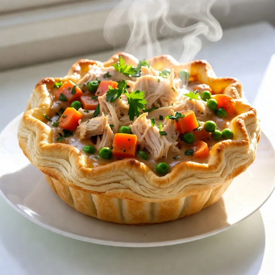 - 2 cups cooked chicken, shredded - 1 cup carrots, diced into small pieces - 1 cup peas (fresh or frozen) - 1 cup potatoes, peeled and diced - 1 cup onion, finely chopped - 2 cloves garlic, minced - 1/2 cup celery, diced - 1/3 cup all-purpose flour - 2 cups chicken broth (low-sodium preferred) - 1 cup milk (whole or 2%) - 2 tablespoons olive oil - 1 teaspoon dried thyme - 1/2 teaspoon black pepper - 1/2 teaspoon salt - 1 package of refrigerated pie crusts (contains 2 crusts) - 1 egg, beaten (for egg wash) The heart of any chicken pot pie lies in its ingredients. This dish shines with simple, wholesome foods. You start with cooked chicken. Shredded chicken works best. It adds great flavor and texture. Next, gather fresh vegetables to make your filling colorful and tasty. You will need carrots, peas, potatoes, onions, garlic, and celery. Each vegetable brings its own flavor. Dicing them small helps them cook evenly. For the sauce, you will use all-purpose flour, chicken broth, and milk. These three create a rich, creamy filling. The flour thickens the sauce. The broth and milk add depth and smoothness. Don’t forget your seasonings! Dried thyme, black pepper, and salt bring out the best in this dish. They pair well with the chicken and vegetables. Finally, you need pie crusts. Store-bought crusts save time, but feel free to make your own if you prefer. An egg wash gives the top a nice golden color when baked. With these ingredients, you are on your way to making a comforting chicken pot pie that will warm your heart and fill your belly! {{ingredient_image_2}} First, heat olive oil in a large skillet over medium heat. Add chopped onions, diced carrots, celery, and minced garlic. Sauté these vegetables until they are tender, which takes about 5-7 minutes. Stir often until the onions look clear. Next, add the diced potatoes to the skillet. Cook them for another 3-4 minutes to soften them a bit. Now, dust the veggies with all-purpose flour. Stir well to coat everything evenly. Cook for 1-2 minutes to remove the raw flour taste. Now, slowly whisk in the chicken broth and milk. Keep stirring until the mixture is smooth and thick. This should take about 5-7 minutes. Once thickened, fold in the shredded chicken, peas, dried thyme, salt, and black pepper. Mix well, then take the skillet off the heat. On a clean surface, unroll one pie crust and place it into a 9-inch pie dish. Press it gently into the corners. Pour the chicken filling into the crust. Spread it out evenly across the bottom. Next, unroll the second pie crust and lay it over the filling. Trim any excess dough hanging over the edge. Crimp the edges together to seal the pie. Use a sharp knife to cut several slits in the top crust. This lets steam escape while baking. Brush the top crust with the beaten egg. This helps it turn a nice golden color when baked. Preheat your oven to 425°F (220°C). Once hot, slide the pie into the oven. Bake it for 30-35 minutes. Look for a deep golden brown crust and bubbling filling. For a perfect crust, keep an eye on the time. If the edges brown too fast, cover them with foil. This stops them from burning while the rest cooks. - Choosing the best poultry I recommend using cooked chicken for a rich flavor. You can use rotisserie chicken for ease. Fresh or leftover chicken works too. Aim for skinless, boneless pieces for a tender bite. - Ensuring a flavorful filling Start with fresh vegetables for the best taste. Diced carrots, peas, and potatoes add color and texture. Use low-sodium chicken broth to keep the filling rich without being salty. This layer of flavor makes each bite special. - Techniques for a flaky crust Use cold pie crusts. This keeps the fat solid, leading to a flaky texture. Do not overwork the dough; handle it gently. Cut slits in the top crust to allow steam to escape. This helps avoid a soggy bottom. - Preparing filling in advance You can make the filling a day ahead. Store it in an airtight container in the fridge. This saves time and allows the flavors to meld. Just warm it up before filling the crust. - Freezing tips for the pie If you want to freeze the pie, assemble it first. Wrap it well in plastic wrap and foil. It can last up to three months in the freezer. Bake it straight from the freezer; just add extra time. This way, you’ll have a comforting meal ready when you need it! Pro Tips Use Leftover Chicken: This recipe is perfect for utilizing leftover roast chicken or rotisserie chicken, making it a quick and easy option for a weeknight dinner. Vegetable Variations: Feel free to customize the vegetable blend based on seasonal produce or personal preferences. Mushrooms, green beans, or corn can be great additions! Thickening the Filling: If you prefer a thicker filling, you can add a bit more flour or let the mixture simmer a little longer to evaporate some liquid. Freezing Tips: This pot pie freezes well! Assemble the pie, but do not bake it. Wrap it tightly and store it in the freezer for up to 3 months, baking it from frozen when you’re ready to enjoy. {{image_4}} You can easily change the protein in your pot pie. If you want a twist, use turkey instead of chicken. This works great, especially around holidays. Beef is another option. Use cooked beef to give a hearty flavor. For a lighter choice, try mushrooms or tofu. Both add a nice texture and absorb flavors well. These vegetarian options make pot pie fun for everyone. Adding herbs and spices can really boost the taste. Fresh thyme or rosemary gives a nice aroma. You can also use spices like paprika for warmth. Another great way to enhance flavor is using a flavored broth. Chicken broth adds depth, while vegetable broth works for veggies. Consider using cream in the filling for richness. It makes your pot pie even more creamy and delicious. When it comes to the crust, you have choices. You can make a homemade crust for a personal touch. This allows you to control the ingredients. If you want something quick, store-bought crusts save time. They can still give you that perfect golden finish. If you need a gluten-free option, look for gluten-free pie crusts. Many brands offer tasty alternatives that work well in pot pies. To store your chicken pot pie, let it cool first. This step keeps the crust from getting soggy. Wrap it tightly in plastic wrap or foil. You can also place it in an airtight container. Store it in the fridge for up to 3 days. This way, it stays fresh and tasty. You can freeze chicken pot pie both before and after baking. For freezing before baking, wrap it tightly in plastic wrap and then foil. This keeps out air and frost. You can freeze it for up to 3 months. To freeze after baking, let the pie cool completely. Wrap it in plastic wrap and foil as well. When you want to eat it, thaw it in the fridge overnight. Reheat it in the oven at 350°F (175°C) until hot, about 25-30 minutes. This way, it tastes fresh and delicious again. Yes, you can make chicken pot pie without a crust. Here are some great options: - Mashed potatoes on top for a comforting twist. - Biscuits can add a fluffy and soft texture. - Cornbread gives a sweet and hearty flavor. - Polenta adds a creamy touch to the dish. Each of these choices brings a unique taste and texture. You can customize your pot pie based on what you like best. To check if your pot pie is done, look for these signs: - The crust should be a deep golden brown. - The filling should be bubbling through the slits in the top. - A knife inserted in the center should come out hot. These signs show that your chicken pot pie is ready to enjoy. It means the inside is warm and the crust is perfectly cooked. Pairing sides with chicken pot pie can enhance your meal. Here are some tasty suggestions: - Mixed greens salad for a fresh crunch. - Steamed green beans for a tender bite. - Roasted carrots bring sweetness and color. - Mashed potatoes offer extra comfort. These sides balance the richness of the pot pie and create a complete meal. Enjoy your meal with these delightful additions! You learned how to make a classic chicken pot pie from scratch. We covered each step, from choosing the right ingredients to baking tips for a golden crust. You can even try variations like using turkey or a veggie version. Remember, storing leftovers properly will keep your pot pie fresh. Don’t hesitate to experiment with flavors and fillings. Enjoy your cooking journey, and soon, you’ll impress everyone with your homemade pot pie!