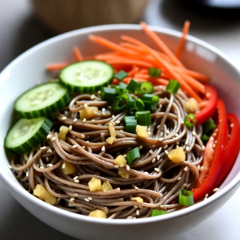 - 8 oz soba noodles - 2 tablespoons sesame oil - 1 tablespoon fresh ginger, minced - 2 tablespoons soy sauce or tamari - 1 tablespoon rice vinegar - 1 tablespoon honey or maple syrup - 1 cup cucumber, finely julienned - 1 cup carrots, shredded - 1 red bell pepper, thinly sliced - 2 green onions, chopped - 1/4 cup fresh cilantro, roughly chopped - A pinch of red pepper flakes - 1 tablespoon sesame seeds Gather these ingredients before starting. Each one plays a key role in bringing the salad to life. Soba noodles are the heart of this dish. Their nutty flavor and chewy texture make them perfect for salads. Sesame oil adds depth and richness. The fresh ginger brings a zing that wakes up your taste buds. Soy sauce or tamari brings saltiness, while rice vinegar adds a nice tang. Honey or maple syrup balances the flavors with sweetness. Fresh vegetables give crunch and color. Cucumber and carrots add a refreshing crispness. The red bell pepper adds sweetness, while green onions and cilantro provide vibrant flavors. If you want a bit of heat, include red pepper flakes. For extra crunch, sprinkle sesame seeds on top. These ingredients make this salad a fun and tasty dish to enjoy. {{ingredient_image_2}} To cook soba noodles, follow the package instructions. Boil water in a pot and add the noodles. Cook them for about 4 to 5 minutes. Once done, drain the noodles in a colander. Rinse them under cold running water. This stops the cooking and cools the noodles quickly. In a large mixing bowl, combine the sesame oil, minced fresh ginger, soy sauce, rice vinegar, and honey. Whisk these ingredients together until smooth. This dressing brings all the flavors together in the salad. First, add the cooled soba noodles to the mixing bowl with the dressing. Toss gently to coat each noodle strand. Next, fold in the julienned cucumber, shredded carrots, sliced red bell pepper, chopped green onions, and fresh cilantro. This mix adds crunch and color to your salad. Taste your salad and adjust the flavors. You may want a bit more soy sauce for saltiness. If you like it sweeter, add more honey. For some heat, sprinkle in red pepper flakes. Let the salad rest for about 10 minutes. This helps the flavors blend better. When ready to serve, sprinkle sesame seeds on top for a nice crunch. Enjoy your fresh and flavorful Sesame Ginger Noodle Salad! To make your soba noodles just right, rinse them well. After cooking, drain the noodles and put them under cold water. This stops the cooking and keeps them from sticking. You want each noodle to be separate and springy. Balancing flavors is key. The sweet from honey or maple syrup needs to mix well with the salty soy sauce. Taste as you go. If the salad feels bland, add a bit more soy sauce. If it’s too salty, a touch of honey can help. For a great presentation, use a large, colorful bowl. This makes your salad look fresh and inviting. You can also serve it in individual bowls. Top it with extra cilantro or sesame seeds for a nice touch. This salad tastes best chilled or at room temperature. Let it sit for about ten minutes before serving. This resting time helps all the flavors mix together nicely. You can customize this salad with spices. If you want some heat, add a pinch of red pepper flakes. This gives your dish a nice kick without overpowering it. Fresh herbs can change the game too! While cilantro is great, you could try using mint or basil for a different twist. Each herb adds its own flavor, making the salad unique. Pro Tips Tip Title: Cook Noodles Al Dente: For the best texture, cook the soba noodles until they are al dente, as they will continue to soften slightly when mixed with the dressing. Tip Title: Customize Your Veggies: Feel free to substitute or add other vegetables like bell peppers, snap peas, or edamame for even more color and crunch. Tip Title: Make It Ahead: This salad can be made a few hours in advance. Just keep it refrigerated until serving, but add sesame seeds right before you serve to maintain their crunch. Tip Title: Perfect Your Dressing: Adjust the sweetness and saltiness of the dressing to your liking. Start with less soy sauce and honey, and taste before adding more. {{image_4}} You can add grilled chicken for extra protein. It brings a nice smoky flavor. Simply slice it and toss it in with the noodles. Tofu or tempeh are great plant-based options. Both soak up flavors well. Just cube them and mix in for a satisfying meal. Feel free to swap in other fresh veggies. You can use zucchini or shredded cabbage instead of bell pepper. Seasonal vegetables work well too. Try using snap peas in the spring or roasted butternut squash in the fall. Each swap adds a unique twist. You can change the oil for a different taste. Peanut oil gives a rich, nutty flavor. If you want a sweeter touch, swap honey for agave syrup. Maple syrup is another great option. Each change can make the salad feel fresh and new. To store leftover salad, place it in an airtight container. This keeps it fresh. You can use plastic wrap or a lid to seal the container. Make sure to chill it in the fridge right away. This helps keep the flavors and crunch intact. The salad stays fresh for about three days in the fridge. After that, the veggies may lose their crispness. To maintain its quality, eat it within this time frame. If you want to keep the salad longer, consider storing the dressing separately. Combine them just before serving for the best taste. This salad is best served cold, but you can enjoy it at room temperature. If you prefer to warm it up, do so gently. Use a microwave on low heat for short bursts. Be careful not to overheat it, or the veggies will become soft. Enjoy your leftovers the next day for a quick and tasty meal! If you need a gluten-free option, you can use rice noodles. They cook quickly and have a nice texture. Another great choice is zucchini noodles. You can spiralize zucchini for a fresh twist. Yes, you can prep this salad in advance. Make the dressing and cook the noodles a day ahead. Just store them in separate containers. Mix them just before serving for the best taste. This recipe is almost vegan. To make it fully vegan, swap honey for maple syrup. Check your soy sauce; some brands are vegan. This way, everyone can enjoy this tasty dish! This recipe for Sesame Ginger Noodle Salad covers all you need. You learned about important ingredients like soba noodles and fresh veggies. We discussed easy steps to cook the noodles and make a tasty dressing. You also got tips for texture, flavor, and how to store leftovers. Incorporate these ideas into your cooking. Experiment with variations and enjoy a fresh meal. Eating well can be simple and fun. Trust me, you will love this salad!