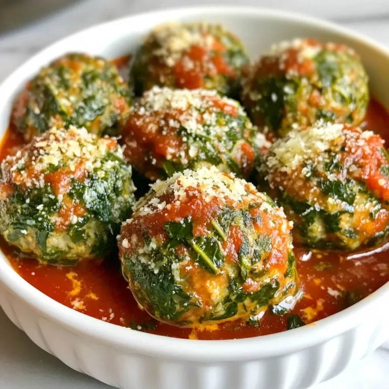 - 1 pound ground turkey - 2 cups fresh spinach, finely chopped - 1/2 cup whole wheat breadcrumbs - 1/4 cup grated Parmesan cheese - 1 small onion, finely chopped - 2 cloves garlic, minced - 1 large egg - 1 teaspoon dried oregano - 1 teaspoon salt - 1/2 teaspoon freshly ground black pepper - 1/4 teaspoon red pepper flakes (optional for heat) - 1 tablespoon olive oil (for cooking) - 1 jar (about 24 ounces) marinara sauce (for serving) You can swap ground turkey for chicken or beef. This keeps the dish tasty. If you want a gluten-free option, use gluten-free breadcrumbs. You can also skip the Parmesan cheese or use a dairy-free version. Instead of fresh spinach, frozen spinach works too. Just thaw and squeeze out the water. These meatballs are healthy and packed with nutrients. Each serving has about: - Calories: 250 - Protein: 28 grams - Carbohydrates: 12 grams - Fiber: 3 grams - Fat: 10 grams (mostly from olive oil) These meatballs are a great choice for a balanced meal. They are low in carbs and high in protein. Plus, they have good fats from olive oil. Enjoy this healthy dinner idea with confidence! {{ingredient_image_2}} In a large bowl, combine the ground turkey, spinach, breadcrumbs, and Parmesan. Add the chopped onion and minced garlic next. Then, crack the egg into the bowl. Sprinkle in the oregano, salt, black pepper, and red pepper flakes if you like heat. Use your hands to mix everything together. Make sure it is well blended but don’t over-mix. This keeps the meatballs tender. Preheat your oven to 400°F (200°C). Line a baking sheet with parchment paper. With slightly wet hands to avoid sticking, form the turkey mixture into meatballs. Aim for meatballs about 1 to 1.5 inches wide. Place them on the baking sheet, leaving space between each one. Bake for about 20 minutes. They should be golden-brown and fully cooked. While the meatballs bake, heat olive oil in a skillet over medium heat. Pour in the marinara sauce and let it warm up. Once the meatballs are done, carefully transfer them to the sauce. Gently toss them to coat with the sauce. Let them simmer together for 5 minutes. This helps the flavors mix well. Now, they are ready to serve! To keep your meatballs moist, use fresh turkey, not lean turkey. The fat helps keep them juicy. You can also add more chopped spinach. It adds moisture and flavor. Mixing gently is key. Over-mixing makes them tough. Aim for a soft texture. Do not skip the breadcrumbs. They help bind the meatballs and keep them from falling apart. Avoid using too little seasoning. A pinch of salt and pepper can make a big difference. Lastly, don't crowd the baking sheet. Space them out for even cooking. Want more heat? Add extra red pepper flakes. For a milder taste, leave them out. You can also mix in herbs like basil or thyme. Fresh herbs add a bright flavor. A dash of lemon juice can lift the taste. It gives a fresh twist to the meatballs. Pro Tips Keep It Moist: Adding a splash of milk or a bit more olive oil to the mixture can help keep the meatballs moist and tender. Fresh Ingredients Matter: Use fresh spinach and garlic for the best flavor. If using frozen spinach, ensure it's thoroughly drained to avoid excess moisture. Perfectly Spaced: Make sure to space the meatballs evenly on the baking sheet to ensure they cook uniformly and don't steam each other. Rest Before Serving: Allow the meatballs to rest for a few minutes after baking. This helps them hold their shape better when served. {{image_4}} You can easily boost the nutrition of these meatballs by adding other veggies. Try mixing in grated carrots, finely chopped bell peppers, or mushrooms. Each veggie adds flavor and texture. It also makes the meatballs more colorful and fun. Just chop them small so they blend well. If you want to switch things up, consider using ground chicken or lean beef. Both options work well and give different flavors. For a vegetarian twist, use lentils or chickpeas. Just mash them and mix with the other ingredients. This makes the meatballs plant-based and still tasty. While marinara sauce is great, you can explore other sauces too. Try BBQ sauce for a smoky taste or a creamy pesto for a rich flavor. Experiment with homemade sauces like a spicy tomato sauce or a tangy yogurt sauce. Each sauce can change the whole meal and keep things exciting. After you enjoy your meal, store leftover meatballs in an airtight container. This keeps them fresh. Place them in the fridge for up to three days. If you want to keep them longer, freezing is a great option. To reheat, take the meatballs out of the fridge. You can use a microwave or stovetop. If using a microwave, place them on a plate and cover them with a paper towel. Heat for about 1-2 minutes or until hot. On the stovetop, add them to a skillet with a little marinara sauce. Heat on low until warmed through. To freeze, let the meatballs cool completely. Then, arrange them in a single layer on a baking sheet. Freeze for about two hours until solid. After that, transfer the meatballs to a freezer-safe bag. They can last up to three months. When ready to eat, thaw in the fridge overnight and reheat as mentioned above. Enjoy your meal anytime! Yes, you can make Spinach Turkey Meatballs ahead of time. I often prepare them in advance for busy nights. After cooking, let them cool completely, then store them in an airtight container in the fridge. They will keep well for about three days. You can also freeze them for up to three months. Just thaw them in the fridge overnight before reheating. This way, you have a healthy meal ready when you need it! Spinach Turkey Meatballs pair well with several sides. Here are my favorites: - Whole-grain pasta - Zoodles (zucchini noodles) - Quinoa or brown rice - Garlic bread - A fresh garden salad These sides add a nice balance to the meal and make it more filling. You can mix and match based on what you have on hand. Yes, you can use frozen spinach! It’s a great option if fresh spinach isn't available. Just remember to thaw it first and squeeze out excess water. This helps keep the meatballs from becoming too wet. The flavor will still be rich and delicious. Using frozen spinach can save you time while still making tasty meatballs! In this blog post, I shared how to make tasty Spinach Turkey Meatballs. We covered the key ingredients, helpful substitutions, and their nutrition. I also gave step-by-step instructions, from mixing to baking. Plus, I provided tips for making them moist and flavorful while avoiding common mistakes. You learned how to store leftovers and reheat them with ease. Remember, cooking is fun, so feel free to try new variations. Enjoy your time in the kitchen and savor each bite!