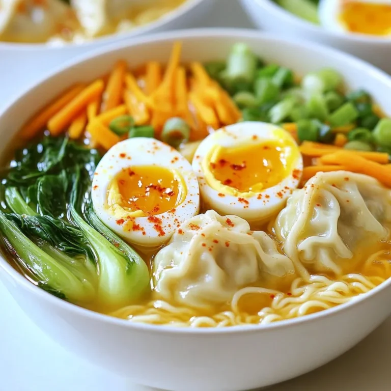 - 4 cups chicken broth - 2 packs of instant ramen noodles (discard seasoning packets) - 1 cup dumplings (store-bought or homemade, choose any filling you prefer) - 1 cup baby bok choy, halved - 1 medium carrot, julienned - 2 green onions, thinly sliced - 1 tablespoon soy sauce - 1 tablespoon sesame oil - 1 teaspoon fresh ginger, grated - 2 cloves garlic, minced - Salt and pepper to taste - Soft-boiled eggs (optional, for topping) - Chili oil (optional, for added heat) The main ingredients of this dish create a warm and filling meal. First, chicken broth gives the base rich flavor. Then, the instant ramen noodles add heartiness and ease. Choose dumplings that you love; they add a nice texture and taste to the bowl. Next, fresh vegetables brighten the dish. The baby bok choy adds a crisp and slightly sweet bite. Carrots bring color and crunch, while green onions finish it off with freshness. Finally, seasoning gives the broth depth. Soy sauce and sesame oil add umami and richness. Ginger and garlic add warmth and spice. You can top your bowl with a soft-boiled egg for creaminess and chili oil for heat. Enjoy the blend of flavors and textures! {{ingredient_image_2}} To start, I pour 4 cups of chicken broth into a large pot. I turn the heat to medium and let it simmer gently. The goal is to warm the broth, not boil it. I add 1 teaspoon of fresh ginger and 2 cloves of minced garlic. This mix of aromatics makes the broth fragrant and tasty. I let it simmer for about 5 minutes. The flavors blend well during this time. Next, I add 1 cup of dumplings to the simmering broth. I use store-bought dumplings for ease, but homemade works too. I cook them for around 5-7 minutes. Stirring gently helps prevent them from sticking together. While the dumplings cook, I prepare the vegetables. After 5 minutes, I toss in 1 cup of halved baby bok choy and 1 medium carrot, julienned. I let them cook for another 2-3 minutes until the bok choy is tender but still bright green. In a separate pot, I cook 2 packs of instant ramen noodles. I ignore the seasoning packets since I want full control over the flavor. I follow the package instructions, usually taking about 3-4 minutes. Once cooked, I drain the noodles and set them aside. Now, it’s time to put it all together. I divide the cooked ramen noodles among four bowls. I carefully ladle the broth over the noodles, ensuring each bowl gets dumplings, bok choy, and carrots. For a special touch, I can add a soft-boiled egg cut in half on top. A drizzle of chili oil adds heat, but it’s optional. Finally, I sprinkle sliced green onions over each bowl for a fresh crunch. Enjoy your savory dumpling ramen bowl! For store-bought dumplings, follow the cooking time on the package. They cook fast! If you make homemade dumplings, cook them until they are soft and tender. Test a few to find the right texture. If they stick to the pot, give them a gentle stir to keep them moving. This helps them cook evenly and stay soft. You can change the flavor of the broth easily. Try adding a splash of rice vinegar for brightness. If you want a spicy kick, add chili oil or fresh sliced chilies. Use vegetable broth for a lighter taste. You can also mix in miso paste for a deeper umami flavor. Each option can give your ramen bowl a new twist. Make your ramen bowl look special! Garnish with sliced green onions for a crunchy finish. A sprinkle of sesame seeds adds a nice touch, too. For color, pair it with pickled vegetables on the side. This contrast makes the dish pop on the table. You can even use edible flowers for a fancy look! Pro Tips Fresh Ingredients: Use fresh ginger and garlic for the best flavor. They can significantly enhance the overall taste of your broth. Customize Your Dumplings: Feel free to experiment with different fillings for your dumplings, such as pork, shrimp, or vegetables, to suit your taste preferences. Add More Vegetables: Incorporate additional vegetables like mushrooms or snap peas for added nutrition and color in your ramen bowl. Adjusting Spice Level: If you prefer a spicier dish, increase the amount of chili oil or add some sliced fresh chili peppers for an extra kick. {{image_4}} You can use many fillings for your dumplings. Try pork, chicken, or veggie options. Pork dumplings add a rich flavor. Chicken dumplings are light and tasty. For a veggie twist, use mushrooms, spinach, or tofu. You can even mix these ingredients for a fun surprise in each bite! If you want to switch up your noodles, there are great substitutes. Rice noodles are a gluten-free choice. Soba noodles offer a hearty texture. You can use udon for a thicker bite. Each option brings its own flavor profile to the dish. Choose what you like best or what you have at home. To make this dish plant-based, swap out chicken broth for vegetable broth. Use veggie dumplings or make your own with mushrooms and cabbage. Instead of eggs, try adding avocado slices for creaminess. You can also sprinkle some toasted sesame seeds for extra crunch. Enjoy the same great taste without animal products! To keep your savory dumpling ramen bowl fresh, store leftovers in an airtight container. Pour the broth over the dumplings and veggies. This keeps everything moist. Let it cool before sealing. Place it in the fridge. Use leftovers within three days for best taste. For reheating, the best method is on the stove. Pour the ramen bowl into a pot. Heat it gently over medium heat. Stir often to ensure even warming. If you prefer the microwave, use a microwave-safe bowl. Heat in short bursts, stirring in between. This way, your flavors stay rich and tasty. If you want to save some for later, you can freeze components. Freeze the broth and dumplings separately. Store them in airtight containers or freezer bags. Avoid freezing the veggies or noodles, as they become mushy. Use the frozen broth and dumplings within three months for the best flavor. When ready to eat, thaw in the fridge overnight before reheating. Yes, you can make this dish gluten-free! Look for gluten-free noodles made from rice or buckwheat. Brands like rice vermicelli or gluten-free ramen are great options. Always check the labels to ensure they meet your needs. Making dumplings from scratch is simple! Here's a basic guide: 1. Dough: Mix flour and water to form a soft dough. Let it rest for 30 minutes. 2. Filling: Choose your favorite filling. Try ground pork, chicken, or veggies. Add some soy sauce and spices for flavor. 3. Shape: Roll out the dough and cut it into circles. Place a small amount of filling in the center. Fold and pinch the edges to seal. 4. Cook: Steam, boil, or pan-fry the dumplings until cooked through. For this ramen bowl, chicken broth is best. It adds rich flavor and warmth. You can also use vegetable broth for a lighter taste, or beef broth for a heartier option. Each type offers its own unique flavor, so choose what you enjoy most. Leftovers can last in the fridge for 3 to 4 days. Store the broth and ingredients separately to keep them fresh. When reheating, make sure everything is heated through. If you see any changes in smell or color, it's best to throw it out. This blog discussed how to make a delicious ramen broth dish. We covered the main ingredients, including chicken broth, dumplings, and fresh veggies. I shared step-by-step instructions on preparing the broth, cooking dumplings, and assembling the bowl. Lastly, I provided tips for perfecting texture and customizing flavors. Enjoy creating your own version with different ingredients and personal touches. This dish offers endless options and is easy to adapt. Dive in and explore!