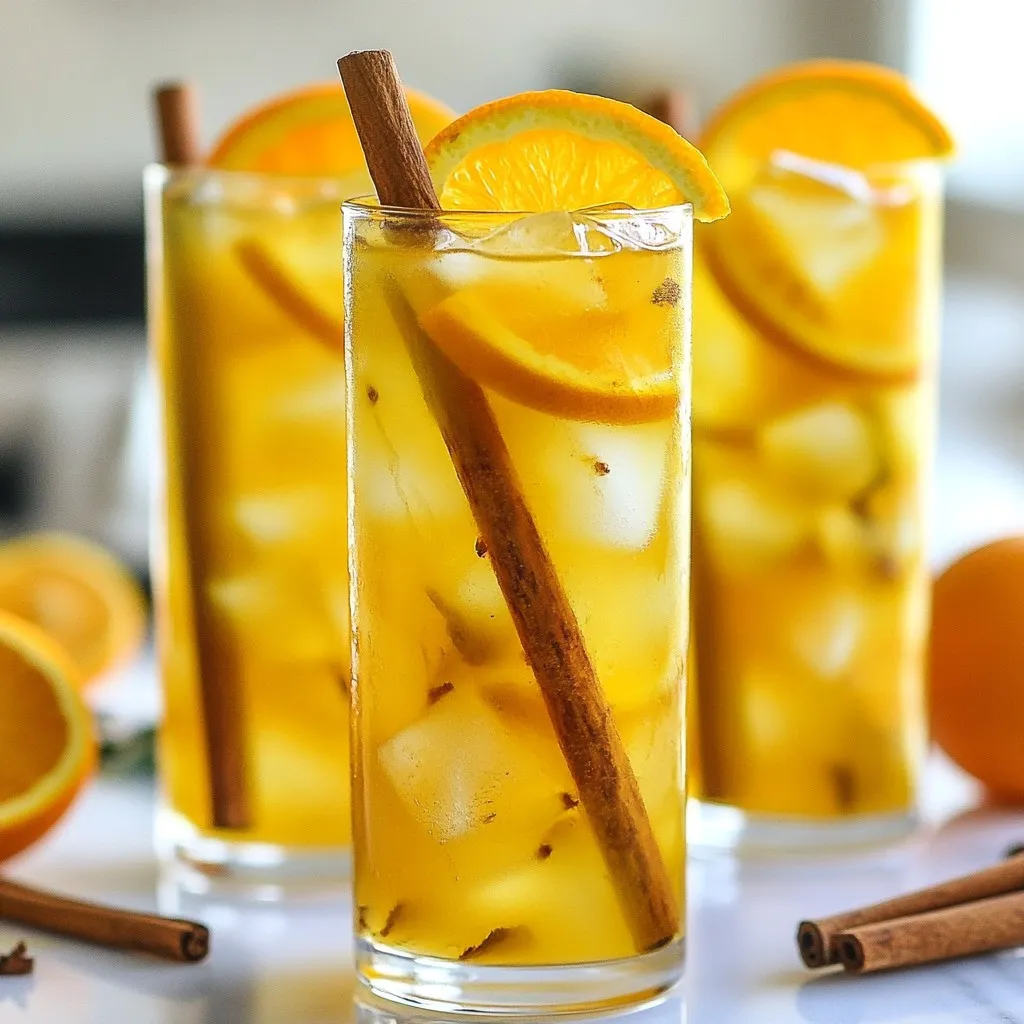 To make this refreshing drink, you need a few simple items: - 4 black tea bags - 4 cups boiling water - 1 large orange, zested and juiced - 2 whole cinnamon sticks - 1/4 cup honey - 4 cups cold water - Ice cubes The black tea gives a strong base, while the orange brings a bright flavor. The cinnamon adds warmth and depth, making it special. Garnishes can enhance the drink's look and taste. You can add: - Orange slices - Additional cinnamon sticks - Reserved orange zest These add flair and a pop of color. They also make your drink look fancy. If you want to change the sweetness, try these options: - Agave syrup - Maple syrup - Stevia Each sweetener adds a unique flavor. Adjust the amount based on your taste. {{ingredient_image_2}} To start, I heat 4 cups of water until it boils. Then, I pour this hot water over 4 black tea bags in a heatproof pitcher. I let the tea steep for about 5 to 7 minutes. This time gives the tea a nice, strong flavor. If you like a bolder taste, you can steep it a bit longer. After steeping, I carefully remove the tea bags. While the tea is still warm, I add the juice and zest of one large orange. The zest adds a nice aroma. Then, I drop in two whole cinnamon sticks. Next, I mix in 1/4 cup of honey to sweeten the tea. I stir gently until the honey fully dissolves. This step is key for rich flavor. The warm tea helps the orange and cinnamon blend nicely. Now, I let the pitcher cool to room temperature. Once cool, I stir in 4 cups of cold water. This step lightens the tea and makes it refreshing. I cover the pitcher and place it in the fridge for at least 2 hours. This chill time allows the flavors to meld. When I’m ready to serve, I fill tall glasses with ice cubes. Finally, I pour the chilled iced tea over the ice. I love to add a slice of orange and a cinnamon stick to each glass for a pretty touch. Enjoy your refreshing drink! You can change how sweet your iced tea is. Start with 1/4 cup of honey. After mixing, taste it. If you want it sweeter, add more honey a little at a time. Remember, you can also use other sweeteners like agave or maple syrup. They can give a different flavor too. Steeping time is key for great flavor. I suggest steeping the tea bags for 5 to 7 minutes. If you want a stronger taste, add a minute or two. But if you steep too long, the tea might taste bitter. Always check your taste as you go. Not all black tea is the same. I recommend using a strong black tea like Assam or Ceylon. These will give a rich flavor that pairs well with orange and cinnamon. If you prefer, you can also try flavored black teas, like Earl Grey, for a twist. Just make sure it’s a good quality tea for the best taste. Pro Tips Adjust Sweetness: Feel free to modify the amount of honey based on your sweetness preference. Start with less and add more if desired. Infusion Time: For a more intense flavor, allow the tea to steep longer than the recommended time, but be cautious as over-steeping can lead to bitterness. Chill Thoroughly: Ensure that the iced tea is well-chilled before serving; this enhances the refreshing quality of the drink. Garnishing Tips: Use fresh mint leaves alongside the orange slices and cinnamon sticks for an extra pop of flavor and visual appeal. {{image_4}} You can elevate your Orange Cinnamon Iced Tea by adding fresh herbs. Mint and basil work well. Just toss in a few leaves while the tea steeps. This adds a fresh taste and aroma. You might enjoy how mint cools the drink. Basil gives a unique twist that's refreshing. Feel free to swap oranges for other citrus fruits. Lemons and limes can brighten the drink. Grapefruits offer a tart and sweet flavor. You can mix and match to find your favorite blend. Each fruit brings its unique taste to the tea. For a fun twist, make a sparkling version. After chilling the tea, mix in sparkling water. This adds fizz and excitement to your drink. You can adjust the amount based on how bubbly you want it. Garnish with orange slices for a festive look. To store leftover iced tea, find a clean pitcher. Pour the cooled tea into it. Seal the pitcher with a lid or plastic wrap. This keeps the tea fresh and flavorful. If you do not have a pitcher, use a glass jar. Ensure it is clean before use. Store the iced tea in the fridge right away. This helps keep it cold and tasty. Avoid leaving it out at room temperature for too long. Bacteria can grow if left out. Always seal the tea to prevent it from absorbing other smells. Prepared orange cinnamon iced tea lasts about 3 to 5 days in the fridge. After this time, the flavors may fade. If you notice any off smell or taste, it is best to discard it. To enjoy the best flavor, drink it within the first few days. Yes, you can use herbal tea. Some herbal teas like chamomile or mint pair well. They add a unique twist. Herbal tea is naturally caffeine-free, making it a great choice for kids too. When you switch to herbal tea, the flavor will change. Experiment with different herbal blends to find your favorite. To make this drink sugar-free, skip the honey. Instead, use stevia or monk fruit. These sweeteners add sweetness without calories. You can also use ripe oranges for natural sweetness. Adjust the amount until you find the perfect taste for you. Oranges are high in vitamin C. This vitamin helps boost your immune system. They also provide hydration, which is key in summer. Cinnamon can help regulate blood sugar. It also has anti-inflammatory effects. Together, they make a refreshing drink that is good for you. Enjoying this iced tea can be a tasty way to stay healthy. This blog post covers how to make Orange Cinnamon Iced Tea. We looked at main ingredients like black tea, orange, and cinnamon, plus optional garnishes. You learned step-by-step how to prepare, infuse, cool, and serve the drink. I shared tips on sweetening, steeping, and choosing the right tea. Variations included using herbs and other citrus fruits. Lastly, we discussed how to store leftover tea. Enjoy this tasty drink, and let your creativity flow! Experimenting can lead to your perfect cup.