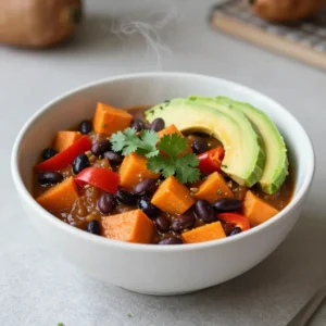- 2 medium sweet potatoes, peeled and diced into 1-inch cubes - 1 can (15 oz) black beans, drained and thoroughly rinsed - 1 can (14.5 oz) diced tomatoes, including all juices - 1 medium onion, finely chopped - 2 cloves of garlic, minced - 1 red bell pepper, chopped into bite-sized pieces - 1 green bell pepper, chopped into bite-sized pieces - 2 cups vegetable broth, low-sodium preferred - Fresh cilantro leaves, for garnishing (optional) - Ripe avocado slices, for serving (optional) When you gather these ingredients, you set the stage for a rich and hearty chili. Sweet potatoes give it a sweet and creamy texture. Black beans add protein and fiber. Diced tomatoes bring juicy acidity that balances the flavors. Onion and garlic provide a base of flavor. They build a savory aroma as you saut&eacute; them. Bell peppers add crunch and sweetness. The vegetable broth keeps the chili moist and helps blend the flavors. For garnishes, fresh cilantro adds a burst of color and freshness. Avocado slices bring creaminess and richness to each bowl. You can mix and match these ingredients to suit your taste. {{ingredient_image_2}} - Heating Olive Oil Start by taking a large pot or Dutch oven. Add 2 tablespoons of olive oil and heat it over medium heat. You want the oil to shimmer but not smoke. - Cooking Onion and Garlic Next, chop 1 medium onion finely. Add it to the pot along with 2 cloves of minced garlic. Cook them for about 5 minutes. Stir them often until the onion turns soft and clear. This step builds a tasty base for your chili. - Incorporating Bell Peppers Now, chop 1 red bell pepper and 1 green bell pepper into bite-sized pieces. Toss these peppers into the pot. Cook them for about 3-4 minutes. This step adds sweet and colorful flavors. - Adding Sweet Potatoes and Spices Take 2 medium sweet potatoes, peel them, and cut them into 1-inch cubes. Add them to the pot. Sprinkle in 1 tablespoon of chili powder, 1 teaspoon of ground cumin, and 1 teaspoon of smoked paprika. Stir well for about a minute. This helps the spices release their bold aromas. - Pouring in Broth and Tomatoes Carefully pour in 2 cups of vegetable broth. Then, add a can of 14.5 oz diced tomatoes with their juices. Stir everything together. - Adjusting Cooking Time for Sweet Potatoes Increase the heat until the mixture starts to boil. Then, reduce the heat to low and cover the pot. Let it simmer for 25-30 minutes. Check if the sweet potatoes are tender by using a fork. - Folding in Black Beans Once the sweet potatoes are soft, gently fold in 1 can of black beans that you drained and rinsed. - Adjusting Seasoning Season the chili with salt and freshly cracked black pepper to taste. Let it simmer for another 5-10 minutes. If you want a creamier texture, mash some sweet potato against the pot&rsquo;s side. Now, your sweet potato black bean chili is ready to serve! Mashing Sweet Potato for Creaminess To make the chili creamy, mash a few sweet potato pieces. Use a fork or potato masher against the pot&rsquo;s side. This adds a rich, velvety texture to your chili. It makes each bite feel luxurious and satisfying. Simmering for Enhanced Flavor Letting the chili simmer builds deep flavors. Simmer for at least 25 minutes after adding the broth and tomatoes. This allows the spices to blend well. Stir occasionally to keep the ingredients from sticking. The longer you simmer, the better the taste. Pairing with Bread or Tortilla Chips Serve the chili hot with crusty bread or tortilla chips. The bread soaks up the chili, while chips add a crunchy bite. Both options enhance the meal and make it more fun to eat. Ideal Serving Temperature For the best taste, serve the chili hot. The warmth brings out the flavors. If you want, you can keep it warm in a pot on low heat. This way, it stays cozy for all to enjoy. Alternative Beans or Vegetables Feel free to swap black beans for other beans. Kidney beans or pinto beans work well too. You can also add extra veggies. Try corn, zucchini, or carrots for more nutrients and fun textures. Using Different Spices Experiment with spices to change the flavor. Add a pinch of cayenne for heat or some oregano for a different taste. You can also use fresh herbs like thyme or basil. This keeps the chili exciting and fresh every time you make it. Pro Tips Enhance Flavor: Add a dash of lime juice before serving to brighten the flavors of the chili. Make it Spicier: For an extra kick, toss in some diced jalape&ntilde;os or a pinch of cayenne pepper during cooking. Meal Prep: This chili stores well in the fridge for up to 4 days and can be frozen for up to 3 months, making it perfect for meal prep. Garnishing Ideas: Consider topping with crumbled feta or a dollop of sour cream for added creaminess and flavor contrast. {{image_4}} If you love heat, add jalape&ntilde;os or hot sauce. You can chop fresh jalape&ntilde;os and toss them into the pot with the onions and garlic. This step brings a delightful kick to the chili. For a quicker option, drizzle in your favorite hot sauce while stirring in the black beans. Adjust the amount based on your spice tolerance. Just remember, a little heat goes a long way. To make this chili even heartier, mix in quinoa or lentils. Quinoa cooks quickly and adds a nutty flavor. Cook it separately, then stir it in during the last few minutes. Lentils are great too; they thicken the chili and boost protein. Use cooked lentils right before serving. Both options help create a filling meal for everyone. Get creative with flavors by adding cocoa powder or cinnamon. A teaspoon of cocoa powder adds depth and richness. It makes the chili taste more complex without being sweet. Cinnamon gives a warm spice that enhances the sweetness of the potatoes. Just a pinch will surprise you with its warmth and comfort. Try these twists for a new experience every time. To store leftover chili, let it cool first. Transfer the chili to an airtight container. Seal it well to keep out air. Place the container in the fridge. Leftover chili stays good for about 4 to 5 days. If you want to keep chili longer, freezing works great. Spoon the cooled chili into freezer-safe bags. Press out as much air as you can before sealing. You can also use airtight containers. Make sure to label the containers with the date. Frozen chili lasts about 3 to 6 months. When you&rsquo;re ready to eat, thaw the chili in the fridge overnight. You can reheat it on the stove or in the microwave. On the stove, warm it over low heat, stirring often. In the microwave, use a microwave-safe bowl. Heat in short bursts, stirring in between. Check that it&rsquo;s hot all the way through before serving. Yes, you can make this chili in a slow cooker. Just follow these steps: 1. Saut&eacute; the onion and garlic: Begin by heating olive oil in a pan. Saut&eacute; the chopped onion and minced garlic until soft. This will add great flavor. 2. Add to the slow cooker: Place the saut&eacute;ed mixture into your slow cooker. Then, add the diced sweet potatoes, black beans, diced tomatoes, and bell peppers. 3. Season it: Sprinkle in the chili powder, cumin, smoked paprika, salt, and pepper. Stir everything together. 4. Pour in the broth: Add vegetable broth and mix well. Make sure all ingredients are covered. 5. Set and cook: Cover and cook on low for about 6-8 hours. If you're short on time, cook on high for 3-4 hours. Adjust the cooking time based on your slow cooker. You want the sweet potatoes to be fork-tender when done. This chili brings many health benefits. Here are some key nutrients: - Sweet Potatoes: They are high in fiber and vitamins A and C. These help with your immune system and skin health. - Black Beans: These are rich in protein and fiber. They help keep you full and support muscle health. - Bell Peppers: They provide vitamins A and C, which are good for your eyesight and skin. - Vegetable Broth: Low-sodium broth keeps the chili flavorful without too much salt. This chili is not only tasty but also nutritious. It fits well into many diets, providing a great mix of flavors and health benefits. Making this chili vegan is easy. Here&rsquo;s how: - Use plant-based broth: Ensure you use vegetable broth, not chicken broth. - Check canned goods: Look for black beans and diced tomatoes that have no animal products. Most brands are vegan-friendly. - Skip dairy garnishes: If you like to add cheese or sour cream, use avocado or skip it for a vegan option. Following these steps will give you a hearty vegan chili that everyone can enjoy! This article has covered how to make a tasty Sweet Potato Black Bean Chili. You learned about key ingredients, like sweet potatoes, black beans, and spices. We walked through each cooking step, ensuring your chili is perfect every time. Remember, you can adjust this recipe to fit your tastes. Add spice or mix in other veggies. With the right tips, your chili will be creamy and flavorful. Try different variations to keep it exciting. Enjoy your cooking adventure!