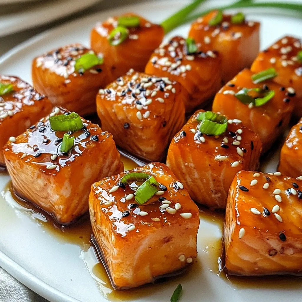 Start with 1 pound of fresh salmon fillet. Remove the skin and cut it into bite-sized cubes. Fresh salmon gives the best taste and texture. For the marinade, you will need: - 1/4 cup honey - 3 tablespoons low-sodium soy sauce - 2 cloves garlic, finely minced - 1 tablespoon fresh ginger, grated - 1 tablespoon olive oil - 1 teaspoon sesame oil These ingredients blend to create a sweet and savory flavor that enhances the salmon. To finish the dish, gather: - 1 tablespoon sesame seeds - 2 green onions, finely chopped - Salt and freshly ground black pepper to taste These garnishes add a nice crunch and fresh taste. They also make the dish look great when served. {{ingredient_image_2}} To start, gather your ingredients. In a medium bowl, mix the honey, low-sodium soy sauce, minced garlic, grated ginger, olive oil, and sesame oil. Use a whisk to blend them well. This marinade gives the salmon a sweet and savory flavor that you will love. Next, take your fresh salmon fillet and cut it into bite-sized cubes. Carefully add the salmon to the bowl with the marinade. Make sure each piece is coated well. Cover the bowl with plastic wrap and place it in the refrigerator. Let it marinate for 15 to 30 minutes. This step allows the salmon to soak up all the tasty flavors. Preheat your oven to 400°F (200°C). While it's heating, line a baking sheet with parchment paper. This will help prevent sticking. Arrange the marinated salmon bites in a single layer on the baking sheet. Drizzle any leftover marinade over the salmon for extra flavor. - Turning and Final Touches Bake the salmon bites for 12 to 15 minutes. Halfway through, gently turn the salmon cubes. This ensures even cooking and a beautiful golden color. Once done, take them out and let them cool for a few minutes. Before serving, sprinkle sesame seeds and chopped green onions on top. These add a nice crunch and fresh taste. Enjoy your honey garlic salmon bites warm or at room temperature! When picking salmon, look for bright, shiny skin. The fish should smell fresh, not fishy. Wild-caught salmon often has better flavor than farmed. If you can, choose sockeye or king salmon for richer taste. Ask your fishmonger for help if you're unsure. Fresh salmon makes a big difference in this recipe. To get the best texture, cut the salmon into even cubes. This helps them cook evenly. Marinate the salmon for at least 15 minutes but not more than 30 minutes. Over-marinating can make the fish mushy. Bake the bites until they are just cooked through. Keep an eye on them; they cook quickly. Want to boost the flavor? Add a dash of chili flakes for heat. You can also mix in a splash of rice vinegar for tang. For a smoky taste, try using smoked soy sauce. Fresh herbs like cilantro or basil can also brighten the dish. Don't forget to sprinkle sesame seeds and green onions before serving for extra crunch and color. Pro Tips Marinating Time: Allow the salmon to marinate for the full 30 minutes for maximum flavor infusion. This enhances the sweet and savory notes in the dish. Even Cooking: Make sure the salmon cubes are of uniform size to ensure even cooking and prevent some pieces from being overcooked while others remain undercooked. Check for Doneness: Salmon is perfectly cooked when it flakes easily with a fork and has an internal temperature of 145°F (63°C). Keep an eye on it during baking! Garnishing Tips: Add a squeeze of fresh lime juice just before serving for an extra zing. It balances the sweetness of the honey and enhances the overall flavor profile. {{image_4}} You can change the flavor of your honey garlic salmon bites. Try adding a splash of lime juice for a zesty twist. You can also mix in some chili flakes for a bit of heat. If you want a tropical vibe, use pineapple juice in the marinade. This adds sweetness and a fun flavor. You can even switch the honey for maple syrup for a unique taste. Each option brings a new taste experience while still being easy to make. If baking isn't your style, you can grill the salmon bites. Just preheat your grill to medium heat. Skewering the salmon makes it easy to turn while cooking. You can also pan-sear the salmon bites in a hot skillet. This gives them a nice crust and rich flavor. Cook them for about 3-4 minutes on each side. Both methods can add a smoky touch that pairs well with the honey garlic sauce. Think about how you want to serve your salmon bites. They shine as a starter at parties or casual dinners. You can serve them on toothpicks for easy eating. Pair them with a tangy dipping sauce like a spicy mayo or a cilantro dressing. For a full meal, serve them over rice or a fresh salad. Garnish with extra sesame seeds and chopped green onions to make them look great. These bites are sure to impress your guests! After enjoying your honey garlic salmon bites, let them cool to room temperature. Place any leftovers in an airtight container. Store them in the fridge for up to three days. If you want to keep them longer, freezing is a great option. To reheat your salmon bites, preheat your oven to 350°F (175°C). Arrange the salmon bites on a baking sheet. Heat them for about 10 minutes until they are warm. You can also use a microwave, but be careful not to overcook them. If you want to freeze your salmon bites, first let them cool completely. Place them in a single layer on a baking sheet and freeze for about an hour. Once frozen, transfer them to a freezer-safe bag or container. They can stay frozen for up to three months. When you're ready to eat, thaw in the fridge overnight before reheating. Yes, you can use frozen salmon. Just make sure to thaw it first. I recommend placing the frozen salmon in the fridge overnight. If you need it fast, you can run it under cold water. Once thawed, remove the skin and cut it into bite-sized cubes. You can check if the salmon is done by looking at its color. The salmon should turn from bright pink to a light opaque color. You can also use a fork to flake the fish. If it flakes easily, it's ready. The internal temperature should reach 145°F (63°C) for safety. Honey garlic salmon bites pair well with many sides. I suggest serving them with: - Steamed rice or quinoa - A fresh green salad - Grilled vegetables - Noodles tossed in sesame oil These options bring out the flavors of the salmon and make a great meal. In this post, we explored how to make delicious honey garlic salmon bites. We discussed the fresh salmon, marinade, and garnishes that create great flavors. I shared easy steps for preparing, marinating, and baking the salmon. You learned tips for choosing the best fish and achieving the perfect texture. I also offered variations and storage tips for leftovers. Enjoy experimenting with this recipe and making it your own!