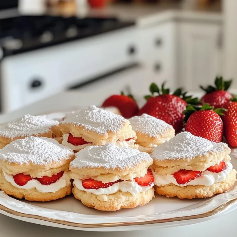 To make delicious strawberry shortcake cookies, you need the following items: - 1 cup all-purpose flour - ½ cup almond flour - 1 teaspoon baking powder - ¼ teaspoon baking soda - ¼ teaspoon salt - ½ cup unsalted butter, softened - ⅓ cup granulated sugar - 1 large egg - 1 teaspoon vanilla extract - 1 cup fresh strawberries, hulled and diced - ¼ cup powdered sugar (for dusting) These ingredients come together to create a soft and sweet cookie with juicy strawberries. You can swap some ingredients if needed: - Use whole wheat flour instead of all-purpose flour for a nuttier taste. - Coconut flour can replace almond flour for a gluten-free option. - If you don’t have unsalted butter, use salted butter. Just reduce the added salt. - Maple syrup can replace granulated sugar for a natural sweetener. - If you can’t find fresh strawberries, use frozen strawberries, but thaw and drain them first. These swaps will still give you a tasty cookie. Adding a few toppings can make your cookies even better: - Dust with more powdered sugar for a sweet touch. - Serve with whipped cream for a creamy contrast. - Add a sprinkle of crushed nuts for crunch. - Garnish with fresh whole strawberries for color. These options let you make your cookies stand out on any dessert table. {{ingredient_image_2}} Start by preheating your oven to 350°F (175°C). This step ensures your cookies bake evenly. While it heats up, line a baking sheet with parchment paper. This makes cleanup easy. In a medium bowl, combine the all-purpose flour, almond flour, baking powder, baking soda, and salt. Use a whisk to mix them well. Set this mixture aside for later. In a large bowl, place the softened unsalted butter and granulated sugar. Use an electric mixer on medium speed to cream them together. Beat until the mix is light and fluffy, about 3 to 4 minutes. Once your butter and sugar are fluffy, add the large egg and vanilla extract. Mix until these ingredients are fully combined and smooth. This adds richness to your cookies. Now it’s time for the strawberries! Gently fold the diced strawberries into the cookie dough using a spatula. Be careful not to crush them; you want nice chunks of fruit in each cookie. Use a tablespoon to scoop dough onto your prepared baking sheet. Space the scoops about 2 inches apart. Bake in the preheated oven for 10 to 12 minutes. The edges should be lightly golden. After baking, let the cookies cool on the sheet for about 5 minutes. Then, transfer them to a wire rack to cool completely. Dust with powdered sugar before serving for that perfect finish! To get the best cookie texture, follow a few key steps. First, use both all-purpose and almond flour. This mix gives a nice chew and flavor. Measure your flour accurately by spooning it into the cup and leveling it off. Overpacking can make cookies dry. Next, cream the butter and sugar until light and fluffy. This step adds air and makes the cookies soft. When adding the dry mix, stir gently. Overmixing can lead to tough cookies. Lastly, keep an eye on the baking time. Bake until the edges are light golden. This will give you a perfect balance of chewy and crispy. To keep your cookies fresh, store them in an airtight container. This will trap moisture and keep them soft. You can also add a slice of bread to the container. The bread helps maintain moisture levels. If you want to store them longer, freeze the cookies. Wrap each cookie in plastic wrap and place them in a freezer-safe bag. They last well for up to three months. Just thaw them at room temperature before enjoying. Avoid these common mistakes for the best results. First, don’t skip the softening of butter. Cold butter won’t blend well and can lead to dense cookies. Also, measure your ingredients carefully. Too much flour or sugar can ruin the texture. Another mistake is not letting the cookies cool properly. If you move them too soon, they can break apart. Always let them sit for a few minutes on the baking sheet before transferring to a wire rack. This helps them firm up and makes them easier to handle. Pro Tips Use Fresh Strawberries: Always opt for fresh, ripe strawberries for the best flavor and texture in your cookies. Frozen strawberries can make the dough soggy. Don’t Overmix: When combining the dry and wet ingredients, mix just until combined to ensure your cookies remain tender and chewy. Chill the Dough: If you have time, chill the cookie dough for 30 minutes before baking. This helps the cookies hold their shape better while baking. Experiment with Flours: For a unique twist, try substituting some of the all-purpose flour with whole wheat flour or coconut flour for added flavor and nutrition. {{image_4}} You can change the fruit in your cookies. Try blueberries, raspberries, or peaches. Each fruit brings its own fun taste. Mix in about one cup of your choice. Chop larger fruits into small pieces. This keeps the cookies soft and chewy. You can make these cookies gluten-free! Replace regular flour with a gluten-free blend. Use a one-to-one blend for best results. Almond flour adds a nice nutty flavor and texture. Always check labels for gluten-free safety. These cookies will still taste amazing! Get creative with flavors! Add lemon zest for a fresh twist. A bit of almond extract brings a warm, nutty taste. You can also mix in a pinch of cinnamon for warmth. Want more fun? Try mini chocolate chips with strawberries. The options are endless; let your taste buds guide you! To keep your strawberry shortcake cookies fresh, store them in an airtight container. This helps lock in moisture and flavor. Place parchment paper between layers to prevent sticking. Store the cookies at room temperature, away from heat and sunlight. When stored properly, these cookies last about 4 to 5 days. If you notice any changes in texture or smell, it's best to discard them. Always check for freshness before serving. Freezing is a great way to extend the life of your cookies. To freeze, let the cookies cool completely. Then, place them in a single layer on a baking sheet. Freeze for about an hour until firm. Once frozen, transfer them to a freezer-safe bag or container. They can last up to 3 months in the freezer. When ready to eat, thaw them at room temperature or warm them in the oven for a few minutes. Yes, you can use frozen strawberries. Just thaw and drain them first. Frozen strawberries can add a nice flavor. However, they may make the dough a bit wet. You might need to adjust the dry ingredients slightly. You know the cookies are done when the edges turn lightly golden. This usually takes about 10 to 12 minutes in a 350°F oven. If you gently press the center, it should feel set. They may look soft but will firm up as they cool. Yes, you can make the dough ahead of time. Cover it tightly and store it in the fridge. It will stay fresh for up to 24 hours. Just scoop and bake when you are ready. This makes a quick dessert easy for any time! Now you’re ready to bake delicious cookies with strawberries. We covered the key ingredients, helpful tips, and creative variations. I shared storage advice to keep your cookies fresh longer. Remember, you can try different fruits and flavors to suit your taste. Baking should be fun and rewarding. Enjoy the process and the tasty results!