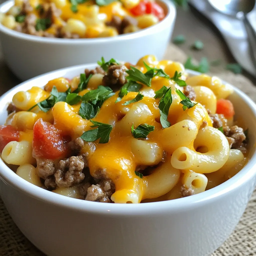 To make a tasty one-pot hamburger helper, you need some basic ingredients. Here’s what you will need: - 1 pound ground beef - 1 small onion, finely diced - 3 cloves garlic, minced - 2 cups elbow macaroni - 4 cups beef broth (preferably low-sodium) - 1 cup diced tomatoes (canned or fresh, drained if using canned) - 2 teaspoons Worcestershire sauce - 1 teaspoon smoked paprika - 1/2 teaspoon freshly ground black pepper - 1 cup shredded sharp cheddar cheese - 1/2 cup sour cream - Fresh parsley, finely chopped (for garnish) These ingredients come together to create a rich and creamy dish that is sure to please everyone. You can customize your one-pot hamburger helper to fit your taste. Here are some optional ingredients you might add: - Bell peppers for sweetness - Mushrooms for an earthy flavor - Spinach for extra greens - Hot sauce for a kick - Different cheese types like mozzarella or pepper jack Adding these ingredients can make your meal unique and fun. If you have dietary needs, don’t worry. You can adjust this recipe easily. Here are some swaps: - Use turkey or chicken instead of beef for a leaner option. - Try plant-based meat for a vegetarian version. - Use vegetable broth for a meat-free dish. - Substitute gluten-free pasta if you need to avoid gluten. These substitutions keep the dish delicious while catering to different diets. {{ingredient_image_2}} Start by grabbing a large pot or a Dutch oven. Heat it over medium heat. Add 1 pound of ground beef, 1 small diced onion, and 3 minced garlic cloves. Stir the mix with a spoon. Cook until the beef turns brown and the onion looks clear. This should take about 5 to 7 minutes. If there is extra fat in the pot, drain it. This step helps keep your dish from being greasy. Next, stir in 2 cups of elbow macaroni. Pour in 4 cups of low-sodium beef broth. Add 1 cup of diced tomatoes, 2 teaspoons of Worcestershire sauce, 1 teaspoon of smoked paprika, and 1/2 teaspoon of black pepper. Mix all the ingredients well. Turn the heat up to bring it to a boil. Once it boils, lower the heat to a simmer and cover the pot. Let it cook for 12 to 15 minutes. Stir every now and then to stop it from sticking. The macaroni will be tender when done, and most of the liquid should be gone. Once the macaroni is ready, take the pot off the heat. Now, stir in 1 cup of shredded sharp cheddar cheese and 1/2 cup of sour cream. Keep stirring until the cheese melts and the dish becomes creamy. For a fresh touch, sprinkle finely chopped parsley on top before serving. Enjoy your meal in bowls, and feel free to add more cheese if you like! To keep the macaroni just right, watch the clock. Cook it for 12-15 minutes. Stir every few minutes to prevent sticking. If you see it getting too soft, take it off the heat. The macaroni will keep cooking after you remove it. Aim for a firm bite, or "al dente." This way, the pasta stays tasty and holds its shape. When adding cheese and sour cream, do it off the heat. This keeps the cheese smooth and creamy. Stir in the cheese a little at a time. Let it melt before adding more. For sour cream, mix it in gently. This helps keep the dish creamy and rich. If you rush, the cheese can clump, and we want a silky finish. You only need a few tools for this dish. A large pot or Dutch oven is key for even cooking. A wooden spoon helps mix ingredients well and won't scratch your pot. Use a ladle for serving; it makes dishing out easy. Lastly, have a cutting board and knife ready for chopping. Keep it simple, and you’ll enjoy cooking even more! Pro Tips Brown the Beef Properly: Ensure the ground beef is well-browned for maximum flavor. This caramelization adds depth to the dish. Choose Your Cheese: For a different flavor profile, try mixing in other cheeses like gouda or pepper jack along with the cheddar. Vegetable Boost: Add chopped bell peppers or spinach for an extra veggie boost that enhances both nutrition and flavor. Leftover Magic: This dish reheats beautifully. Make a larger batch and enjoy leftovers for an easy meal later in the week. {{image_4}} You can easily make this dish vegetarian. Just swap the ground beef for plant-based crumbles. These crumbles mimic the texture of meat and soak up flavors well. Use the same amount, about 1 pound. Cook them just like you would the beef. You’ll still get a hearty, comforting meal that everyone can enjoy. If you need a gluten-free version, use gluten-free pasta. Look for elbow macaroni made from rice or chickpeas. Cook it in the same way. You may need to adjust the cooking time. Keep an eye on it so it doesn’t overcook. This way, you can enjoy the same great taste without the gluten. To change the spice level, you can add or reduce spices. If you like it mild, skip the smoked paprika. For heat, add red pepper flakes or a dash of hot sauce. You can always taste as you go. This lets you find the right balance for your family. Everyone can enjoy a bowl of this dish just the way they like it! After enjoying your Cheesy Beef and Mac Delight, store any leftovers in an airtight container. Let the dish cool to room temperature before sealing. This step helps keep the texture fresh. Place the container in the fridge for up to three days. To reheat, scoop the desired amount into a pot. Add a splash of beef broth or water to keep it moist. Heat over medium-low, stirring often. This method helps the dish stay creamy. You can also use a microwave. Heat in 30-second intervals, stirring in between. If you want to freeze your leftovers, use a freezer-safe container. Make sure to leave some space at the top, as the dish may expand. It can last for about three months in the freezer. When ready to eat, move it to the fridge for a night to thaw. Reheat using the stovetop or microwave as mentioned above for the best results. Yes, you can make this recipe in advance. Prepare the dish, but do not add cheese or sour cream yet. Store the pot in the fridge for up to three days. When you are ready to serve, reheat it on the stove over low heat. Add the cheese and sour cream just before serving. This keeps the dish creamy and fresh. You can serve many sides with Hamburger Helper. Here are a few ideas: - Buttery garlic bread - Steamed broccoli or green beans - A simple mixed green salad - Roasted vegetables, like carrots and zucchini These sides add color and balance to the meal. To spice up your Hamburger Helper, try these tips: - Add chopped jalapeños or red pepper flakes during cooking. - Use spicy sausage instead of ground beef. - Mix in hot sauce or your favorite chili sauce before serving. These ideas will give your dish a nice kick! This blog post covered how to make a tasty one-pot Hamburger Helper. We explored main and optional ingredients, cooking steps, and tips to get it right. You learned about tasty variations, proper storage, and answers to common questions. Now, you can customize this dish to fit your needs. Enjoy making it your own and sharing with others. This easy recipe is perfect for busy nights.